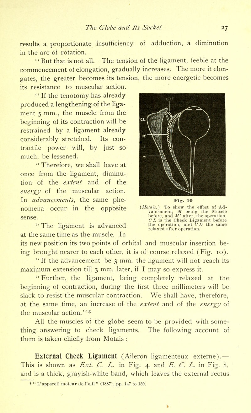 results a proportionate insufficiency of adduction, a diminution in the arc of rotation.  But that is not all. The tension of the ligament, feeble at the commencement of elongation, gradually increases. The more it elon- gates, the greater becomes its tension, the more energetic becomes its resistance to muscular action. '' If the tenotomy has already produced a lengthening of the liga- ment 5 mm., the muscle from the beginning of its contraction will be restrained by a ligament already considerably stretched. Its con- tractile power will, by just so much, be lessened. *' Therefore, we shall have at once from the ligament, diminu- tion of the exte?it and of the energy of the muscular action. In advancements, the same phe- nomena occur in the opposite sense. The ligament is advanced at the same time as the muscle. In its new position its two points of orbital and muscular insertion be- ing brought nearer to each other, it is of course relaxed (Fig. 10). If the advancement be 3 mm. the ligament will not reach its maximum extension till 3 mm. later, if I may so express it. Further, the ligament, being completely relaxed at the beginning of contraction, during the first three millimeters will be slack to resist the muscular contraction. We shall have, therefore, at the same time, an increase of the extent and of the energy of the muscular action.* All the muscles of the globe seem to be provided with some- thing answering to check ligaments. The following account of them is taken chiefly from Motais : External Check Li§:ament (Aileron ligamenteux externe).— This is shown as Ext. C. L. in Fig. 4, and E. C. L. in Fig. 8, and is a thick, grayish-white band, which leaves the external rectus * L'appareil nioteur de Fanl (1887), pp. 147 to 150. Fig. 10 {Mutais.) To show the effect of Ad- vancement, M being the Muscle before, and M' after, the operation. CZ/ is the Check Ligament before the operation, and CL' the same relaxed after operation.