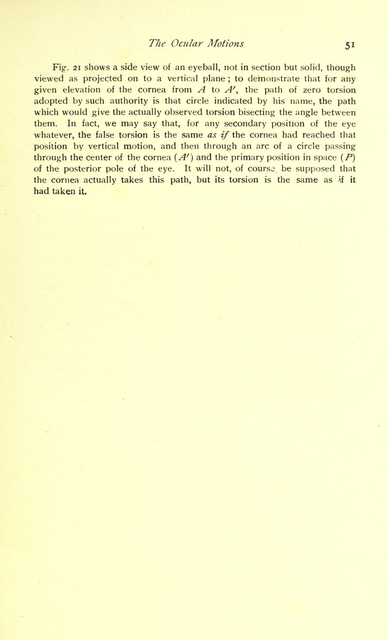 Fig. 21 shows a side view of an eyeball, not in section but solid, though viewed as projected on to a vertical plane ; to demonstrate that for any given elevation of the cornea from A to A\ the path of zero torsion adopted by such authority is that circle indicated by his name, the path which would give the actually observed torsion bisecting the angle between them. In fact, we may say that, for any secondary position of the eye whatever, the false torsion is the same as if the cornea had reached that position by vertical motion, and then through an arc of a circle passing through the center of the cornea {A') and the primary position in space (/*) of the posterior pole of the eye. It will not, of course be supposed that the cornea actually takes this path, but its torsion is the same as Af it had taken it.