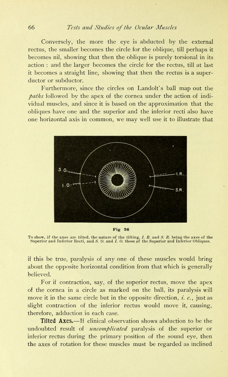 Conversely, the more the eye is abducted by the external rectus, the smaller becomes the circle for the oblique, till perhaps it becomes nil, showing that then the oblique is purely torsional in its action : and the larger becomes the circle for the rectus, till at last it becomes a straight line, showing that then the rectus is a super- ductor or subductor. Furthermore, since the circles on Landolt's ball map out the paths followed by the apex of the cornea under the action of indi- vidual muscles, and since it is based on the approximation that the obliques have one and the superior and the inferior recti also have one horizontal axis in common, we may well use it to illustrate that Fig 36 To show, if the axes are tilted, the nature of the tilting, /. R. and <S'. R. being the axes of the Superior and Inferior Recti, and S. 0. and /. 0. those ,of the Superior and Inferior Obliques. if this be true, paralysis of any one of these muscles would bring about the opposite horizontal condition from that which is generally believed. For if contraction, say, of the superior rectus, move the apex of the cornea in a circle as marked on the ball, its paralysis will move it in the same circle but in the opposite direction, i. e.^ just as slight contraction of the inferior rectus would move it, causing, therefore, adduction in each case. Tilted Axes.—If clinical observation shows abduction to be the undoubted result of uncomplicated paralysis of the superior or inferior rectus during the primary position of the sound eye, then the axes of rotation for these muscles must be regarded as inclined