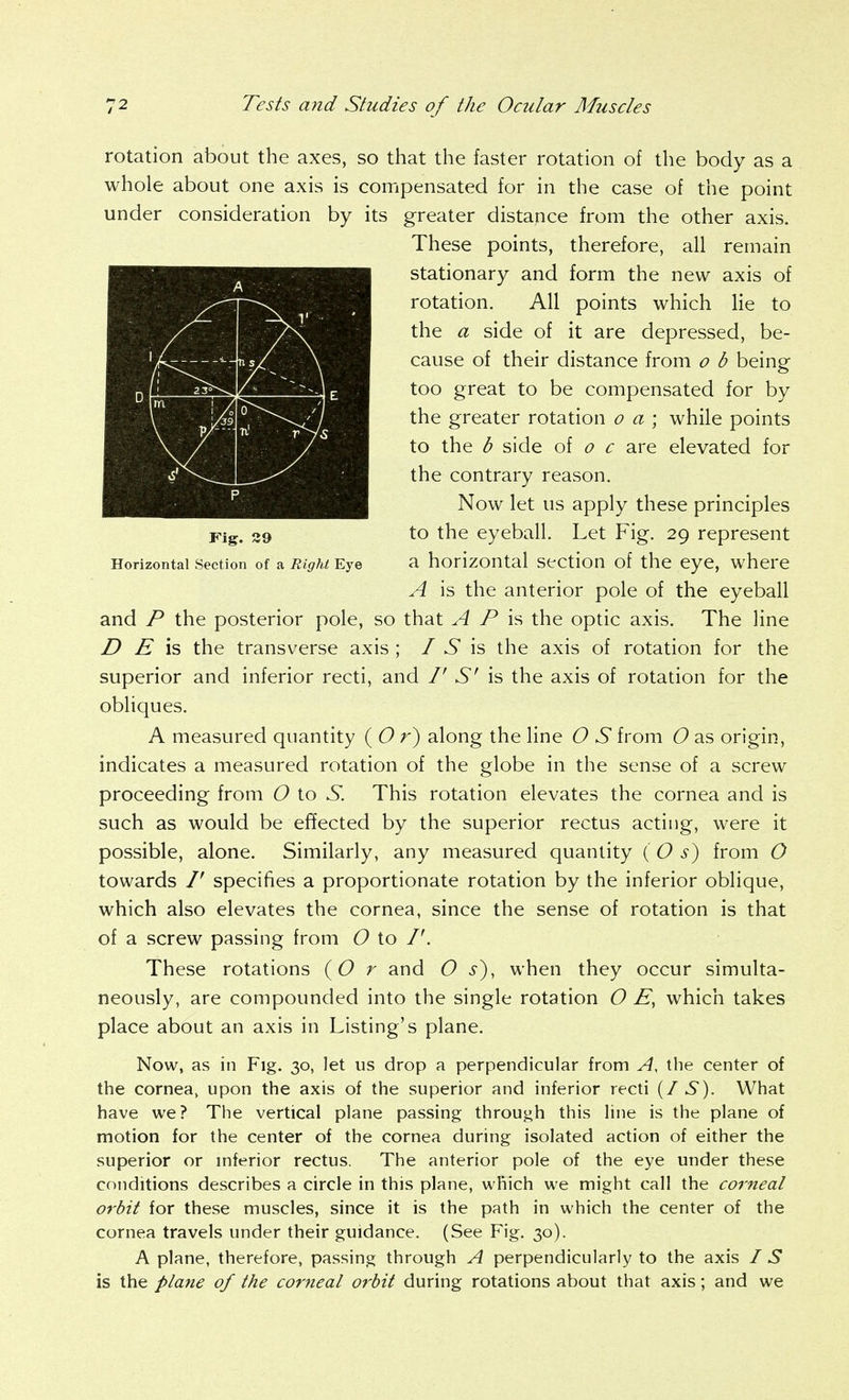 rotation about the axes, so that the faster rotation of the body as a whole about one axis is compensated for in the case of the point under consideration by its greater distance from the other axis. These points, therefore, all remain stationary and form the new axis of rotation. All points which He to the a side of it are depressed, be- cause of their distance from o b being too great to be compensated for by the greater rotation o a ; while points to the b side oi o c are elevated for the contrary reason. Now let us apply these principles to the eyeball. Let Fig. 29 represent Horizontal Section of a Right Eye a horizontal section of the eye, where A is the anterior pole of the eyeball and P the posterior pole, so that A P i?, the optic axis. The line D E \s the transverse axis ; I S \s the axis of rotation for the superior and inferior recti, and /' S' is the axis of rotation for the obliques. A measured quantity (Or) along the line O S from O as origin, indicates a measured rotation of the globe in the sense of a screw proceeding from O to S. This rotation elevates the cornea and is such as would be effected by the superior rectus acting, were it possible, alone. Similarly, any measured quantity ( O s) from O towards /' specifies a proportionate rotation by the inferior oblique, which also elevates the cornea, since the sense of rotation is that of a screw passing from O to /'. These rotations (Or and O s), when they occur simulta- neously, are compounded into the single rotation O which takes place about an axis in Listing's plane. Now, as in Fig. 30, let us drop a perpendicular from A, the center of the cornea, upon the axis of the superior and inferior recti {/S). What have we? The vertical plane passing through this line is the plane of motion for the center of the cornea during isolated action of either the superior or inferior rectus. The anterior pole of the eye under these conditions describes a circle in this plane, which we might call the corneal orbit for these muscles, since it is the path in which the center of the cornea travels under their guidance. (See Fig. 30). A plane, therefore, passing through A perpendicularly to the axis / S is the plane of the cortical orbit during rotations about that axis; and we