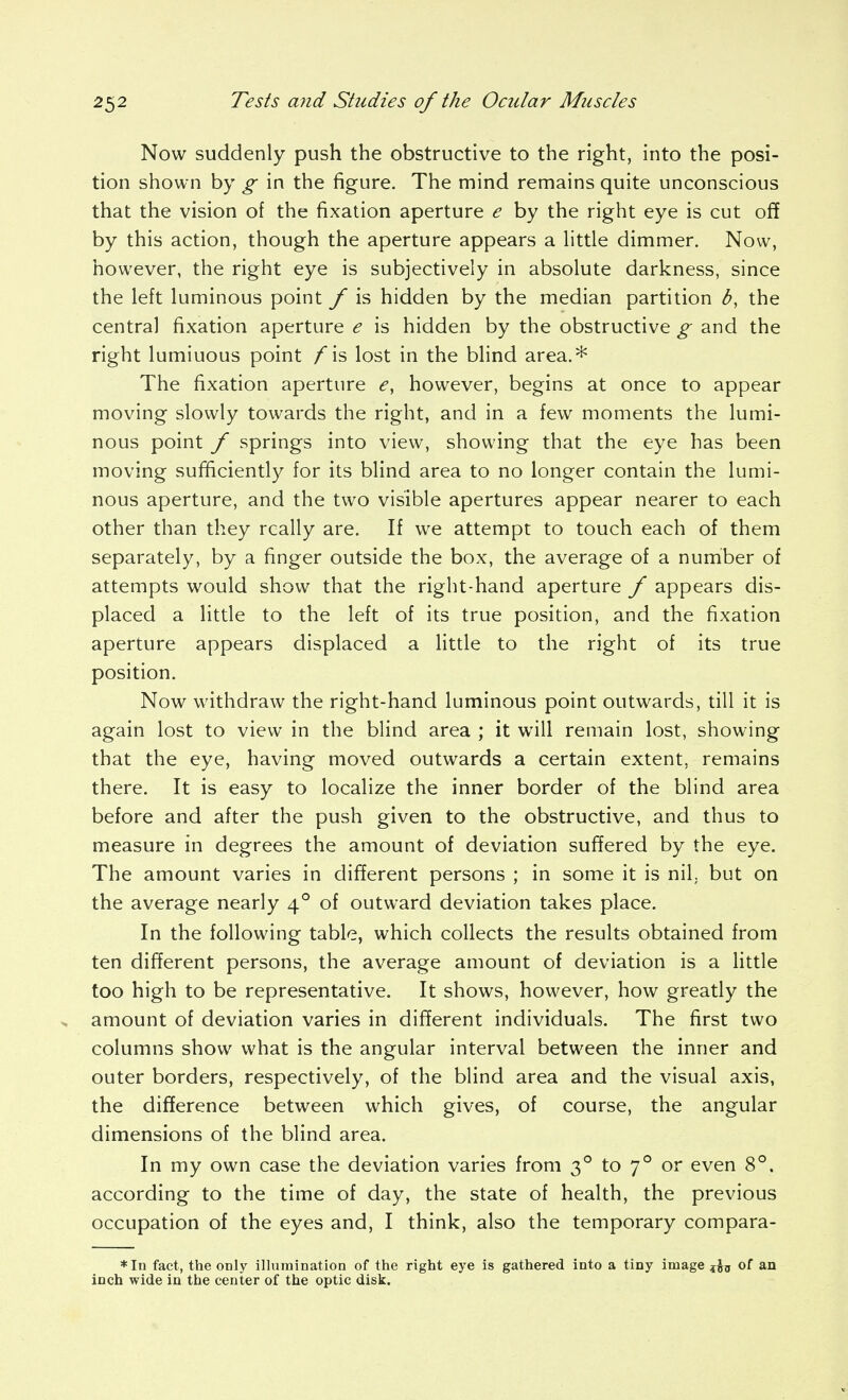 Now suddenly push the obstructive to the right, into the posi- tion shown by g in the figure. The mind remains quite unconscious that the vision of the fixation aperture e by the right eye is cut off by this action, though the aperture appears a httle dimmer. Now, however, the right eye is subjectively in absolute darkness, since the left luminous point f is hidden by the median partition b, the central fixation aperture e is hidden by the obstructive g and the right luminous point /is lost in the blind area.* The fixation aperture «?, however, begins at once to appear moving slowly towards the right, and in a few moments the lumi- nous point f springs into view, showing that the eye has been moving sufficiently for its blind area to no longer contain the lumi- nous aperture, and the two visible apertures appear nearer to each other than they really are. If we attempt to touch each of them separately, by a finger outside the box, the average of a number of attempts would show that the right-hand aperture f appears dis- placed a little to the left of its true position, and the fixation aperture appears displaced a little to the right of its true position. Now withdraw the right-hand luminous point outwards, till it is again lost to view in the blind area ; it will remain lost, showing that the eye, having moved outwards a certain extent, remains there. It is easy to localize the inner border of the blind area before and after the push given to the obstructive, and thus to measure in degrees the amount of deviation suffered by the eye. The amount varies in different persons ; in some it is nil. but on the average nearly 4° of outward deviation takes place. In the following table, which collects the results obtained from ten different persons, the average amount of deviation is a little too high to be representative. It shows, however, how greatly the amount of deviation varies in different individuals. The first two columns show what is the angular interval between the inner and outer borders, respectively, of the blind area and the visual axis, the diflerence between which gives, of course, the angular dimensions of the blind area. In my own case the deviation varies from 3° to 7° or even 8°. according to the time of day, the state of health, the previous occupation of the eyes and, I think, also the temporary compara- *In fact, the only illumination of the right eye is gathered into a tiny image of an inch wide in the center of the optic disk.
