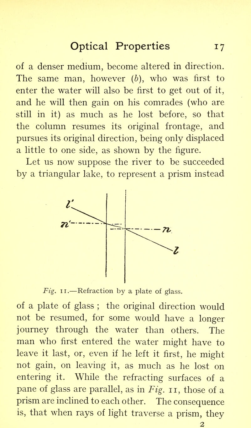 of a denser medium, become altered in direction. The same man, however (6), who was first to enter the water will also be first to get out of it, and he will then gain on his comrades (who are still in it) as much as he lost before, so that the column resumes its original frontage, and pursues its original direction, being only displaced a little to one side, as shown by the figure. Let us now suppose the river to be succeeded by a triangular lake, to represent a prism instead Fig. II.—Refraction by a plate of glass. of a plate of glass ; the original direction would not be resumed, for some would have a longer journey through the water than others. The man who first entered the water might have to leave it last, or, even if he left it first, he might not gain, on leaving it, as much as he lost on entering it. While the refracting surfaces of a pane of glass are parallel, as in Fig, 11, those of a prism are inclined to each other. The consequence is, that when rays of light traverse a prism, they 2