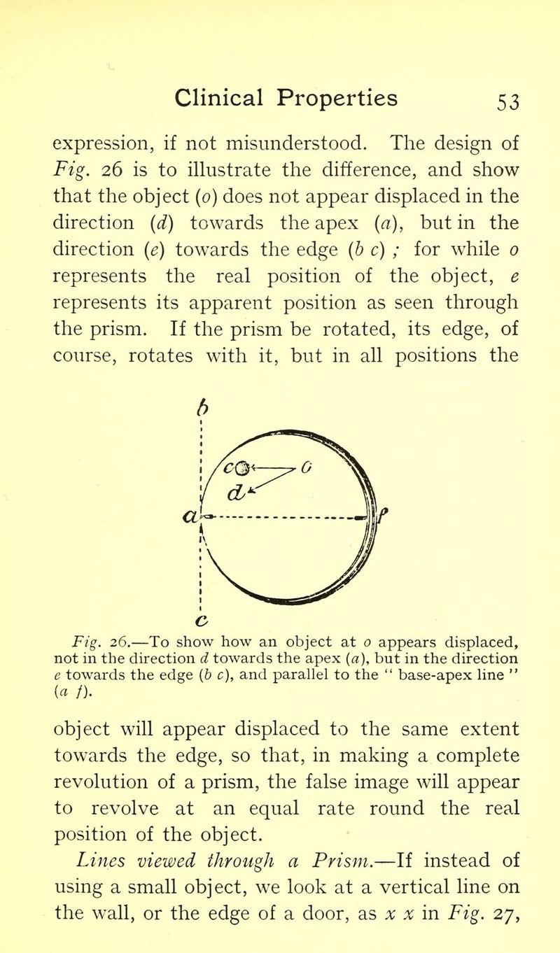 expression, if not misunderstood. The design of Fig. 26 is to illustrate the difference, and show that the object (0) does not appear displaced in the direction {d) towards the apex (a), but in the direction {e) towards the edge (h c) ; for while 0 represents the real position of the object, e represents its apparent position as seen through the prism. If the prism be rotated, its edge, of course, rotates with it, but in all positions the Fig. 26.—To show how an object at 0 appears displaced, not m the direction d towards the apex {a), but in the direction e towards the edge (6 c), and parallel to the base-apex line {a /). object will appear displaced to the same extent towards the edge, so that, in making a complete revolution of a prism, the false image will appear to revolve at an equal rate round the real position of the object. Lmes viewed through a Prism.—If instead of using a small object, we look at a vertical line on the wall, or the edge of a door, x x m. Fig. 27,