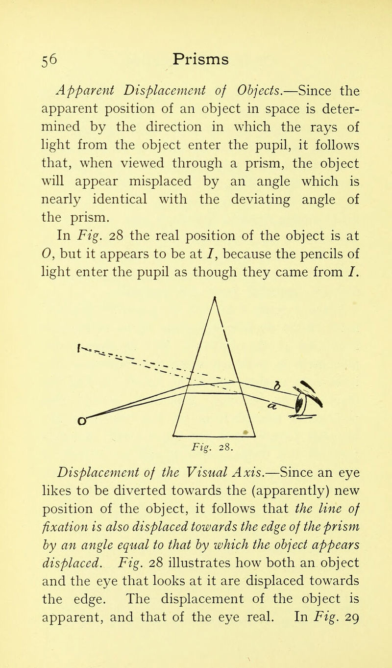 Apparent Displacement of Objects.—Since the apparent position of an object in space is deter- mined by the direction in which the rays of h'ght from the object enter the pupil, it follows that, when viewed through a prism, the object will appear misplaced by an angle which is nearly identical with the deviating angle of the prism. In Fig. 28 the real position of the object is at 0, but it appears to be at 7, because the pencils of light enter the pupil as though they came from I. Fig. 28. Displacement of the Visual Axis.—Since an eye likes to be diverted towards the (apparently) new position of the object, it follows that the line of fixation is also displaced towards the edge of the prism by an angle equal to that by which the object appears displaced. Fig. 28 illustrates how both an object and the eye that looks at it are displaced towards the edge. The displacement of the object is apparent, and that of the eye real. In Fig. 29