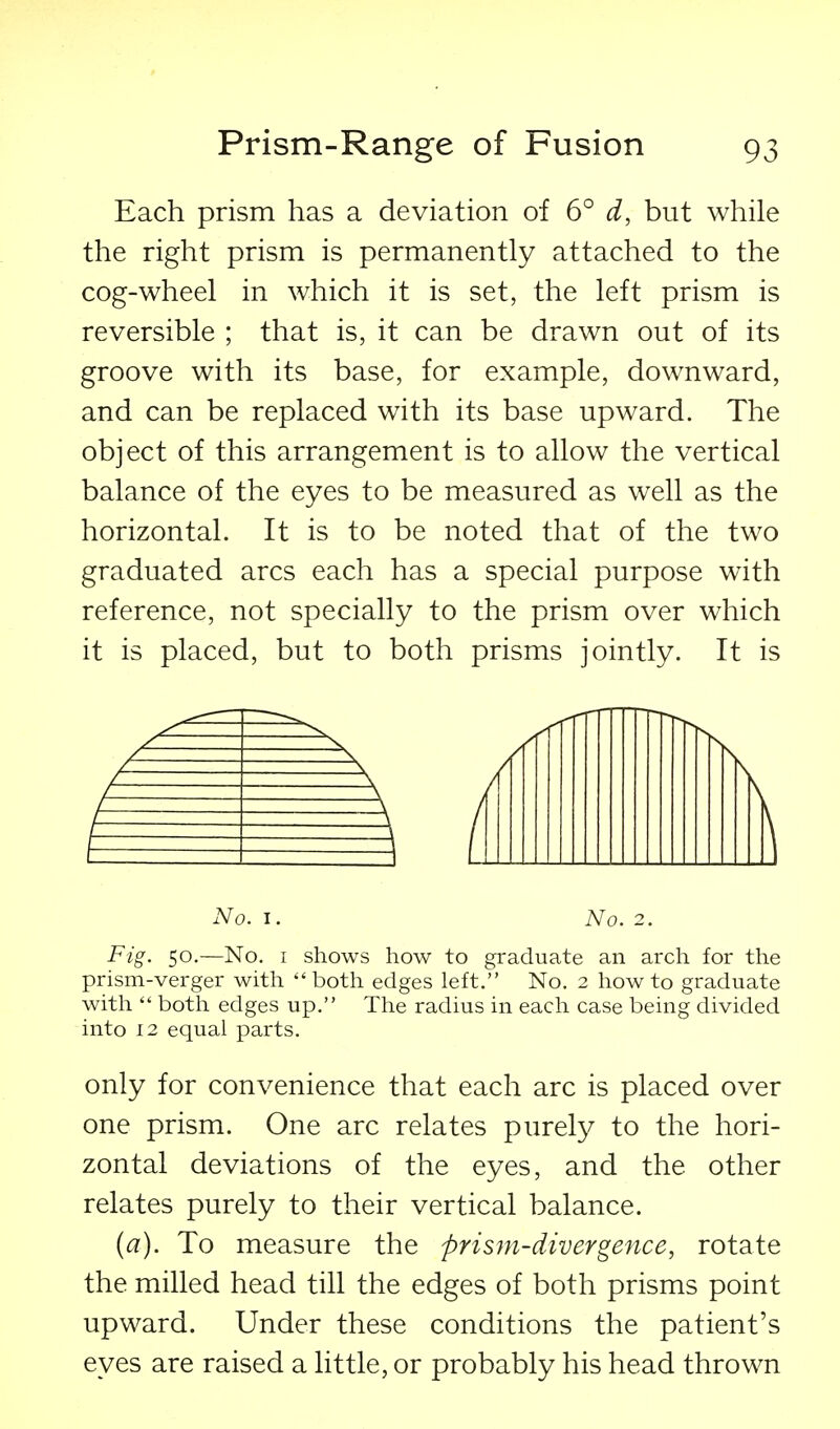 Each prism has a deviation of 6° d, but while the right prism is permanently attached to the cog-wheel in which it is set, the left prism is reversible ; that is, it can be drawn out of its groove with its base, for example, downward, and can be replaced with its base upward. The object of this arrangement is to allow the vertical balance of the eyes to be measured as well as the horizontal. It is to be noted that of the two graduated arcs each has a special purpose with reference, not specially to the prism over which it is placed, but to both prisms jointly. It is No. I. No. 2. Fig. 50.—No, I shows how to graduate an arch for the prism-verger with  both edges left. No. 2 how to graduate with  both edges up. The radius in each case being divided into 12 equal parts. only for convenience that each arc is placed over one prism. One arc relates purel^^ to the hori- zontal deviations of the eyes, and the other relates purely to their vertical balance. {a). To measure the prism-divergence, rotate the milled head till the edges of both prisms point upward. Under these conditions the patient's eyes are raised a little, or probably his head thrown