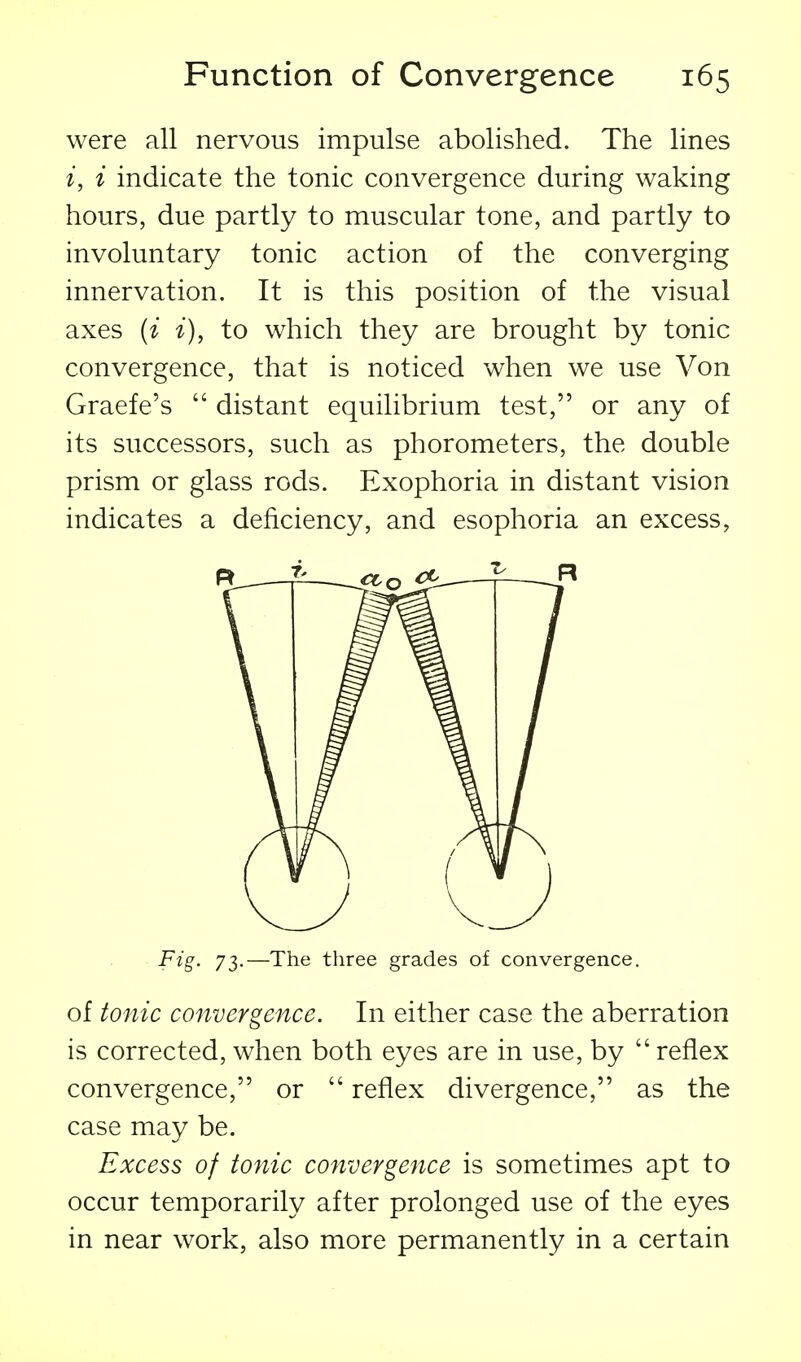 were all nervous impulse abolished. The lines i, i indicate the tonic convergence during waking hours, due partly to muscular tone, and partly to involuntary tonic action of the converging innervation. It is this position of the visual axes (i i), to which they are brought by tonic convergence, that is noticed when we use Von Graefe's  distant equilibrium test, or any of its successors, such as phorometers, the double prism or glass rods. Exophoria in distant vision indicates a deficiency, and esophoria an excess, Fig. 73.—The three grades of convergence. of tonic convergence. In either case the aberration is corrected, when both eyes are in use, by  reflex convergence, or  reflex divergence, as the case may be. Excess of tonic convergence is sometimes apt to occur temporarily after prolonged use of the eyes in near work, also more permanently in a certain