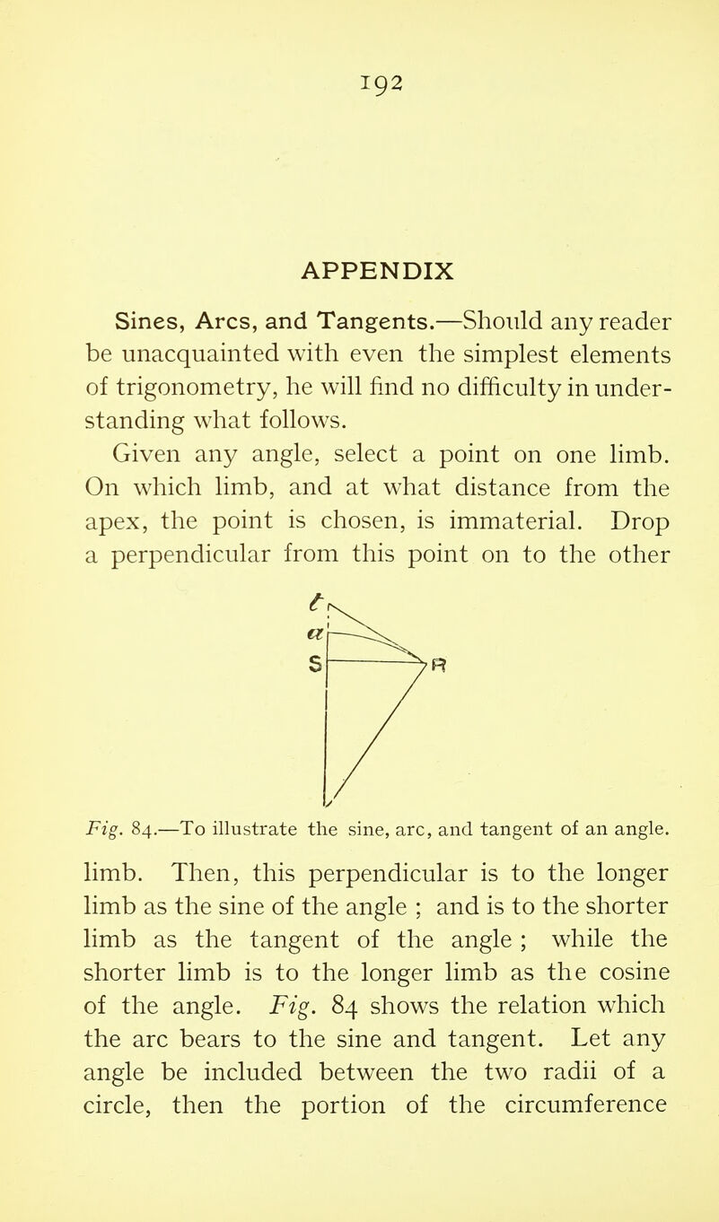 APPENDIX Sines, Arcs, and Tangents.—Should any reader be unacquainted with even the simplest elements of trigonometry, he will find no difficulty in under- standing what follows. Given any angle, select a point on one limb. On which limb, and at what distance from the apex, the point is chosen, is immaterial. Drop a perpendicular from this point on to the other Fig. 84.—To illustrate the sine, arc, and tangent of an angle. limb. Then, this perpendicular is to the longer limb as the sine of the angle : and is to the shorter limb as the tangent of the angle ; while the shorter limb is to the longer limb as the cosine of the angle. Fig. 84 shows the relation which the arc bears to the sine and tangent. Let any angle be included between the two radii of a circle, then the portion of the circumference