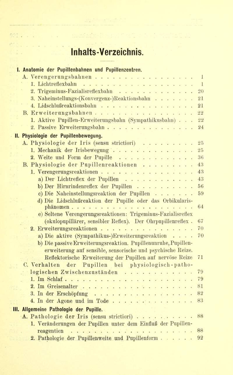 Inhalts-Verzeichnis I. Anatomie der Pupillenbahnen und Pupillenzentren. A. Verengerungsbalmen 1 1. Lichtreflexbalin 1 2. Trigemiiius-Fazialisreflexbahn 20 3. Nahemstellungs-(Konvergenz-)Reaktionsbaliii 21 4. Lidsclilußreaktionsbahn 21 B. Erweiterang-sbahneii 22 1. Aktive Pupillen-Erweiteriingsbalm (Sympathikusbalm) ... 22 2. Passive Erweiterimgsbalm 24 II. Physiologie der Pupillenbewegung. A. Physiologie der Iris (sensu strictiori) 25 1. Mechanik der Irisbewegung . 25 2. Weite und Form der Pupille 36 B. Physiologie der Pupillenreaktionen 43 1. Yerengerungsreaktionen 43 a) Der Lichtreflex der Pupillen 43 b) Der Hirnrindenreflex der Pupillen 56 c) Die Naheinstellungsreaktion der Pupillen 59 d) Die Lidschlußreaktion der Pupille oder das Orbikularis- phänomen 64 e) Seltene Verengerungsreaktionen: Trigeminus-Fazialisreflex (okulopupillärer, sensibler Reflex). Der Ohrpupillenreflex . 67 2. Erweiterungsreaktionen 70 a) Die aktive (8ympathikus-)Erweiterungsreaktion .... 70 b) Die passive Erweiterungsreaktion. Pupillenunruhe, Pupillen- erweiterung auf sensible, sensorische und psychische Reize. Reflektorische Erweiterung der Pupillen auf nervöse Reize 71 C. Verhalten der Pupillen bei physiologisch - patho- . logischen Zwischenzuständen 79 1. Im Schlaf 79 2. Im Greisenalter 81 3. In der Erschöpfung 82 4. In der Agone und im Tode 83 III. Allgemeine Pathologie der Pupille. A. Pathologie der Iris (sensu strictiori) 88 1. Veränderungen der Pupillen unter dem Einfluß der Pupillen- reagentien 88 2. Pathologie der Pupillenweite und Pupillenform 92