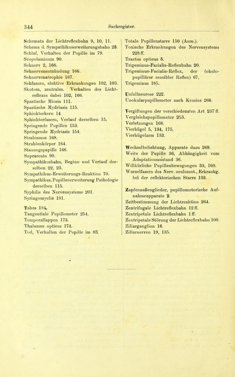 Schemata der Lichtreflexbahn 9, 10, 11. Schema d. Sympathikuserweiterungsbahn 23. Schlaf, Verhalten der Pupille im 79. Scopolaminum 90. Sehnerv 2, 166. Sehnervenentzündung 166. Sehnervenatrophie 167. Sehfasern, elektive Erkrankungen 102, 103. Skotom, zentrales. Verhalten des Licht- reflexes dabei 102, 166. Spastische Miosis III. Spastische Mydriasis 115. Sphinkterkern 14. Sphinkterfasern, Verlauf derselben 15. Springende Pupillen 153. Springende Mydriasis 154. Strabismus 168. Strahlenkörper 164. Stauungspapille 166. Suprarenin 90. Sympathikusbahn, Beginn und Verlauf der- selben 22, 23. Sympathikus-Erweiterungs-Reaktion 70. Sympathikus, Pupillenerweiterung Pathologie derselben 115. Syphilis des Nervensystems 201. Syringomyelie 191. Tabes 194. Tangentiale Pupillometer 254, Temporallappen 173. Thalamus opticus 174. Tod, Verhalten der Pupille im 83. Totale Pupillenstarre 110 (Anm.), Toxische Erkrankungen des Nervensystems 228 0. Tractus opticus 5. Trigeminus-Fazialis-Keflexbahn 20. Trigeminus-Facialis-Reflex, der (okulo- pupillärer sensibler Reflex) 67. Trigeminus 185. tJnfallneurose 222. Unokularpupillometer nach Xrusius 266. Vergiftungen der verschiedensten Art 237 ff. Vergleichspupillometer 253. Verletzungen 168. Vierhügel 5, 134, 175. Vierhügelarm 133. . Wechselbelichtung, Apparate dazu 269. Weite der Pupille 36, Abhängigkeit vom Adaptationsziistand 36. Willkürliche Pupillenbewegungen 33, 160. Wurzelfasern des Nerv, oculomot., Erkrankg. bei der reflektorischen Starre 133. Zapfenaußenglieder, pupillomotorische Auf- nahmeapparate 2. Zeitbestimmung der Lichtreaktion 264. Zentrifugale Lichtreflexbahn 12 ff. Zentripetale Lichtreflexbahn 1 ff. Zentripetale Störung der Lichtreflexbahn 100. Ziliarganglion 16. Ziliarnerven 19, 135.