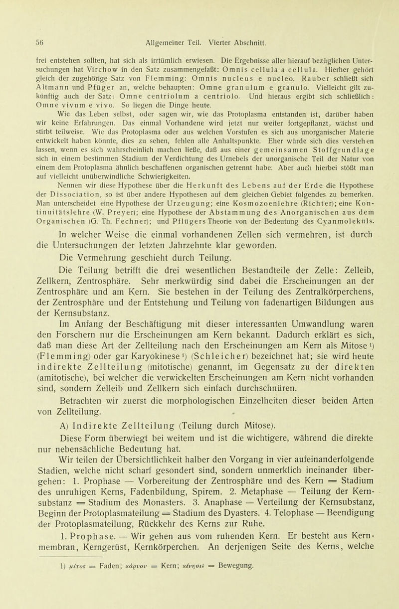 frei entstehen sollten, hat sich als irrtümlich erwiesen. Die Ergebnisse aller hierauf bezüglichen Unter- suchungen hat Virchow in den Satz zusammengefaßt: Omnis cellula a cellula. Hierher gehört gleich der zugehörige Satz von Flemming: Omnis nucleus e nucleo. Rauber schließt sich Altmann und Pfüger an, welche behaupten: Omne granulum e granulo. Vielleicht gilt zu- künftig auch der Satz: Omne centriolum a centriolo. Und hieraus ergibt sich schließlich: Omne vivum e vivo. So liegen die Dinge heute. Wie das Leben selbst, oder sagen wir, wie das Protoplasma entstanden ist, darüber haben wir keine Erfahrungen. Das einmal Vorhandene wird jetzt nur weiter fortgepflanzt, wächst und stirbt teilweise. Wie das Protoplasma oder aus welchen Vorstufen es sich aus unorganischer Materie entwickelt haben könnte, dies zu sehen, fehlen alle Anhaltspunkte. Eher würde sich dies verstehen lassen, wenn es sich wahrscheinlich machen ließe, daß aus einer gemeinsamen Stoffgrundlage sich in einem bestimmen Stadium der Verdichtung des Urnebels der unorganische Teil der Natur von einem dem Protoplasma ähnlich beschaffenen organischen getrennt habe. Aber auch hierbei stößt man auf vielleicht unüberwindliche Schwierigkeiten. Nennen wir diese Hypothese über die Herkunft des Lebens auf der Erde die Hypothese der Dissociation, so ist über andere Hypothesen auf dem gleichen Gebiet folgendes zu bemerken. Man unterscheidet eine Hypothese der Urzeugung; eine Kosmozoenlehre (Richter); eine Kon- tinuitätslehre (W. Preyer); eine Hypothese der Abstammung des Anorganischen aus dem Organischen (G. Th. Fechner); und Pf lügers Theorie von der Bedeutung des Cyanmoleküls. In welcher Weise die einmal vorhandenen Zellen sich vermehren, ist durch die Untersuchungen der letzten Jahrzehnte klar geworden. Die Vermehrung geschieht durch Teilung. Die Teilung betrifft die drei wesentlichen Bestandteile der Zelle: Zelleib, Zellkern, Zentrosphäre. Sehr merkwürdig sind dabei die Erscheinungen an der Zentrosphäre und am Kern. Sie bestehen in der Teilung des Zentralkörperchens, der Zentrosphäre und der Entstehung und Teilung von fadenartigen Bildungen aus der Kernsubstanz. Im Anfang der Beschäftigung mit dieser interessanten Umwandlung waren den Forschern nur die Erscheinungen am Kern bekannt. Dadurch erklärt es sich, daß man diese Art der Zellteilung nach den Erscheinungen am Kern als Mitose •) (Flemming) oder gar Karyokinese') (Schleicher) bezeichnet hat; sie wird heute indirekte Zellteilung (mitotische) genannt, im Gegensatz zu der direkten (amitotische), bei welcher die verwickelten Erscheinungen am Kern nicht vorhanden sind, sondern Zelleib und Zellkern sich einfach durchschnüren. Betrachten wir zuerst die morphologischen Einzelheiten dieser beiden Arten von Zellteilung. A) Indirekte Zellteilung (Teilung durch Mitose). Diese Form überwiegt bei weitem und ist die wichtigere, während die direkte nur nebensächliche Bedeutung hat. Wir teilen der Übersichtlichkeit halber den Vorgang in vier aufeinanderfolgende Stadien, welche nicht scharf gesondert sind, sondern unmerklich ineinander über- gehen: 1. Prophase — Vorbereitung der Zentrosphäre und des Kern = Stadium des unruhigen Kerns, Fadenbildung, Spirem. 2. Metaphase — Teilung der Kern- substanz = Stadium des Monasters. 3. Anaphase — Verteilung der Kernsubstanz, Beginn der Protoplasmateilung = Stadium des Dyasters. 4. Telophase — Beendigung der Protoplasmateilung, Rückkehr des Kerns zur Ruhe. 1. Prophase. — Wir gehen aus vom ruhenden Kern. Er besteht aus Kern- membran, Kerngerüst, Kernkörperchen. An derjenigen Seite des Kerns, welche 1) /ilros = Faden; xdovov = Kern; x£vr]oie = Bewegung.