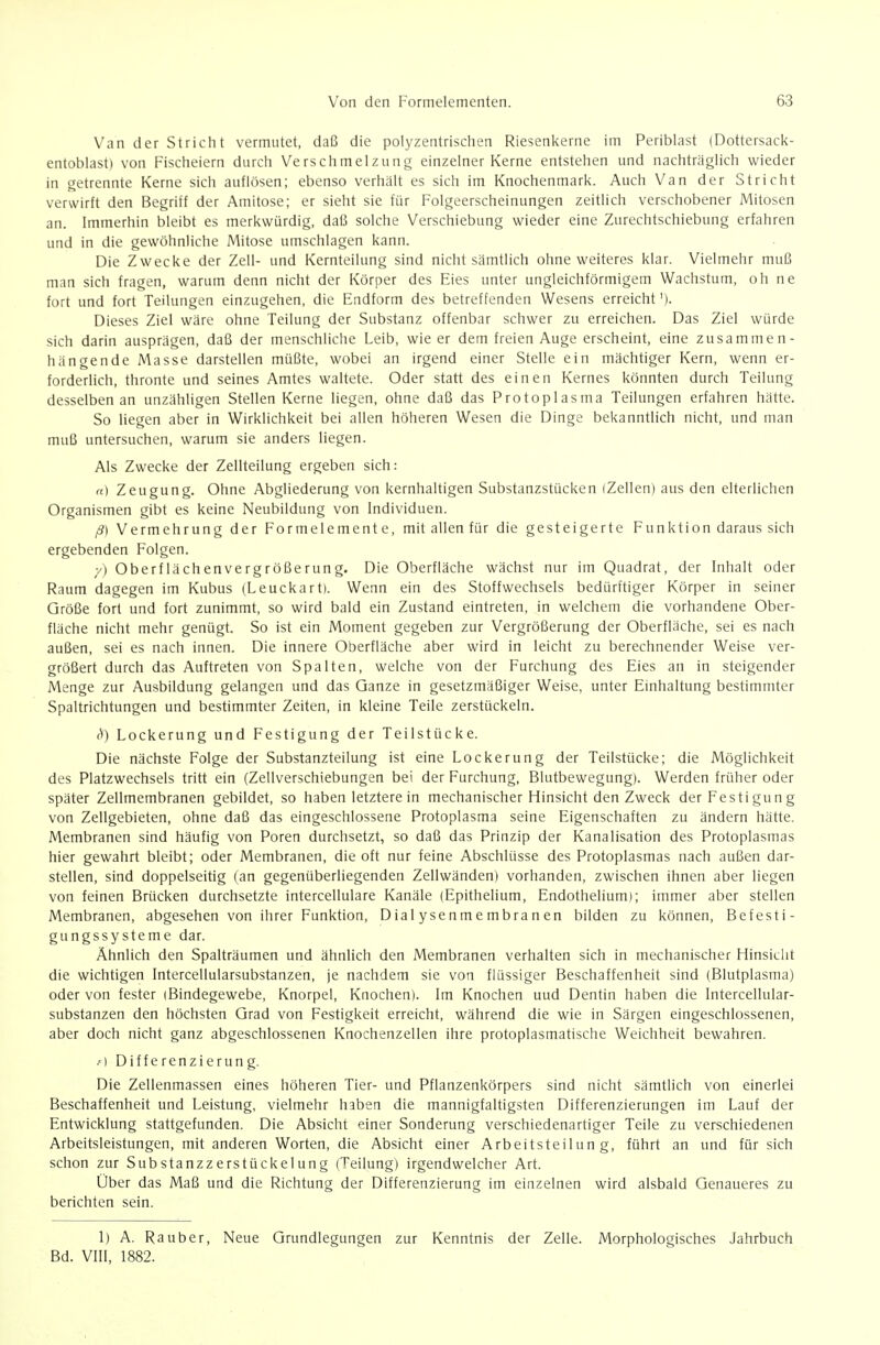 Van der Stricht vermutet, daß die polyzentrischen Riesentcerne im Periblast (Dottersacl<- entoblast) von Fischeiern durch Verschmelzung einzelner Kerne entstehen und nachträglich wieder in getrennte Kerne sich auflösen; ebenso verhalt es sich im Knochenmark. Auch Van der Stricht verwirft den Begriff der Amitose; er sieht sie für Folgeerscheinungen zeitlich verschobener Mitosen an. Immerhin bleibt es merkwürdig, daß solche Verschiebung wieder eine Zurechtschiebung erfahren und in die gewöhnliche Mitose umschlagen kann. Die Zwecke der Zell- und Kernteilung sind nicht sämtlich ohne weiteres klar. Vielmehr muß man sich fragen, warum denn nicht der Körper des Eies unter ungleichförmigem Wachstum, oh ne fort und fort Teilungen einzugehen, die Endform des betreffenden Wesens erreicht'). Dieses Ziel wäre ohne Teilung der Substanz offenbar schwer zu erreichen. Das Ziel würde sich darin ausprägen, daß der menschliche Leib, wie er dem freien Auge erscheint, eine zusammen- hängende Masse darstellen müßte, wobei an irgend einer Stelle ein mächtiger Kern, wenn er- forderlich, thronte und seines Amtes waltete. Oder statt des einen Kernes könnten durch Teilung desselben an unzähligen Stellen Kerne liegen, ohne daß das Protoplasma Teilungen erfahren hätte. So liegen aber in Wirklichkeit bei allen höheren Wesen die Dinge bekanntlich nicht, und man muß untersuchen, warum sie anders liegen. Als Zwecke der Zellteilung ergeben sich: n) Zeugung. Ohne Abgliederung von kernhaltigen Substanzstücken (Zellen) aus den elterlichen Organismen gibt es keine Neubildung von Individuen. ß) Vermehrung der Formelemente, mit allen für die gesteigerte Funktion daraus sich ergebenden Folgen. y) Oberflächenvergrößerung. Die Oberfläche wächst nur im Quadrat, der Inhalt oder Raum dagegen im Kubus (Leuckarti. Wenn ein des Stoffwechsels bedürftiger Körper in seiner Größe fort und fort zunimmt, so wird bald ein Zustand eintreten, in welchem die vorhandene Ober- fläche nicht mehr genügt. So ist ein Moment gegeben zur Vergrößerung der Oberfläche, sei es nach außen, sei es nach innen. Die innere Oberfläche aber wird in leicht zu berechnender Weise ver- größert durch das Auftreten von Spalten, welche von der Furchung des Eies an in steigender Menge zur Ausbildung gelangen und das Ganze in gesetzmäßiger Weise, unter Einhaltung bestimmter Spaltrichtungen und bestimmter Zeiten, in kleine Teile zerstückeln. fV) Lockerung und Festigung der Teilstücke. Die nächste Folge der Substanzteilung ist eine Lockerung der Teilstücke; die Möglichkeit des Platzwechsels tritt ein (Zellverschiebungen bei der Furchung, Blutbewegung). Werden früher oder später Zellmembranen gebildet, so haben letztere in mechanischer Hinsicht den Zweck der Festigung von Zellgebieten, ohne daß das eingeschlossene Protoplasma seine Eigenschaften zu ändern hätte. Membranen sind häufig von Poren durchsetzt, so daß das Prinzip der Kanalisation des Protoplasmas hier gewahrt bleibt; oder Membranen, die oft nur feine Abschlüsse des Protoplasmas nach außen dar- stellen, sind doppelseitig (an gegenüberliegenden Zellwänden) vorhanden, zwischen ihnen aber liegen von feinen Brücken durchsetzte intercellulare Kanäle (Epithelium, Endothelium); immer aber stellen Membranen, abgesehen von ihrer Funktion, Dialysenmembranen bilden zu können, Befesti- gungssysteme dar. Ähnlich den Spalträumen und ähnlich den Membranen verhalten sich in mechanischer Hinsicht die wichtigen Intercellularsubstanzen, je nachdem sie von flüssiger Beschaffenheit sind (Blutplasma) oder von fester (Bindegewebe, Knorpel, Knochen). Im Knochen uud Dentin haben die Intercellular- substanzen den höchsten Grad von Festigkeit erreicht, während die wie in Särgen eingeschlossenen, aber doch nicht ganz abgeschlossenen Knochenzellen ihre protoplasmatische Weichheit bewahren. r) Differenzierung. Die Zellenmassen eines höheren Tier- und Pflanzenkörpers sind nicht sämtlich von einerlei Beschaffenheit und Leistung, vielmehr haben die mannigfaltigsten Differenzierungen im Lauf der Entwicklung stattgefunden. Die Absicht ^iner Sonderung verschiedenartiger Teile zu verschiedenen Arbeitsleistungen, mit anderen Worten, die Absicht einer Arbeitsteilung, führt an und für sich schon zur Substanzzerstückelung (Teilung) irgendwelcher Art. Über das Maß und die Richtung der Differenzierung im einzelnen wird alsbald Genaueres zu berichten sein. 1) A. Rauber, Neue Grundlegungen zur Kenntnis der Zelle. Morphologisches Jahrbuch Bd. VIII, 1882.
