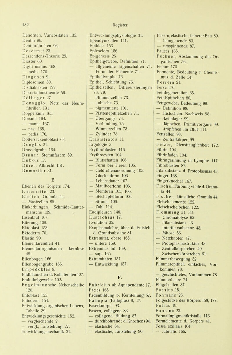 Dendriten, Varicositäten 135. Dentin 96. Dentinröhrchen 96. Descemet 23. Deszendenz-Theorie 29. Diaster 60 Digiti manus 168. — pedis 170. Diogenes 9. Diplosomen 50. Disdiaklasten 122. Dissociationstheorie 56. Döllinger 27. Donaggio, Netz der Neuro- fibrillen 131 Doppelkinn 165. Dersum 164. — manus 167. — nasi 165. — pedis 170. Dottersackentoblast 63. Douglas 21. Drosseigrube 164. Drüner, Stemmfasern 59. Dubois 17. Dürer, Albrecht 151. Dumortier 31. E. Ebenen des Körpers 174. Ehrenritter 23. Ehrlich, Granula 44. — Mastzellen 85. Einkerbungen, Schmidt-Lanter- mansche 139. Eisenblut 107. Eiterung 109. Ektoblast 153. Ektoderm 70. Elastin 90. Elementareinheit 41. Elementarorganismen, kernlose 48. Ellenbogen 166. Ellenbogengrube 166. Empedokies 9. Endbäumchen d. Kollateralen 127. Endothelgewebe 102. En gelmann sehe Nebenscheibe 120. Entoblast 153. Entoderm 154. Entwicklung organischen Lebens, Tabelle 39. Entwicklungsgeschichte 152. — vergleichende 2. — vergl., Entstehung 27. Entwicklungsmechanik 31. Entwicklungsphysiologie 31. Ependymzellen 141. Epiblast 153. Epicoelom 156. Epigenesis 25. Epithelgewebe, Definition 71. — allgemeine Eigenschaften 71. — Form der Elemente 71. Epithellymphe 76. Epithel, Schichtung 76. Epithelzellen, Differenzierungen 78, 79. — Flimmerzellen 73. — kubische 73. — pigmentierte 101. — Plattenepithelzellen 71. — Übergangs- 74. — Verbindung 75. — Wimperzellen 73. — Zylinder 73. Erasistratos 11. Ergologie 3. Erythroblasten 116. Erythrocyten 104. — Blutschatten 106. — Form bei Tieren 106. — Geldrollenanordnung 105. — Glockenform 106. — Lebensdauer 107. — Maulbeerform 106. — Membran 105, 106. — Stechapfelform 106. — Stroma 106. — Zahl 114. Eudipleuren 148. Eustachius 17. Evolution 25. Exoplasmalehre, über d. Entsteh. d. Grundsubstanz 81. Extremität, obere 165. — untere 169. Extremitas inf. 169. — sup. 165. Extremitäten 157. — Entwicklung 157. F. Fabricius ab Aquapendente 17. Facies 165. Fadenbildung b. Kernteilung 57. Fallopia (Fallopius) 8, 17. Faserknorpel 93. Fasern, collagene 83. — collagene, Bildung 87. — durchbohrende d.Knochens94. — elastische 84. — elastische, Entstehung 90. Fasern, elastische, feinerer Bau 89. — leimgebende 83. — umspinnende 87. Fauces 165. Fechner, Abstammung des Or- ganischen 56. Femur 170. Fermente, Bedeutung f. Chemis- mus d. Zelle 54. Ferrein 21. Ferse 170. Fettdegeneration 65. Fett-Epithelien 80. Fettgewebe, Bedeutung 99. — Definition 98. — Histochem. Nachweis 98. keimlager 99. läppchen, Primitivorgane 99. — -tröpfchen im Blut III. Fettzellen 98. — Zentralkörper 99. Fetzer, Diensttauglichkeit 172. Fibrin 104. Fibrinfäden 104. Fibringerinnung in Lymphe 117. Fibroblasten 87. Filarsubstanz d. Protoplasmas 43. Finger 168. Fingerknöchel 167. F isch el, Färbung vitale d. Granu- la 44. Fischer, künstliche Granula 44. Fleischelemente 122. Fleischscheibchen 122. Flemming 31, 33. — Chromatolyse 65. — Filarsubstanz 43. — Interfilarsubstanz 43. — Mitose 56. — Netzknoten 47. — Protoplasmastruktur 43. — Zentralkörperchen 49. — Zwischenkörperchen 61. Flimmerbewegung 52. Flimmerepithel, einfaches, Vor- kommen 78. — geschichtetes. Vorkommen 78. Flimmerhaare 74. Flügelzellen 87. Foesius 15. Fohmann 25. Folgestücke des Körpers 158, 177. Folius 19. Fontana 23. Formalinpigmentkristalle 113. Formelemente d. Körpers 41. Fossa axillaris 164. — cubitalis 166.