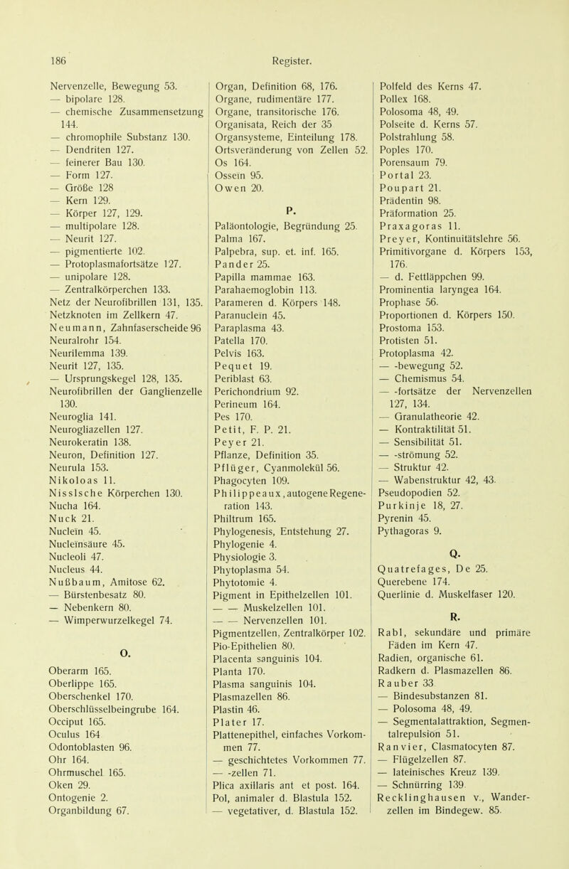 Nervenzelle, Bewegung 53. — bipolare 128. — chemische Zusammensetzung 144. — chromophile Substanz 130. — Dendriten 127. — feinerer Bau 130. — Form 127. — Größe 128 — Kern 129. — Körper 127, 129. — multipolare 128. — Neurit 127. — pigmentierte 102. — Protoplasmafortsätze 127. — unipolare 128. — Zentralkörperchen 133. Netz der Neurofibrillen 131, 135. Netzknoten im Zellkern 47. Neumann, Zahnfaserscheide96 Neurairohr 154. Neurilemma 139. Neurit 127, 135. — Ursprungskegel 128, 135. Neurofibrillen der Ganglienzelle 130. Neuroglia 141. Neurogliazellen 127. Neurokeratin 138. Neuron, Definition 127. Neurula 153. Nikoloas 11. Nissische Körperchen 130. Nucha 164. Nuck 21. Nuclein 45. Nucleinsäure 45. Nucleoli 47. Nucleus 44. Nußbaum, Amitose 62. — Bürstenbesatz 80. — Nebenkern 80. — Wimperwurzelkegel 74. O. Oberarm 165. Oberlippe 165. Oberschenkel 170. Oberschlüsselbeingrube 164. Occiput 165. Oculus 164 Odontoblasten 96. Ohr 164. Ohrmuschel 165. Oken 29. Ontogenie 2. Organbildung 67. Organ, Definition 68, 176. Organe, rudimentäre 177. I Organe, transitorische 176. Organisata, Reich der 35 Organsysteme, Einteilung 178. Ortsveränderung von Zellen 52. Os 164. Ossein 95. Owen 20. P. Paläontologie, Begründung 25. Palma 167. Palpebra, sup. et. inf. 165. Pander 25. Papilla mammae 163. Parahaemoglobin 113. Parameren d. Körpers 148. Paranuclein 45. Paraplasma 43. Patella 170. Pelvis 163. Pequet 19. Periblast 63. Perichondrium 92. Perineum 164. Pes 170. Petit, F. P. 21. Peyer 21. Pflanze, Definition 35. Pflüger, Cyanmolekül 56. Phagocyten 109. Philippeaux, autogene Regene- ration 143. Philtrum 165. Phylogenesis, Entstehung 27. Phylogenie 4. Physiologie 3. Phytoplasma 54. Phytotomie 4. Pigment in Epithelzellen 101. Muskelzellen 101. Nervenzellen 101. Pigmentzellen, Zentralkörper 102. Pio-Epithelien 80. Placenta sanguinis 104. Planta 170. Plasma sanguinis 104. Plasmazellen 86. Plastin 46. Plater 17. Plattenepithel, einfaches Vorkom- men 77. — geschichtetes Vorkommen 77. ■ Zellen 71. Plica axillaris ant et post. 164. Pol, animaler d. Blastula 152. — vegetativer, d. Blastula 152. Polfeld des Kerns 47. Pollex 168. Polosoma 48, 49. Polseite d. Kerns 57. Polstrahlung 58. Poples 170. Porensaum 79. Portal 23. Poupart 21. Prädentin 98. Präformation 25. Praxagoras 11. Preyer, Kontinuitätslehre 56. Primitivorgane d. Körpers 153, 176, — d. Fettläppchen 99. Prominentia laryngea 164. Prophase 56. Proportionen d. Körpers 150. Prostoma 153. Protisten 51. Protoplasma 42. bewegung 52. — Chemismus 54. fortsätze der Nervenzellen 127, 134. — Granulatheorie 42. — Kontraktilität 51. — Sensibilität 51. — -Strömung 52. — Struktur 42. — Wabenstruktur 42, 43. Pseudopodien 52. Purkinje 18, 27. Pyrenin 45. Pythagoras 9. Q. Quatrefages, De 25. Querebene 174. Querlinie d. Muskelfaser 120. R. Rabl, sekundäre und primäre Fäden im Kern 47. Radien, organische 61. Radkern d. Plasmazellen 86. Rauber 33 — Bindesubstanzen 81. — Polosoma 48, 49. — Segmentalattraktion, Segmen- talrepulsion 51. Ran vi er, Clasmatocyten 87. — Flügelzellen 87. — lateinisches Kreuz 139. — Schnürring 139 Recklinghausen v., Wander- zellen im Bindegew. 85.