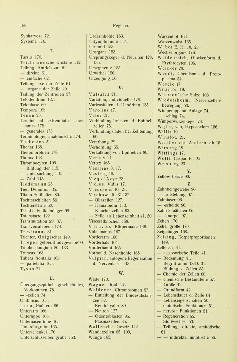 Synkaryose 72. Systeme 176. T. Tarsus 170. Teichmannsche Kristalle 112. Teilung, Antrieb zur 61. — direkte 61. — einfache 62. Teilungs-axe der Zelle 61. — -Organe der Zelle 49. Teilung der Zentriolen 57. Telodendrion 127. Telophase 60. Tempora 165. Tenon 23. Termini ad extremitates spec- tantes 175. — generales 175. Terminologie, anatomische 174. Thebesius 21. Thenar 168. Theromorphien 178. Thorax 163. Thrombocyten 109. — Bildung der 115. — Untersuchung 110. — Zahl 115. Tiedema nn 25. Tier, Definition 35. Titano-Epithelien 80. Tochterschleifen 59. Tochtersterne 60. Toi dt, Fettkeimlager 99. Totenstarre 122. Transmutation 29, 37. Transversalebene 174. Treviranus 31. Trichter, Golgischer 140. Triepel, gelbesBindegewebe90. Trophospongium 80, 133. Truncus 163. Tubera frontalia 165. — parietalia 165. Tyson 21. U. Übergangsepithel geschichtetes. Vorkommen 78. Zellen 74. Umbilicus 163. Unna, Radkern 86. Unterarm 166. Unterlippe 165. Unternasenrinne 165. Unterohrgrube 165. Unterschenkel 170. Unterschlüsselbeingrube 163. Urdarmhöhle 153. Urlymphräume 117. Urmund 153. Urorgane 153. Ursprungskegel d. Neuriten 128, 135. Ursegmente 155. Urwirbel 156. Urzeugung 56. V. Valsalva 21. Variation, individuelle 178. Varicositäten d. Dendriten 135. Varolius 17. Vater 21. Verbindungsbrücken d. Epithel- zellen 75. Verbindungsfäden bei Zellteilung 60. Vererbung 29. Verhornung 65. Verkalkung von Epithelien 80. Verney 21. Vertex 165. Vesalius 8, 17. Vesling 19. Vicq d'Azyr 23. Vidius, Vidus 17. Vieussens 10, 21. Virchow, R. 31. 32. — Gliazellen 127. — Hämatoidin 113. — Knochenzellen 93. — Zelle als Lebenseinheit 41, 50. Visceralknochen 158. Vitruvius, Körpermaße 149. Vola manus 167. Vorderarm 166. Vorderhals 164. Vorderhaupt 165. Vorhof d. Nasenhöhle 165. V u 1 p i a n, autogene Regeneration d. Nervenfaser 143. W. Wade 170. Wagner, Rud. 27. Waldeyer, Chromosomen 57. — Einteilung der Bindesubstan- zen 82. — Keratohyalin 80. — Neuron 127. — Odontoblasten 96. — Plasmazellen 85. Wallersches Gesetz 142. Wanderzellen 85, 109, Wange 165. Warzenhof 163. Warzenwulst 165. Weber E. H. 18, 25. Wechselorgane 176. Weidenreich, Glockenform d. Erythrocyten 106. Welcker 28. Wendt, Chemismus d. Proto- plasma 54. Wesele 17.' W+iarton 19. Wh ar ton'sehe Sülze 103. Wieders heim, Nervenzellen- bewegung 53. Wimperapparat Anlage 74. — -schlag 74. Wimperwurzelkegel 74. Wijhe, van, Hypocoelom 156. Willis 19. Winslow 21. Winther von Andernach 15. Wirsung 19. Wiflings 17. Wolff, Caspar Fr. 25. Wrisberg 23. Y. Yellow tissue 90. Z. Zahnbeingewebe 96. — Entstehung 97. Zahnfaser 96. scheide 96. Zahn-kanälchen 96. — -knorpel 97. Zehen 170. Zehe, große 170. Zeigefinger 168. Zeising, Körperproportionen 149. Zelle 35, 41. — accessorische Teile 41. — Bedeutung 41. — Begrilf anno 1830. 31. — Bildung V. Zellen 55. — Chemie der Zellen 66. — chemische Bestandteile 67. — Größe 42. — Grundform 42. — Lebensdauer d. Zelle 64. — Lebenseigenschaften 50. — motorische Funktionen 51. — nervöse Funktionen 51. — Regeneration 65. — Stoffwechsel 53. — Teilung, direkte, amitotische 61. indirekte, mitotische 56.