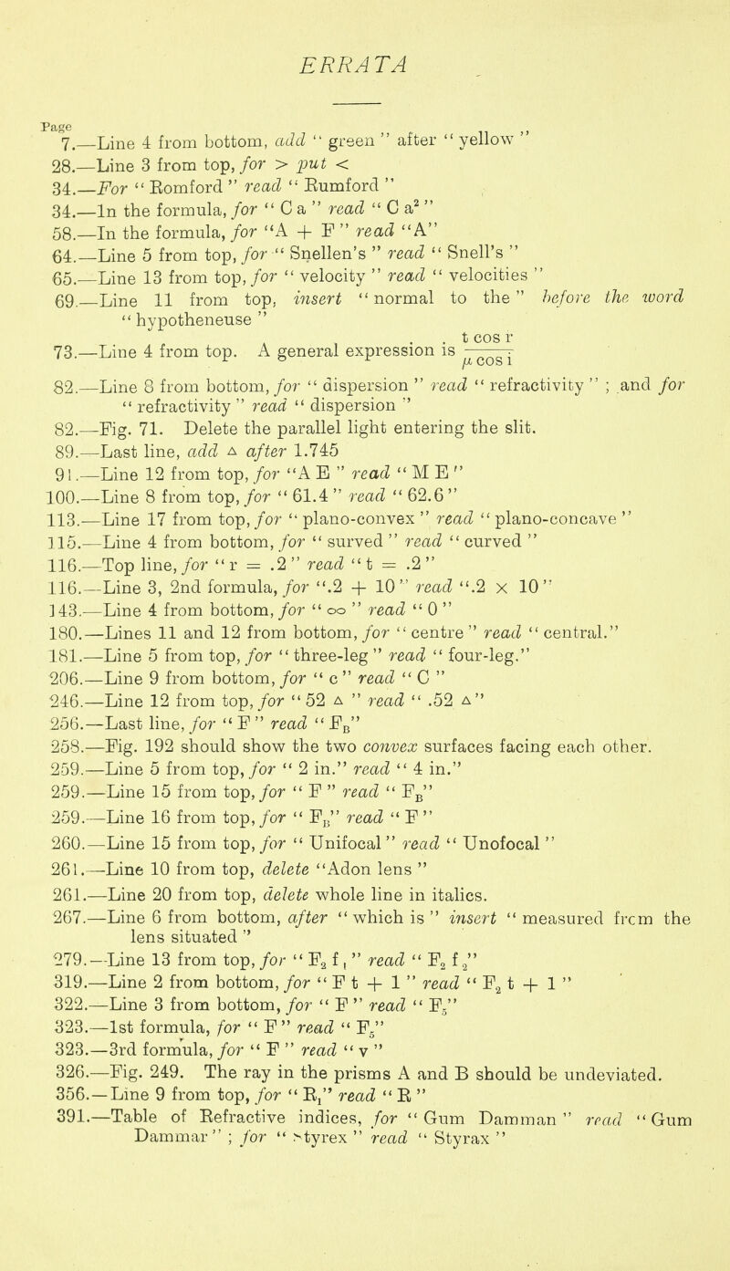 ERRATA 7. Line 4 from bottom, add  green  after  yellow  28.—Line 3 from top,/or > 2^ut < 34. For  Eomford  read  Eumford  34._ln the formula, /or  C a  read  C a^  58.—In the formula, for A + F  read ''A 64.—Line 5 from top, for  Snellen's  read  Snell's  €5.—Line 13 from top,/or  velocity  read  velocities  69. Line 11 from top, insert normal to the hefore the ivord  hypotheneuse  . . t cos r 73.—Line 4 from top. A general expression is • COS 1 82.—Line 8 from bottom., for dispersion  read  refractivity  ; and for  refractivity  read  dispersion  82.—Fig. 71. Delete the parallel light entering the slit. 89.—Last hne, add a after 1.745 91 .—Line 12 from top, for A E  read ME 100.—Line 8 from top,/or  61.4  read  62.6 113.—Line 17 from top, for  plano-convex  read  plano-concave  115. —Line 4 from bottom, for  surved  read  curved  116. —Top line, /or  r = .2  read  t = .2  116.—Line 3, 2nd formula,/or .2 + 10 read .2 x 10 143.—Line 4 from bottom,/or  oo  read  0  180. —Lines 11 and 12 from bottom, for  centre  read  central. 181. —Line 5 from top, for  three-leg  read  four-leg. ■206.—Line 9 from bottom, for  c  read  C  246.—Line 12 from top,/or 52 a  read  .52 a 256.—Last line, for  F  read  F^ 258. —Fig. 192 should show the two convex surfaces facing each other. 259. —Line 5 from top,/or  2 in. read  4 in. 259.—Line 15 from top,/or  F  read  Fg 259. —Line 16 from top, for  Fj/' read  F  260. —Line 15 from top, for  Unifocal read  XJnofocal  261. —Line 10 from top, delete Adon lens  261.—Line 20 from top, delete whole line in italics. 267.—Line 6 from bottom, after which is  insert  measured from the lens situated  279.—Line 13 from top, for  Fa f ,  read  F2 f 319.—Line 2 from bottom, /or  F t + 1  read  F2 t -f 1  322. —Line 3 from bottom, /or  F  read  F^ 323. —1st formula, for  F  read  F5 323.—3rd formula, for read  v  326.—Fig. 249. The ray in the prisms A and B should be undeviated. 356. —Line 9 from top, for  E/' read  E  391.—Table of Eefractive indices, /or Gum Damman  read Gum Dammar ; for  >tyrex  read  Styrax 