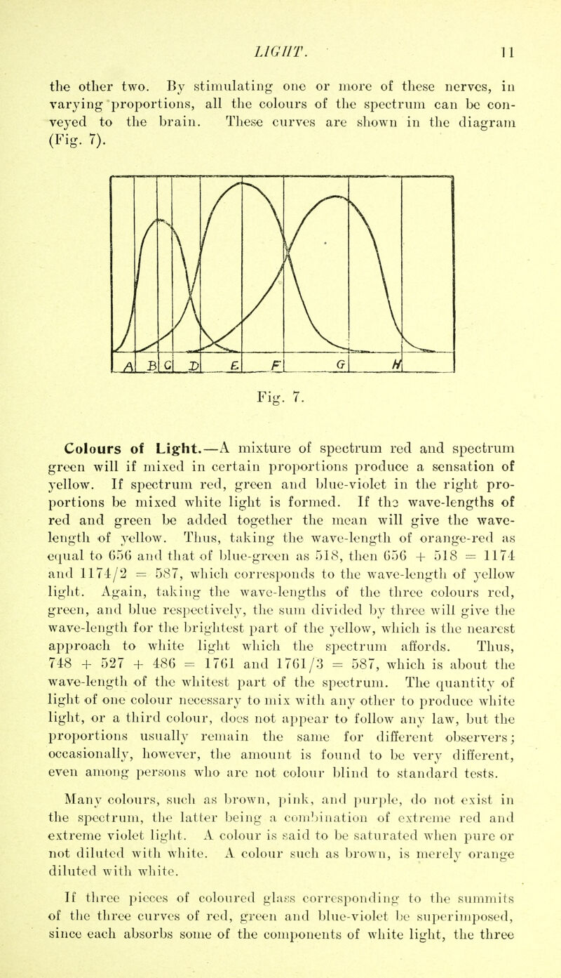 the other two. By stimulating one or more of these nerves, in varying proportions, all the colours of the spectrum can be con- veyed to the brain. These curves are shown in the diagram (Fig- 7). \ f B C I> F Fig. 7. Colours of Light.—A mixture of spectrum red and spectrum green will if mixed in certain proportions produce a sensation of yellow. If spectrum red, green and blue-violet in the right pro- portions be mixed white light is formed. If tho wave-lengths of red and green be added together the mean will give the wave- length of yellow. Thus, taking the wave-length of orange-red as ecpial to G5G and that of blue-green as 518, then G56 + 518 = 1174 and 1174/2 = 587, which corresponds to the wave-length of yellow light. Again, taking the wave-lengths of the three colours red, green, and blue respectively, the sum divided by three will give the wave-length for the Ijrightest part of the yellow, which is the nearest approach to white light which the spectrum affords. Thus, 748 + 527 4- 486 = 17G1 and 1761/3 = 587, which is about the wave-length of the whitest part of the spectrum. The quantity of light of one colour necessary to mix with any other to produce white light, or a third colour, does not appear to follow any law, but the proportions usually remain the same for different observers; occasionally, however, the amount is found to be very different, even among persons who are not colour l)lind to standard tests. Many colours, such as l^rown, ])ink, and purple, do not exist in the spectrum, the latter being a combination of extreme red and extreme violet light. A colour is said to be saturated when pure or not diluted with white. A colour such as brown, is merely orange diluted with white. If three pieces of coloured glass corresponding to the summits of tlie three curves of red, green and blue-violet Ite superimposed, since each absorbs some of the components of white light, the three