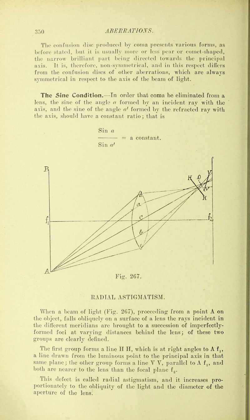 The confusion disc produced by coma presents various forms, as before stated, but it is usually more or less pear or comet-shaped, the narrow brilliant part being directed towards the principal axis. It is, therefore, non-symmetrical, and in this respect differs from the confusion discs of other aberrations, which are always symmetrical in respect to the axis of the beam of light. The Sine Condition.—In order that coma be eliminated from a lens, the sine of the angle a formed by an incident ray with the axis, and the sine of the angle formed by the refracted ray with the axis, should have a constant ratio; that is Sin a = a constant. Sin ai Fig. 267. RADIAL ASTIGMATISM. When a beam of light (Fig. 267), proceeding from a point A on the object, falls obliquely on a surface of a lens the rays incident in the different meridians are brought to a succession of imperfectly- formed foci at varjdng distances behind the lens; of these two groups are clearly clefined. The first group forms a line H H, which is at right angles to A f^, a line drawn from the luminous point to the principal axis in that same plane; the other group forms a line V V, parallel to A f^, and both are nearer to the lens than the focal plane f^. This defect is called radial astigmatism, and it increases pro- portionately to the obliquity of the light and the diameter of the aperture of the lens.