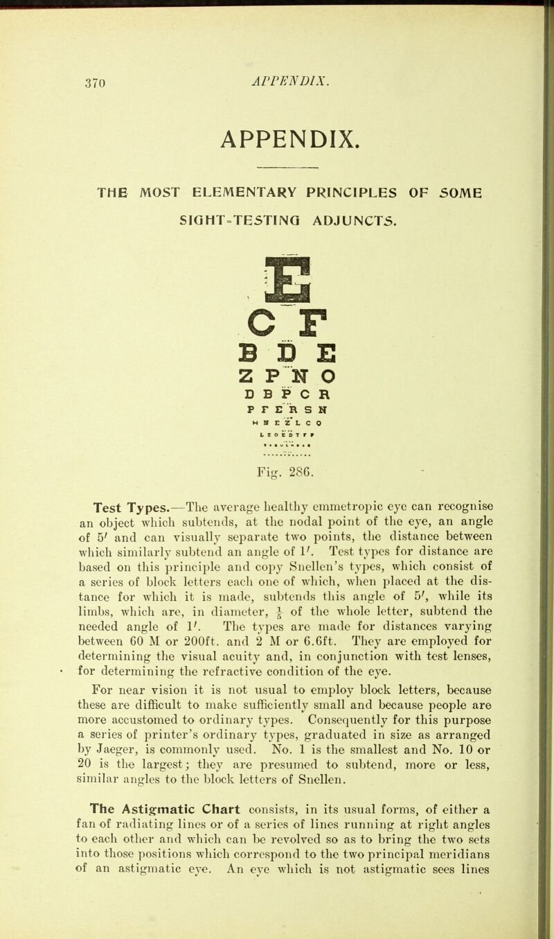 APPENDIX. THE MOST ELEMENTARY PRINCIPLES OF SOME SIQHTTESTINQ ADJUNCTS. B D E Z P N O D B P C R p r E k s N W H E 2* L C O L r o t D T r r Fig. 286. Test Types.—The average healthy emmetropic eye can recognise an object which subtends, at the nodal point of the eye, an angle of 5' and can visually separate two points, the distance between which similarly subtend an angle of V. Test types for distance are based on this principle and copy Snellen's types, which consist of a series of block letters each one of which, when placed at the dis- tance for which it is made, subtends this angle of 5^ while its limbs, which are, in diameter, i of the whole letter, subtend the needed angle of 1'. The types are made for distances varying between 60 M or 200ft. and 2 M or 6.6ft. They are employed for determining the visual acuity and, in conjunction with test lenses, for determining the refractive condition of the eye. For near vision it is not usual to employ block letters, because these are difficult to make sufficiently small and because people are more accustomed to ordinary types. Consequently for this purpose a series of printer's ordinary types, graduated in size as arranged by Jaeger, is commonly used. No. 1 is the smallest and No. 10 or 20 is the largest; they are presumed to subtend, more or less, similar angles to the block letters of Snellen. The Astigmatic Chart consists, in its usual forms, of either a fan of radiating lines or of a series of lines running at right angles to each other and which can be revolved so as to bring the two sets into those positions which correspond to the two principal meridians of an astigmatic eye. An eye which is not astigmatic sees lines