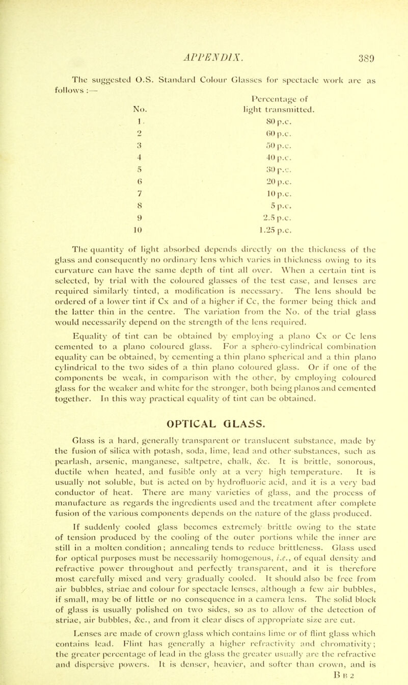 The sugj^ested O.S. Standard Colour Glasses for spectacle work are as follows : — Percentage of No. light transmitted. 1. SO p.c. 2 60 p.c. 3 .10 p.c. 4 40 p.c. 5 30 p.c. 6 20 p.c. 7 lOp.c. 8 5 p.c. 9 2.5 p.c. 10 1.25 p.c. The quantity of light absorbed depends directly on the thickness of the glass and consequently no ordinary lens which varies in thickness owing to its curvature can have the same depth of tint all over. When a certain tint is selected, by trial with the coloured glasses of the test case, and lenses are required similarly tinted, a modification is neccssar)'. The lens should be ordered of a lower tint if Cx and of a higher if Cc, the former being thick and the latter thin in the centre. The variation from the No. of the trial glass would necessarily depend on the strength of the lens required. Equality of tint can be obtained by employing a piano Cx or Cc lens cemented to a piano coloured glass. For a sphero-c} lindrical combination equality can be obtained, b}' cementing a thin piano spherical and a thin piano cy lindrical to the two sides of a thin piano coloured glass. Or if one of the components be weak, in comparison with the other, b\' employing coloiu'cd glass for the weaker and white for the stronger, both being pianos and cemented together. In this way practical equality of tint can be obtained. OPTICAL GLA5S. Glass is a hard, generall}- transparent or translucent substance, made by the fusion of silica with potash, soda, lime, lead and other substances, such as pearlash, arsenic, manganese, saltpetre, chalk, &c. It is brittle, sonorous, ductile when heated, and fusible onl)- at a very high temperature. It is usually not soluble, but is acted on by hydrofluoric acid, and it is a very bad conductor of heat. There are many varieties of glass, and the process of manufacture as regards the ingredients used and the treatment after complete fusion of the various components depends on the nature of the glass produced. If suddenly cooled glass becomes extremely brittle owing to the state of tension produced by the cooling of the outer portions while the inner are still in a molten condition ; annealing tends to reduce brittleness. Glass used for optical purposes must be necessarily homogenous, i.e., of equal density and refractive power throughout arid perfectly transparent, and it is therefore most carefully mixed and very gradually cooled. It should also be free from air bubbles, striae and colour for spectacle lenses, although a few air bubbles, if small, may be of little or no consequence in a camera lens. The solid block of glass is usually polished on two sides, so as to allow of the detection of striae, air bubbles, &c., and from it clear discs of appropriate size arc cut. Lenses arc made of crown glass which contains lime or of flint glass which contains lead. Flint has gcncrrilly a liiglier refi-acti\'ity and cliromativity; the greater percentage of lead in the glass the greater usually are the refractive and dispei'sivc powei's. It is denser, heavier, and softer than crown, and is BB2