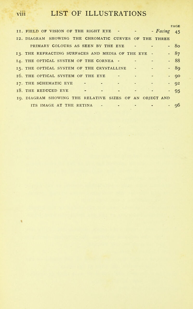 PAGE 11. FIELD OF VISION OF THE RIGHT EYE - - - Facing 45 12. DIAGRAM SHOWING THE CHROMATIC CURVES OF THE THREE PRIMARY COLOURS AS SEEN BY THE EYE - - - 80 13. THE REFRACTING SURFACES AND MEDIA OF THE EYE - - 87 14. THE OPTICAL SYSTEM OF THE CORNEA - - - - 88 15. THE OPTICAL SYSTEM OF THE CRYSTALLINE - - - 89 16. THE OPTICAL SYSTEM OF THE EYE - - - - QO 17. THE SCHEMATIC EYE - - - - - 92 18. THE REDUCED EYE - - - - - 95 ig. DIAGRAM SHOWING THE RELATIVE SIZES OF AN OBJECT AND ITS IMAGE AT THE RETINA - - - - - 96