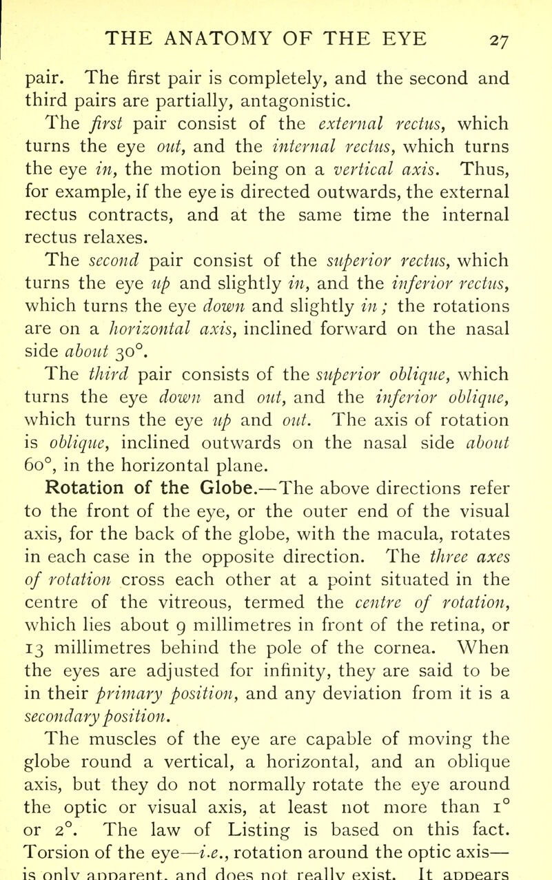 pair. The first pair is completely, and the second and third pairs are partially, antagonistic. The first pair consist of the external rectus^ which turns the eye out, and the internal rectus, which turns the eye in, the motion being on a vertical axis. Thus, for example, if the eye is directed outwards, the external rectus contracts, and at the same time the internal rectus relaxes. The second pair consist of the superior rectus, which turns the eye iip and slightly in, and the inferior rectus, which turns the eye down and slightly in; the rotations are on a horizontal axis, inclined forward on the nasal side about 30°. The third pair consists of the superior oblique, which turns the eye down and out, and the inferior oblique, which turns the eye up and out. The axis of rotation is oblique, inclined outwards on the nasal side about 60°, in the horizontal plane. Rotation of the Globe.—The above directions refer to the front of the eye, or the outer end of the visual axis, for the back of the globe, with the macula, rotates in each case in the opposite direction. The three axes of rotation cross each other at a point situated in the centre of the vitreous, termed the centre of rotation, which lies about g millimetres in front of the retina, or 13 millimetres behind the pole of the cornea. When the eyes are adjusted for infinity, they are said to be in their primary position, and any deviation from it is a secondary position. The muscles of the eye are capable of moving the globe round a vertical, a horizontal, and an oblique axis, but they do not normally rotate the eye around the optic or visual axis, at least not more than 1° or 2°. The law of Listing is based on this fact. Torsion of the eye—i.e., rotation around the optic axis— is onlv annarent- and does not reallv exist. It annears