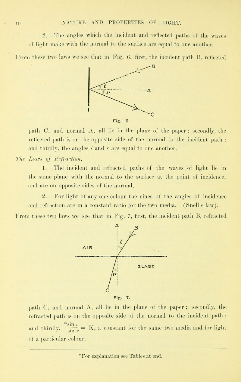 2. The angles which the incident and rejected patlis of the waves of light make with the normal to the surface are equal to one another. From tliese two laws we see that in Fig. G, first, the incident path B, reflected Fig. 6. path C, and normal A, all lie in the plane of the paper; secondly, the reflected path is on the opposite side of the normal to the incident path : and thirdly, the angles / and r are equal to one another. The Laws of Refraction. 1. The incident and refracted paths of the waves of light lie in the same plane with the normal to the surface at tlie point of incidence, and are on opposite sides of the normal. 2. For light of any one colour the sines of the angles of incidence and refraction are in a constant ratio for the two media. (Snell's law). From these two laws we see that in Fig. 7, first, the incident path B, refracted A Fig. 7. path C, and normal A, all lie in tlie plane of the paper : secondly, the refracted path is on the opposite side of the normal to the incident path ; and thirdly ' sm r = K, a constant for the same two media and for light of a particular colour,