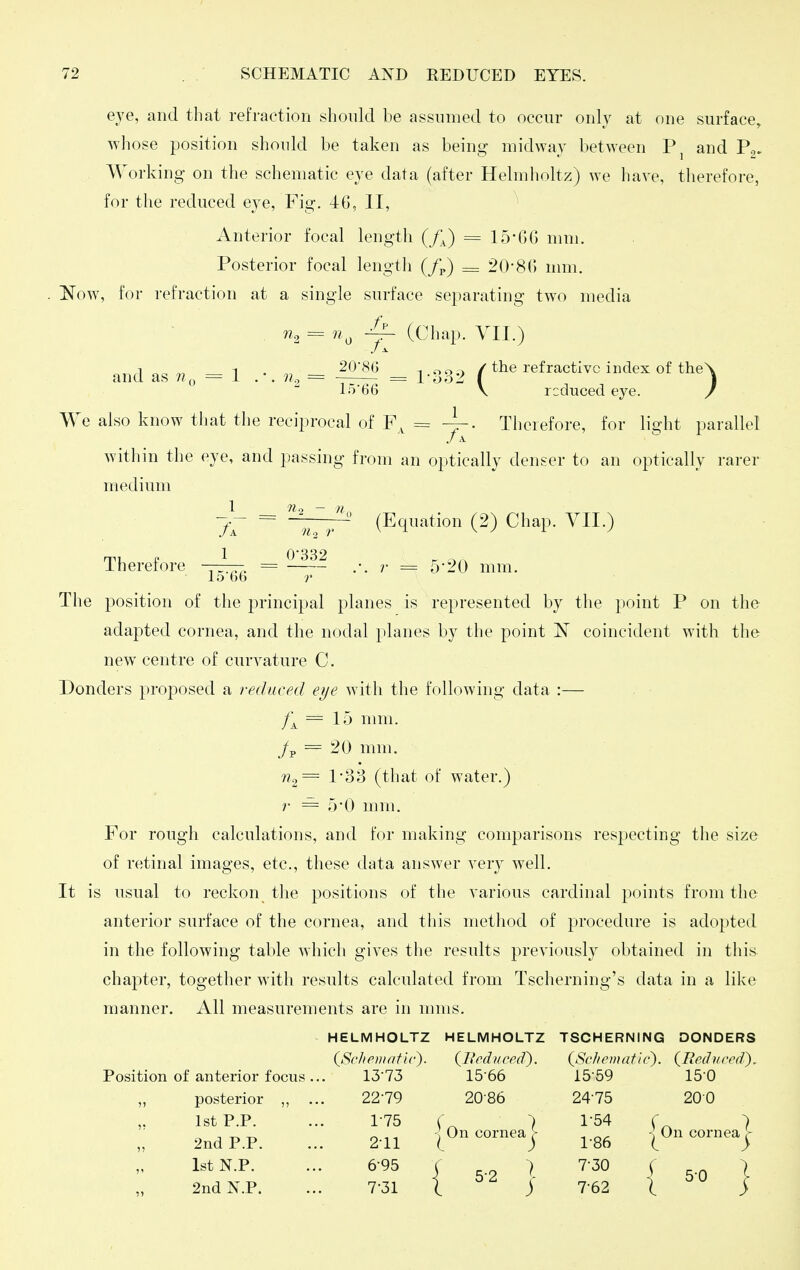 eye, and that refraction should be assumed to occur only at one surface, whose position should be taken as being midway between and Pg, Working on the schematic eye data (after Hehnholtz) we have, therefore, for the reduced eye, Fig. 46, II, Anterior focal length (/;) = ly'GG mm. Posterior focal lengtli (/p) = 20-8{) mm. Now, for refraction at a single surface separating two media ^2 = -y- (Chap. YII.) and as = 1 r.iu=^^ = 1-332 ( ^^f^^^tlvc index of the\ lo66 \ reduced eye. / We also know that the reciprocal of = Therefore, for light parallel within the eye, and passing from an optically denser to an optically rarer medium 17 ^ '-V^ (Eq«ti« (2) Chap. VII.) Therefore . 3.,.,. = ^^-^ .-. r = 5'20 mm. lo ()( ) r The position of the principal planes is represented by the point P on the adapted cornea, and the nodal jdanes by the point N coincident with the new centre of curvature C. Donders proposed a reduced eye with the following data :— /■^ = 15 mm. /p - 20 mm. ?7o= 138 (that of water.) r 5'0 mm. For rough calculations, and for making comparisons respecting the size of retinal images, etc., these data answer very well. It is usual to reckon the positions of the various cardinal points from the anterior surface of the cornea, and this method of procedure is adopted in the following table which gives the results previously obtained in this chapter, together with results calculated from Tscherning's data in a like manner. All measurements are in mms. HELMHOLTZ HELMHOLTZ TSCHERNING DONDERS {Schematic-). {l^cdnceiT). {Schematic). {Reduced^. Position of anterior focus... 1373 15'66 15 59 15 0 posterior „ ... 2279 2086 2475 200 1st P.P. ... 1-75 r ) 1-54 r 7 2nd P.P. ... 2-11 |Oncornea^> ^.^^ -^On cornea^- 1st N.P. ... 6-95 r ) 7-30 f j 2ndKP. ... 7-31 1 j 7-62 I j