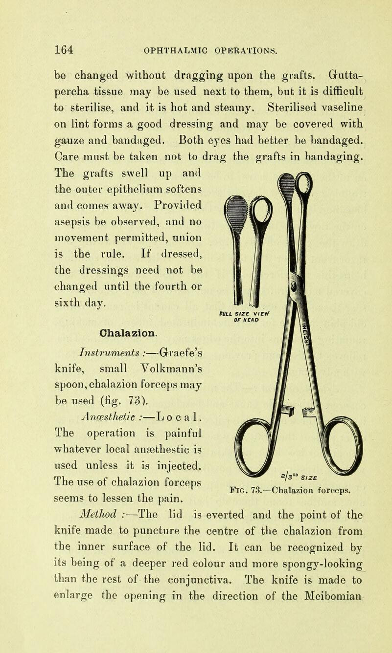 be changed without dragging upon the grafts. Gutta- percha tissue may be used next to them, but it is difficult to sterilise, and it is hot and steamy. Sterilised vaseline on lint forms a good dressing and may be covered with gauze and bandaged. Both eyes had better be bandaged. Care must be taken not to drag the grafts in bandaging. The grafts swell up and the outer epithelium softens and comes away. Provided asepsis be observed, and no movement permitted, union is the rule. If dressed, the dressings need not be changed until the fourth or sixth day. Chalazion. Instruments:—Graefe's knife, small Volkmann's spoon, chalazion forceps may be used (fig. 73). Ancesthetic :—L o c a 1. The operation is painful whatever local ansethestic is used unless it is injected. The use of chalazion forceps seems to lessen the pain. Method :—The lid is everted and the point of the knife made to puncture the centre of the chalazion from the inner surface of the lid. It can be recognized by its being of a deeper red colour and more spongy-looking than the rest of the conjunctiva. The knife is made to enlarge the opening in the direction of the Meibomian 2/3 S12B Fig. 73.—Chalazion forceps.