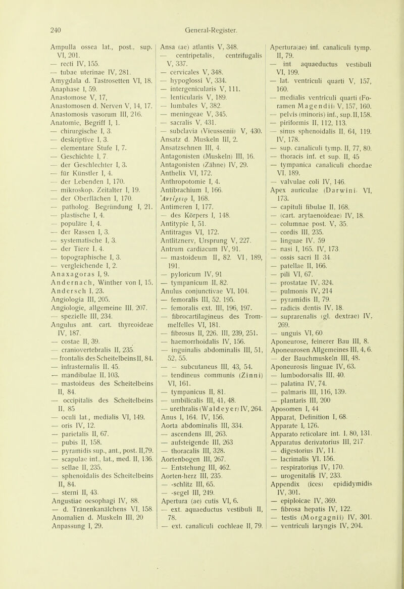 AmpiiIIa ossea lat., post.. sup. VI, 201. — recti IV, 155. — tubae uterinae IV, 281. Amygdala d. Tastrosetten VI, 18. Anaphase I, 59. Anastomose V, 17, Anastomosen d. Nerven V, 14, 17. Anastomosis vasorum III, 216. Anatomie, Begriff I, 1. — chirurgische I, 3. — deskriptive I, 3. — elementare Stufe I, 7. — Geschichte I, 7. — der Geschlechter I, 3. — für Künstler I, 4. — der Lebenden 1, 170. — mikroskop. Zeitalter I, 19. — der Oberflächen I, 170. — patholog. Begründung I, 21. — plastische I, 4. — populäre I, 4. — der Rassen I, 3. — systematische I, 3. — der Tiere I, 4. — topographische I, 3. — vergleichende I, 2. Anaxagoras I, 9. Andernach, Winther von I, 15. Andersch I, 23. Angiologia III, 205. Angiologie, allgemeine III, 207. — spezielle III, 234. Angulus ant. cart. thyreoideae IV, 187. — costae II, 39. — craniovertebralis II, 235. — frontalis des Scheitelbeins II, 84. — infrasternalis II, 45. — mandibulae II, 103. — mastoideus des Scheitelbeins II, 84. — occipitalis des Scheitelbeins II, 85 — oculi lat., medialis VI, 149. — oris IV, 12. — parietalis II, 67. — pubis II, 158. — pyramidis sup., ant., post. 11,79. — scapulae inf., lat., med. II, 136. — sellae II, 235. — sphenoidalis des Scheitelbeins II, 84. — sterni II, 43. Angustiae oesophagi IV, 88. — d. Tränenkanälchens VI, 158. Anomalien d. Muskeln III, 20 Anpassung I, 29. Ansa (ae) atlantis V, 348. — centripetalis, centrifugalis V, 337. — cervicales V, 348. — hypoglossi V, 334. — intergenicularis V, III. — lenticularis V, 189. — lumbales V, 382. — meningeae V, 345. — sacralis V, 431. — subclavia (Vieusseniii V, 430. Ansatz d. Muskeln III, 2. Ansatzsehnen III, 4. Antagonisten (Muskeln) III. 16. Antagonisten (Zähne) IV, 29. Anthelix VI, 172. Anthropotomie I, 4. Antibrachium I, 166. 'Avii/iiQ I, 168. Antimeren 1, 177. — des Körpers I, 148. Antitypie I, 51. Antitragus VI, 172. Antlitznerv, Ursprung V, 227. Antrum cardiacum IV, 91. — mastoideum II, 82. VI, 189, 191. — pyloricum IV, 91 — tympanicum II, 82. Anulus conjunctivae VI, 104. — femoralis III, 52, 195. — femoralis ext. III, 196, 197. — fibrocartilagineus des Trom- melfelles VI, 181. — fibrosus II, 226. III, 239, 251. — haemorrhoidalis IV, 156. — inguinalis abdominalis III, 51, 52, 55. — — subcutaneus III, 43, 54. — tendineus communis (Zinni) VI, 161. — tympanicus II, 81. — umbilicalis III, 41, 48. — urethralis (W a I d e y e r) IV, 264. Anus I, 164. IV, 156. Aorta abdominalis III, 334. — ascendens III, 263. — aufsteigende III, 263 — thoracalis III, 328. Aortenbogen III, 267. — Entstehung III, 462. Aorten-herz III, 235. — -schlitz III, 65. — -segel III, 249. Apertura (ae) cutis VI, 6. — ext. aquaeductus vestibuli II, 78. — ext. canaliculi Cochleae II, 79. Apertura(ae) inf. canaliculi tymp. II, 79. — int aquaeductus vestibuli VI, 199. — lat. ventriculi quarti V, 157, 160. — medialis ventriculi quarti (Fo- ramen Magendiii V, 157, 160. — pelvis (minoris) inf., sup. II, 158. — piriformis II, 112, 113. — Sinus sphenoidalis II, 64, 119. IV, 178. — sup. canaliculi tymp. II, 77, 80. — thoracis inf. et sup. II, 45 — tympanica canaliculi chordae VI, 189. — valvulae coli IV, 146. Apex auriculae (Darwini. VI, 173. — capituli fibulae II, 168. — (cart. arytaenoideae) IV, 18. — columnae post. V, 35. — cordis III, 235. — linguae IV, 59 — nasi I, 165. IV, 173 — ossis sacri II 34 — patellae II, 166. — Pili VI, 67. — prostatae IV, 324. — pulmonis IV, 214 — pyramidis II, 79. — radicis dentis IV, 18. — suprarenalis igl. dextrae) IV, 269. — unguis VI, 60 Aponeurose, feinerer Bau III, 8. Aponeurosen Allgemeines III, 4,6. — der Bauchmuskeln III, 48. Aponeurosis linguae IV, 63. — lumbodorsalis III, 40. — palatina IV, 74. — palmaris III, 116, 139. — plantaris III, 200 Aposomen I, 44 Apparat, Definition I, 68. Apparate I, 176. Apparato reticolare int. I, 80, 131. Apparatus derivatorius III, 217 — digestorius IV, 11. — lacrimalis VI, 156. — respiratorius IV, 170. — urogenitalis IV, 233. Appendix (ices) epididymidis IV, 301. — epiploicae IV, 369. — fibrosa hepatis IV, 122. — testis (Morgagni!) IV, 301. — ventriculi laryngis IV, 204.