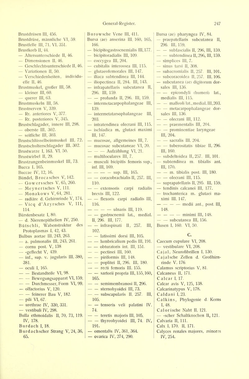 Brustdrüsen III, 456. Brustdrüse, mnnnliche VI, 59. Brustfelle III, 71. VI, 351. Brustkorb II, 44. — Altersunterschiede II, 46. — Dimensionen II, 46. — Geschlechtsunterschiede II, 46. — Variationen II, 50. — Verschiedenheiten, individu- elle II, 46. Brustnuiskel, großer III, 58. — kleiner III, 60. — querer III, 63. Brustmuskeln III, 58. Brustnerven V, 339. — Rr. anteriores V, 377. — Rr. posteriores V, 345. Brustschlagader, innere III, 298. — oberste III, 302. — seitliche III, 303. Brustschlüsselbeinmuskel III, 72. Brustschulterschlagader III, 302. Brustwarze I, 163. VI, 50. Brustwirbel II, 29. Brustzungenbeinmuskel III, 73. Bucca I, 165. Buccae IV, 12, 16. Bündel, Brocasches V, 142. — Gowerssches V, 65, 260. — Meynertsches V, III. — Monakows V, 64, 281. — radiäre d. Gehirnrinde V, 174. — Vicq d'Azyrsches V, III, 114. Bürstenbesatz 1, 80. — d. Nierenepithelien IV, 250. Bütschli, Wabenstruktur des Protoplasmas I, 42, 43. Bulbus aortae 111,243, 263. — a. pulmonalis III, 243, 261. — cornu post. V, 138 — -geflecht V, 439. — inf., sup. V. jugularis III, 380, 381. — oculi I, 165. Bestandteile VI, 98. • Bewegungsapparat VI, 159. Durchmesser, Form VI, 99. — olfactorius V, 120. feinerer Bau V, 182. — Pili VI, 67. — urethrae IV, 330, 331. — vestibuli IV, 298. Bulla ethmoidalis II, 70, 73, 119. IV, 178. Burdach I, 18. Burdachscher Strang V, 24, 36. 65. Burowsche Vene 111,411. Bursa (ae) anserina III, 160, 165, 166. — bicipitogastrocnemialis 111,177. — bicipitoradialis III, 109. — cüccygea III, 204. — cubitalis interossea III, 115. — glutaeofemorales III, 147. — iliaca subtendinea III, 144. — iliopectinca II, 284. III, 143. — infrapatellaris subcutanea II, 296. III. 159. profunda II, 296. III, 159. — intermetacarpophalangeae III, 139. — intermetatarsophalangeae III, 203. — intratendinea olecrani III, 115. — ischiadica m. glutaei maximi III, 147. — mucosae, allgemeines III, 7. — mucosae subcutaneae VI, 20. Aufzählung VI, 21. — multiloculares III, 7. — musculi bicipitis femoris sup., inf. III, 169. sup. III, 165. — — coracobrachialis II, 257. III, 110. extensoris carpi radialis brevis III, 122. flexoris carpi radialis III, 116. ulnaris III, 119. gastrocnemii lat., medial. II, 296. III, 177. — — infraspinati II, 257. III, 102. latissimi dorsi III, 105. lumbricalium pedis III, 191. obturatoris int. III, 151. — — pectinei III, 160. piriformis III, 148. poplitei II, 296. III, 180. — — recti femoris III, 155. sartorü propria III, 155,160, 165. — — semimembranosi II, 296. sternohyoidei III, 73. subscapularis II, 257. III, 105. — — tensoris veli palatini IV. 74. teretis majoris III, 105. thyreohyoidei III, 74. IV, 191. — omentalis IV, 361, 364. — ovarica IV, 274, 290. Bursa (ae) pharyngea IV, 84. — praepatellaris subcutanea II, 296. III, 159. subfascialis II, 296, III, 159. subtendinea II, 296, III, 159. — simplices III, 7. — Sinus tarsi II, 308. — subacromialis II, 257. III, 101. — subcoracoidea II, 257. III, 106. — subcutanea (aei digitorum dor- sales III, 136. epicondyli (humeri) lat., medialis III, 115. malleoli lat.,medial. 111,203. metacarpophalangeae dor- sales III, 136. olecrani III, 112. praementalis III, 204. prominentiae laryngeae III, 204. sacralis III, 204. — — tuberositatis tibiae II, 296. III, 160. — subdeltoidea II, 257. III, 101. — subtendinea m. tibialis ant. III, 170. m. tibialis post. III, 180. olecrani III, 115. — suprapatellaris II, 295. III, 159. — tendinis calcanei III, 177. — trochanterica m. glutaei ma- ximi III, 147. medii ant.. post. III, 148. — minimi III, 148. — — subcutanea III, 156. Busen I, 160. VI, 50. C. Caecum cupulare VI, 208. — vestibuläre VI, 208. Cajal, Neurofibrillen I, 130. Cajalsche Zellen d. Großhirn- rinde V, 176. Calamus scriptorius V, 81. Calcaneus II, 171. Calcar I, 17. Calcar avis V, 125, 138. Calcarinatypus V, 178. Caldani 1,23. Calkins, Phylogenie d. Kerns I, 48. Calorische Naht II, 121. scher Schaltknochen II, 121. Calvaria II, III. Calx I, 170. II, 171. Calyces renales majores, minor.^s IV, 254.