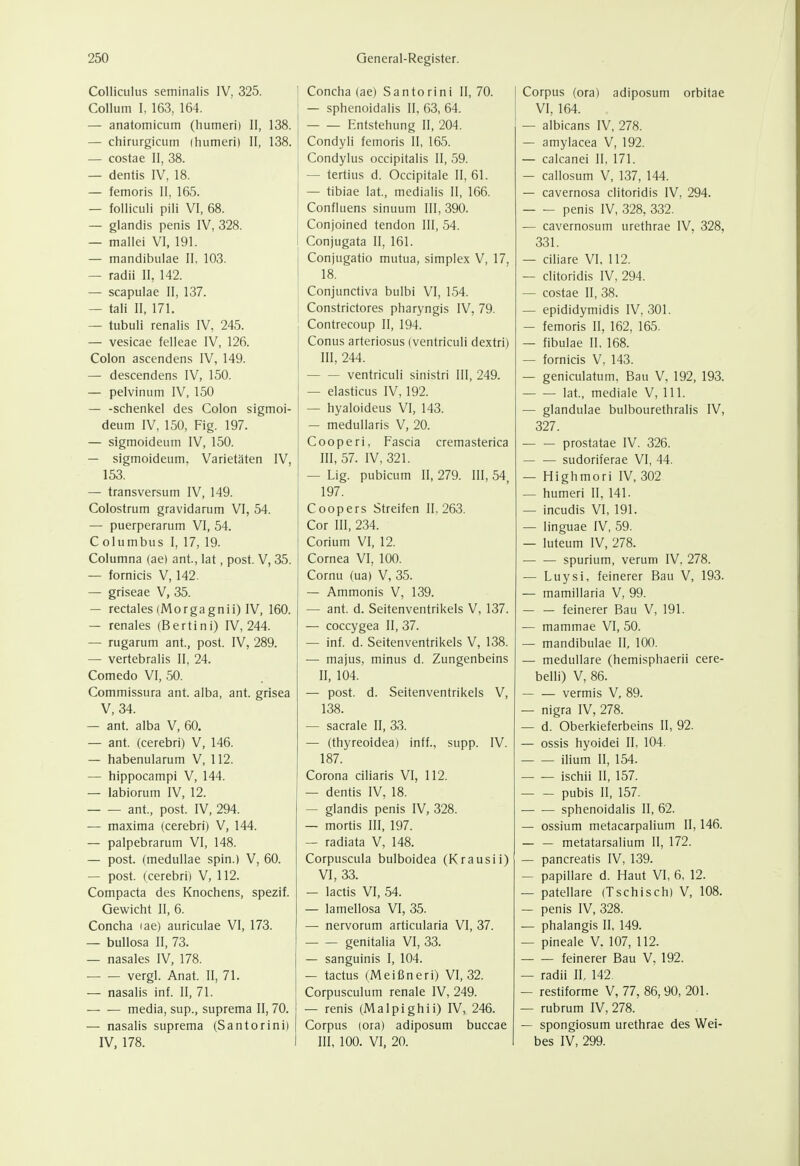 Colliculus seminalis IV, 325. Collum l 163, 164. — anatomicum (humeri) II, 138. — chirurgicum (humeri) II, 138. — costae II, 38. — dentis IV, 18. — femoris II, 165. — folliculi Pili VI, 68. — glandis penis IV, 328. — mallei VI, 191. — mandibulae II, 103. — radii II, 142. — scapulae II, 137. — tali II, 171. — tubuli renalis IV, 245. — vesicae felleae IV, 126. Colon ascendens IV, 149. — descendens IV, 150. — pelvinum IV, 150 — -Schenkel des Colon sigmoi- deum IV, 150, Fig. 197. — sigmoideum IV, 150. — sigmoideum. Varietäten IV, 153. — transversum IV, 149. Colostrum gravidarum VI, 54. — puerperarum VI, 54. Columbus I, 17, 19. Columna (ae) ant., lat, post. V, 35. — fornicis V, 142. — griseae V, 35. — rectales (Morgagnii) IV, 160. — renales (Bertini) IV, 244. — rugarum ant., post. IV, 289. — vertebralis II, 24. Comedo VI, 50. Commissura ant. alba, ant. grisea V, 34. — ant. alba V, 60. — ant. (cerebri) V, 146. — habenularum V, 112. — hippocampi V, 144. — labiorum IV, 12. ant., post. IV, 294. — maxima (cerebri) V, 144. — palpebrarum VI, 148. — post. (medullae spin.) V, 60. — post. (cerebri) V, 112. Compacta des Knochens, spezif. Gewicht II, 6. Concha lae) auriculae VI, 173. — bullosa II, 73. — nasales IV, 178. vergl. Anat. II, 71. — nasalis inf. II, 71. — — media, sup., suprema II, 70. — nasalis suprema (Santorini) IV, 178. Concha (ae) Santorini II, 70. — sphenoidalis 11, (33, 64. Entstehung II, 204. Condyli femoris II, 165. Condylus occipitalis II, 59. — tertius d. Occipitale II, 61. — tibiae lat., medialis II, 166. Confluens sinuum III, 390. Conjoined tendon III, 54. Conjugata II, 161. Conjugatio mutua, simplex V, 17, 18. Conjunctiva bulbi VI, 154. Constrictores pharyngis IV, 79. Contrecoup II, 194. Conus arteriosus (ventriculi dextri) III, 244. ventriculi sinistri III, 249. — elasticus IV, 192. — hyaloideus VI, 143. — meduUaris V, 20. Cooperi, Fascia cremasterica III, 57. IV, 321. — Lig. pubicum II, 279. III, 54, 197. Coopers Streifen 11,263. Cor III, 234. Corium VI, 12. Cornea VI, 100. Cornu (ua) V, 35. — Ammonis V, 139. — ant. d. Seitenventrikels V, 137. — coccygea II, 37. — inf. d. Seitenventrikels V, 138. — majus, minus d. Zungenbeins II, 104. — post. d. Seitenventrikels V, 138. — sacrale II, 33. — (thyreoidea) inf f., supp. IV. 187. Corona ciliaris VI, 112. — dentis IV, 18. — glandis penis IV, 328. — mortis III, 197. — radiata V, 148. Corpuscula bulboidea (Krausii) VI, 33. — lactis VI, 54. — lamellosa VI, 35. — nervorum articularia VI, 37. genitalia VI, 33. — sanguinis I, 104. — tactus (Meißneri) VI, 32. Corpusculum renale IV, 249. — renis (Malpighii) IV, 246. Corpus (ora) adiposum buccae III, 100. VI, 20. Corpus (ora) adiposum orbitae VI, 164. — albicans IV, 278. — amylacea V, 192. — calcanei II, 171. — callosum V, 137, 144. — cavernosa clitoridis IV, 294. penis IV, 328, 332. — cavernosum urethrae IV, 328, 331. — ciliare VI, 112. — clitoridis IV, 294. — costae II, 38. — epididymidis IV, 301. — femoris II, 162, 165. — fibulae II, 168. — fornicis V, 143. — geniculatum. Bau V, 192, 193. lat., mediale V, III. — glandulae bulbourethraiis IV, 327. prostatae IV. 326. sudoriferae VI, 44. — Highmori IV, 302 — humeri II, 141. — incudis VI, 191. — linguae IV, 59. — luteum IV, 278. spurium, verum IV. 278. ■— Luysi, feinerer Bau V, 193. — mamillaria V, 99. — — feinerer Bau V, 191. — mammae VI, 50. — mandibulae II, 100. — medulläre (hemisphaerii cere- belli) V, 86. vermis V, 89. — nigra IV, 278. — d. Oberkieferbeins II, 92. — ossis hyoidei II, 104. ilium 11, 154. ischii II, 157. — — pubis II, 157. sphenoidalis II, 62. — ossium metacarpalium II, 146. — — metatarsalium II, 172. — pancreatis IV, 139. — papilläre d. Haut VI, 6, 12. — patellare (Tschisch) V, 108. — penis IV, 328. — phalangis II, 149. — pineale V. 107, 112. feinerer Bau V, 192. — radii IL 142. — restiforme V, 77, 86, 90, 201. — rubrum IV, 278. — spongiosum urethrae des Wei- bes IV, 299.