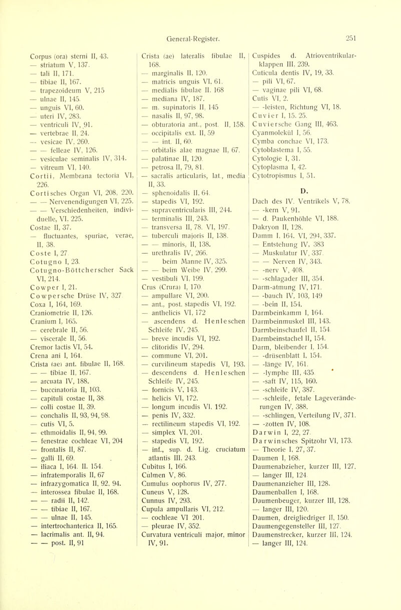 Corpus (oral sterni 11, 43. — striatum V, 137. — tali II, 171. — tibiae II, 167. — trapezoideiim V, 215 — ulnae II, 145. — unguis VI, 60. — uteri IV, 283. — ventriculi IV, 91. — vertebrae II. 24. — vesicae IV, 260. felleae IV, 126. — vesiculae seminalis IV, 314. — vitreum VI, 140. Cortii, Membrana tectoria VI, 226. Cortisches Organ VI, 208, 220. Nervenendigungen VI, 225. Verschiedenheiten, indivi- duelle, VI. 225. Costae II, 37. — fluctuantes, spuriae, verae, II, 38. Coste I, 27 Cotugno I, 23. Cotugno-Böttcherscher Sack VI, 214. Cowper I, 21. Cowpersche Drüse IV. 327 Coxa I, 164, 169. Cranioruetrie II, 126. Cranium I, 165. — cerebrale II, 56. — viscera,le II, 56. Cremor lactis VI, 54. Crena ani I, 164. Crista (ae) ant. fibulae II, 168. tibiae II, 167. — arcuata IV, 188. — buccinatoria II, 103. — capituli costae II, 38. — colli costae II, 39. — conchalis II, 93, 94, 98. — cutis VI, 5. — ethmoidalis II, 94, 99. — fenestrae Cochleae VI, 204 — frontalis II, 87. — galli II, 69. — iliaca I, 164. II. 154. ■— infratemporalis II, 67 — infrazygomatica II, 92, 94. — interossea fibulae II, 168. radii II, 142. tibiae II, 167. ulnae II, 145. — intertrochanterica II, 165. — lacrimalis ant. II, 94. post. II, 91 Crista (ae) lateralis fibulae II, 168. — marginalis II, 120. — matricis unguis VI. 61. — medialis fibulae II. 168 — mediana IV, 187. — m. supinatoris II, 145 — nasalis II, 97, 98. — obturatoria ant., post. II, 158. — occipitalis ext. II, .59 int. II, 60. — orbitalis alae magnae II, 67. — palatinae II, 120. — petrosa II, 79, 81. — sacralis articularis, lat., media II, 33. — sphenoidalis II, 64. — stapedis VI, 192. — supraventricularis III, 244. — terminalis III, 243. — transversa II, 78. VI, 197. — tuberculi majoris II, 138. minoris, II, 138. — urethralis IV, 266. — beim Manne IV, 325. beim Weibe IV, 299. — vestibuli VI, 199. Crus (Crurai I, 170 — ampuUare VI, 200. — ant., post. stapedis VI. 192. — anthelicis VI, 172 — ascendens d. Henleschen Schleife IV, 245. — breve incudis VI, 192. — clitoridis IV, 294. — commune VI, 201. — curvilineum stapedis VI, 193. — descendens d. Henleschen Schleife IV, 245. — fornicis V, 143. — helicis VI, 172. — longum incudis VI, 192. — penis IV, 332. — rectilineum stapedis VI, 192. — Simplex VI, 201. — stapedis VI, 192. — inf., sup. d. Lig. cruciatum atlantis III, 243. Cubitus I, 166. Culmen V, 86. Cumulus oophorus IV, 277. Cuneus V, 128. Cunnus IV, 293. Cupula ampullaris VI, 212. — Cochleae VI 201. — Pleurae IV, 352. Curvatura ventriculi major, minor IV, 91. Cuspides d. Atrioventrikular- klappen III, 239. Cuticula dentis IV, 19, 33. — Pili VI, 67. — vaginae pili VI, 68. Cutis VI, 2. leisten, Richtung VI, 18. Cuvier I, 15. 25. Cuviersche Gang 111,463. Cyanmolekül I, 56. Cymba conchae VI, 173. Cytoblastema I, 55. Cytologie I, 31. Cytoplasma I, 42. Cytotropismus I, 51. D. Dach des IV. Ventrikels V, 78. kern V, 91. — d. Paukenhöhle VI, 188. Dakryon II, 128. Damm I, 164. VI, 294. 337. — Entstehung IV, 383 — Muskulatur IV, 337. Nerven IV, 343. nerv V, 408. — -Schlagader III, 354. Darm-atmung IV, 171. — -bauch IV, 103, 149 — -bein II, 154. Darmbeinkamm I, 164. Darmbeinmuskel III, 143. Darmbeinschaufel II. 154. Darmbeinstachel II, 154. Darm, bleibender I. 154. drüsenblatt I, 154. — -länge IV, 161. — -lymphe III, 435- — -saft IV, 115, 160. — -schleife IV, 387. schleife, fetale Lageverände- rungen IV, 388. schlingen, Verteilung IV, 371. zotten IV, 108. Darwin I, 22, 27. Darwinsches Spitzohr VI, 173. — Theorie I, 27, 37. Daumen I, 168. Daumenabzieher, kurzer III, 127. — langer III, 124. Daumenanzieher III, 128. Daumenballen I, 168. Daumenbeuger, kurzer III, 128. — langer III, 120. Daumen, dreigliedriger II, 150. Daumengegensteller III, 127. Daumenstrecker, kurzer III, 124. — langer III, 124.
