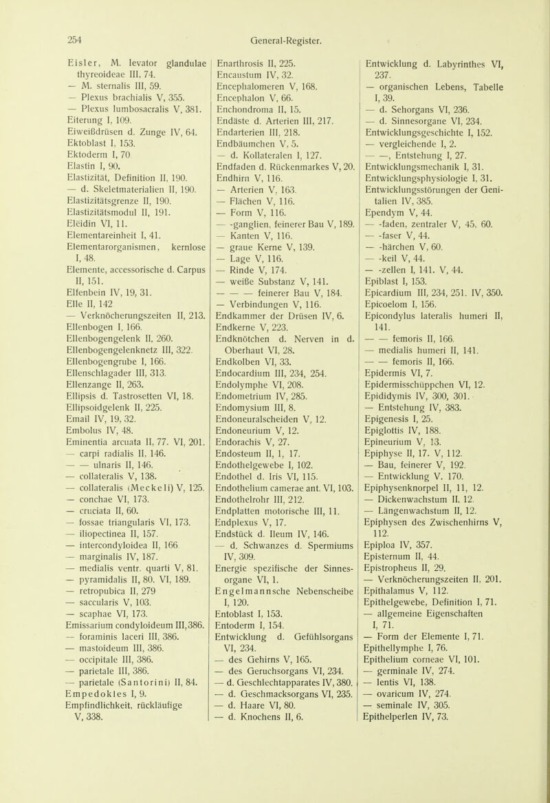 Eisler, M. levator glandulae thyreoideae III, 74. — M. Sternalis III, 59. — Plexus brachialis V, 355. — Plexus lumbosacralis V, 381. Eiterung I, 109. Eiweißdrüsen d. Zunge IV, 64. Ektoblast I, 153. Ektoderm I, 70 Elastin I, 90. Elastizität, Definition II, 190. — d. Skeletmaterialien II, 190. Elastizitätsgrenze II, 190. Elastizitätsmodul II, 191. Eleidin VI, 11. Elementareinheit I, 41. Elementarorganismen, kernlose I, 48. Elemente, accessorische d. Carpus II, 151. Elfenbein IV, 19, 31. Elle II, 142 — Verknöcherungszeiten II, 213. Ellenbogen I, 166. Ellenbogengelenk II, 260. Ellenbogengelenknetz III, 322. Ellenbogengrube I, 166. Ellenschlagader III, 313. Ellenzange II, 263. Ellipsis d. Tastrosetten VI, 18. Ellipsoidgelenk II, 225. Email IV, 19, 32. Embolus IV, 48. Eminentia arcuata II, 77. VI, 201. — carpi radialis II, 146. ulnaris II, 146. — collateralis V, 138. — collateralis (Meckeli) V, 125. — conchae VI, 173. — cruciata II, 60. — fossae triangularis VI, 173. — iliopectinea II, 157. — intercondyloidea II, 166 — marginalis IV, 187. — medialis ventr. quarti V, 81. — pyramidalis II, 80. VI, 189. — retropubica II, 279 — saccularis V, 103. — scaphae VI, 173. Emissarium condyloideum 111,386. — foraminis laceri III, 386. — mastoideum III, 386. — occipitale III, 386. — parietale III, 386. — parietale (Santorini) II, 84. Empedokles I, 9. Empfindlichkeit, rückläufige V. 338. Enarthrosis II, 225. Encaustum IV, 32. Encephalomeren V, 168. Encephalon V, 66. Enchondroma II. 15. Endäste d. Arterien III, 217. Endarterien III, 218. Endbäumchen V, 5. — d. Kollateralen I, 127. Endfaden d. Rückenmarkes V, 20. Endhirn V, 116. — Arterien V, 163. — Flächen V, 116. — Form V, 116. ganglien, feinerer Bau V, 189. — Kanten V, 116. — graue Kerne V, 139. — Lage V, 116. — Rinde V, 174. — weiße Substanz V, 141. feinerer Bau V, 184. — Verbindungen V, 116. Endkammer der Drüsen IV, 6. Endkerne V, 223. Endknötchen d. Nerven in d. Oberhaut VI, 28. Endkolben VI, 33. Endocardium III, 234, 254. Endolymphe VI, 208. Endometrium IV, 285. Endomysium III, 8. Endoneuralscheiden V, 12. Endoneurium V, 12. Endorachis V, 27. Endosteum II, 1, 17. Endothelgewebe I, 102. Endothel d. Iris VI, 115. Endothelium camerae ant. VI, 103. Endothelrohr III, 212. Endplatten motorische III, 11. Endplexus V, 17. Endstück d. Ileum IV, 146. — d. Schwanzes d. Spermiums IV, 309. Energie spezifische der Sinnes- organe VI, 1. Engelmannsche Nebenscheibe I, 120. Entoblast I, 153. Entoderm I, 154. Entwicklung d. Gefühlsorgans VI, 234. — des Gehirns V, 165. — des Geruchsorgans VI, 234. — d. Geschlechtapparates IV, 380. — d. Geschmacksorgans VI, 235. — d. Haare VI, 80. — d. Knochens II, 6. I Entwicklung d. Labyrinthes VI, 237. — organischen Lebens, Tabelle I 1,39. — d. Sehorgans VI, 236. — d. Sinnesorgane VI, 234. Entwicklungsgeschichte I, 152. — vergleichende I, 2. , Entstehung I, 27. Entwicklungsmechanik I, 31. Entwicklungsphysiologie I, 31. Entwicklungsstörungen der Geni- talien IV, 385. Ependym V, 44. faden, zentraler V, 45, 60. faser V, 44. härchen V, 60. — -keil V, 44. Zellen I, 141. V, 44. Epiblast I, 153. Epicardium 111,234,251. IV, 350. Epicoelom I, 156. Epicondylus lateralis humeri II, 141. femoris II, 166. — medialis humeri II, 141. • femoris II, 166. Epidermis VI, 7. Epidermisschüppchen VI, 12. Epididymis IV, 300, 301. — Entstehung IV, 383. Epigenesis I, 25. Epiglottis IV, 188. Epineurium V, 13. Epiphyse II, 17. V, 112. — Bau, feinerer V, 192. — Entwicklung V. 170. Epiphysenknorpel II, 11, 12. — Dickenwachstum II, 12. — Längenwachstum II, 12. Epiphysen des Zwischenliirns V, 112. Epiploa IV, 357. Episternum II, 44. Epistropheus II, 29. — Verknöcherungszeiten II, 201. Epithalamus V, 112. Epithelgewebe, Definition I, 71. — allgemeine Eigenschaften I, 71. — Form der Elemente I, 71. Epithellymphe I, 76. Epithelium corneae VI, 101. — germinale IV, 274. — lentis VI, 138. — ovaricum IV, 274. — seminale IV, 305. Epithelperlen IV, 73.