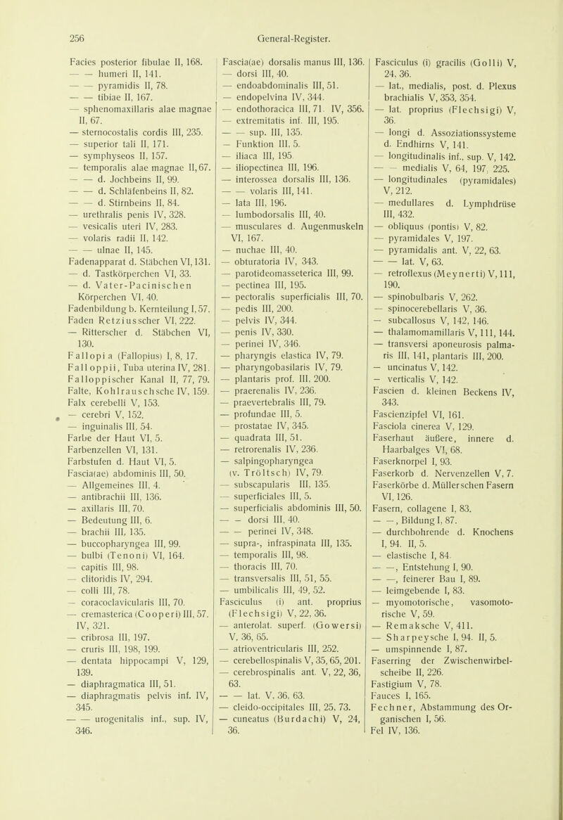 Facies posterior fibulae II, 168. — — humeri II, 141. pyramidis II, 78. tibiae II, 167. — sphenomaxillaris alae magnae II, 67. — sternocostalis cordis III, 235. — superior tali II, 171. — symphyseos II, 157. — temporalis alae magnae 11,67. d. Jochbeins II, 99. d. Schläfenbeins II, 82. d. Stirnbeins II, 84. — urethralis penis IV, 328. — vesicalis uteri IV, 283. — volaris radii II, 142. ulnae II, 145. Fadenapparat d. Stäbchen VI, 131. — d. Tastkörperchen VI, 33. — d. Vater-Pacinischen Körperchen VI, 40. Fadenbildung b. Kernteilung 1,57. Faden Retziusscher VI, 222. — Ritterscher d. Stäbchen VI, 130. Fallopi a (Fallopius) I, 8, 17. Fall oppii, Tuba uterina IV, 281. FaUoppischer Kanal 11,77,79. Falte, Kohlrauschsche IV, 159. Falx cerebelli V, 153. — cerebri V, 152. — inguinalis III, 54. Farbe der Haut VI, 5. Farbenzellen VI, 131. Farbstufen d. Haut VI, 5. Fascia(ae) abdominis III, 50. — Allgemeines III, 4. — antibrachii III, 136. — axillaris 111,70. — Bedeutung III, 6. — brachii III, 135. — buccopharyngea III, 99. — bulbi (Tenoni) VI, 164. — capitis III, 98. — clitoridis IV, 294. — colli III, 78. — coracoclavicularis III, 70. — cremasterica (Cooperi) III, 57. IV, 321. — cribrosa III, 197. — cruris III, 198, 199. — dentata hippocampi V, 129, 139. — diaphragmatica III, 51. — diaphragmatis pelvis inf. IV, 345. urogenitalis inf., sup. IV, 346. Fascia(ae) dorsalis manus III, 136. — dorsi III, 40. — endoabdominalis 111,51. — endopelvina IV, 344. — endothoracica 111,71. IV, 356. — extremitatis inf. III, 195. sup. III, 135. — Funktion III, 5. — iliaca III, 195. — iliopectinea III, 196. — interossea dorsalis III, 136. volaris III, 141. — lata III, 196. — lumbodorsalis III, 40. — musculares d. Augenmuskeln VI, 167. — nuchae III, 40. — obturatoria IV, 343. — parotideomasseterica III, 99. — pectinea III, 195. — pectoralis superficialis III, 70. — pedis III, 200. — pelvis IV, 344. — penis IV, 330. — perinei IV, 346. — pharyngis elastica IV, 79. — pharyngobasilaris IV, 79. — plantaris prof. III, 200. — praerenalis IV, 236. — praevertebralis III, 79. — profundae III, 5. — prostatae IV, 345. — quadrata III, 51. — retrorenalis IV, 236. — salpingopharyngea (V. Tröltsch) IV, 79. — subscapularis III, 135. — superficiales III, 5. — superficialis abdominis III, 50. dorsi 111,40. perinei IV, 348. — supra-, infraspinata III, 135. — temporalis III, 98. — thoracis III, 70. — transversalis III, 51, 55. — umbilicalis III, 49, 52. Fasciculus (i) ant. proprius (Flechsigi) V, 22, 36. — anterolat. superf. (Gowersi) V, 36, 65. — atrioventricularis III, 252. — cerebellospinalis V, 35,65, 201. — cerebrospinalis ant. V, 22, 36, 63. lat. V, 36, 63. — cleido-occipitales III, 25, 73. — cuneatus (Burdachi) V, 24, 36. Fasciculus (i) gracilis (Golli) V, 24, 36. — lat., medialis, post. d. Plexus brachialis V, 353, 354. — lat. proprius (Flechsigi) V, 36. — longi d. Assoziationssysteme d. Endhirns V, 141. — longitudinalis inf., sup. V, 142. medialis V, 64, 197, 225. — longitudinales (pyramidales) V, 212. — medulläres d. Lymphdrüse III, 432. — obliquus (pontisi V, 82. — pyramidales V, 197. — pyramidalis ant. V, 22, 63. lat. V, 63. — retroflexus (Meynerti) V, III, 190. — spinobulbaris V, 262. — spinocerebellaris V, 36. — subcallosus V, 142, 146. — thalamomamillaris V, III, 144. — transversi aponeurosis palma- ris III, 141, plantaris III, 200. — uncinatus V, 142. — verticalis V, 142. Fascien d. kleinen Beckens IV, 343. Fascienzipfel VI, 161. Fasciola cinerea V, 129. Faserhaut äußere, innere d. Haarbalges VI, 68. Faserknorpel I, 93. Faserkorb d. Nervenzellen V, 7. Faserkörbe d. Müllerschen Fasern VI, 126. Fasern, collagene I, 83. , Bildung 1,87. — durchbohrende d. Knochens 1,94. 11,5. — elastische I, 84. , Entstehung I, 90. , feinerer Bau I, 89. — leimgebende I, 83. — myomotorische, vasomoto- rische V, 59. — Remaksche V, 411. — Sharpeysche 1,94. 11,5. — umspinnende I, 87. Faserring der Zwischenw^irbel- scheibe II, 226. Fastigium V, 78. Fauces I, 165. Fechner, Abstammung des Or- ganischen I, 56. Fei IV, 136.