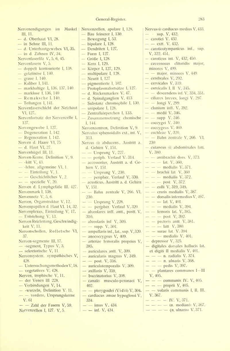 Nprx'PnpnHicTiinö'pn im iVlii<;kp1 ' l>ld\^lldllJl^Ull^l_ll 1111 l'lLlonCl Mpr\/pn7p1 1 Pfi Tnnlnrp I 1 9Ä l^dVdl^vlidl, clL/L/lclie 1^ l_(J. Mprvii*;(i\ rardi^irns mpdiifi V 433 III 11 111 j 11. RiTi fpinprpr I 1 .^O — jjciu idiidci 1, low. — snn V 439 H Ohprhfliit VI 98 \X. V_/UdliuLlL VI, ^O« Rp\i7PfTii n rf 1 S.*^ JjCWCeUll^ 1, fJO. /-a rntifi \/ 4.'^.'^ i-dlVJLlV.I V ^ TiJtJ. in Sehne III 1 1 III Odilia ^'*t ^ brnnlare I 128 extt V 432 H T IntPrVi n 1 itrfpw/pVvp« \/I .^^ LI- 11 ICl 11 cl Ii l J^C W C 5 OiJ. npnHritpn I 197 r;imfirntvnin?inirii*^ inf siin v.cmJllV-UlV lIlL/alllv-Uo liti.q .i^LH./. III U. Z><1I111CI1 i V , OTT. Fnrm 1 197 — I SJl Iii 1 , l ^1 • V 399 451 Mpr\'pnfTQprfi 17 V/ S fl 4.^ i>JCi \ eilIclovi IIü V, W, ^(J. Hrnftp ] 19^ rarnfirim int V 439 4h0 1 IJ III, LlO Uli. V > TU*-, TiJV/. — Kern I 12^) l\dll Ii k — cavernosus clitoridis major, H(»nnplt Icnntntiriprfp 1 1 AH UUlJUC-ll nUlllUllll^IlC 1, IWU. k'nrnpr I 197 19Q minnrp«; \I 4QQ lIllllUlCo V , ^ZfZf' (tpI ^tti n H'vP 1 140 t'CIClllllWJC 1. IT-/. m 111 ti nnl a rp I 1 9R UlLllllUUiaic 1, 1 —o. — — mjiinr minnrps V 44Q oTiiiip T 140 Npiirit I 197 — cerebrales V 292. Kaliber 1 141 r^i rf m Pn f i prt p 1 109 — rpr\/ir;ilp*\ \J .^.'■^Q — markhaltige I, 136, 137, 140. — Protoplasmafortsätze I, 127. — cervicalis I, II V, 345. mnrklose I 136 140 — iii£iii\iUoC 1, itj'jj nv. H P1 ipL'pnm 1 rU'P*; \/ 47 — desrendens Inf V 334 351 vi Vo W 11 vJ V 11 3 1111, V • 1,Jf.J 1 • kJkJ L ' Remaksche I, 140. H Snin^il cr.mc^l i en V 413 — ciliares breves, longi V, 297. — Teilungen 1, 141. ^iih^t;in7 rhrnmOilh 11P I 130 _ _ longi V, 299. Mpr\;pnf;i<;pr'^rhirht lipr Netzh^iut 11 n i r\r\l Q rp T 1 OK — LHUpUldlt: I, IZO. - rliininm inff \/ 3Q9 l_l LI Iii LI III lllll. V ^ VI 127. 7pnirci 1 U'fSmprph pn 1 1 .X.X /yCl III d 1 i\UI UCldlCll 1; 1 «J<-l. medii V 346 lllVLlll V 5 O IV/. Mprv'pnfnrt*;;it7 (](^r Npr\'pn7Pll6 I 7ii c a m rn pncpf7iin(T cV\ pmiQPrl P Z>lljdUllildloClZ,UIi^ l.,lldllloUIIC — 'simn \l 34fi 127. 1 1AA rr\nc\f crpi \/ .'^4() LULi.y gci V. (jTV/. Nprv'pnüpwphp I 197 Mpr\fpn7pntrpn Opfinitinn \/ Q IN Cl V d lZ.di 11 eil j 1^ e 11111IUJI1 Vj Zf. — rnrrvopii*; V 4BQ Degenerütion I, 142. Mpr\'iiliic cnVtpnniH'11ipvt int \/ INCl V HIL13 o Uli Cl IVJI tu 1V.AI.J Uli. V ^ ^— rorh 1 PAP V 390 Regeneration I, 142. 0 lO. _ Bahn 7entrale V 266 VI Mpr\!Pn r1 Hjiarp \/I 7.S iNCIVCil U. Ilufllvl vi, /l/ i\erVUb (1) dUUULt-llo. rVHoUlLl d. 230. d Haut VI 97 H Piphirn V 1 Sl U. ijdlllll V. liJl. — pMtanPii*s (\\ ;ihHomin;ilps l?itt Nervenhügel III, 11. I Ir^snnma V ^97 ^JloJJlUll^ V, 1 . V. 380. TSJprvpn-Kprnp Opfinition \l Q nprir\li \/prlTiif \/ ^14 pclipil. VCilaUl V. OlT. — anlihr^irhii rlnr»^ \I 373 CllllIL'iCldlll UUlo. V, \J 1 k). — -kitt V 43 a/*ppccr~»riiic Aiictritf 3 m fiP- dLLCbbUllUo, rtUölllll d. U. vjt. iflt V 360 la l. V ] OVJW, -Iphrp ^illcjpmpinp VI 1 hirn V 1 Sl Ililll V, Ul- mpHiali'^ V 371 lllCVilullo V 4 KJ1 1. Kinfpiliincy V 1 t_.iiiitriiLiii^ Vj 1. — —- uiDpiLuiy V, zou. L/lddlll lal V, OVJVy — Geschichtliches V 2. r\prir\Vipr \/prlaiiT \/ .^^O — — UdiUiici. vciidui V, oovy. medialis V 372 llldJIullO V , z. — — spezielle V, 20. ani<;tini'^ Austritt ^ d nphirn post. V, 372. Nprvpn (i T vmnhcypfüßp III 497 V 1 ^1 V , IUI. _ colli V 319 349 Mprvpnm;irk I R;ihn 7pnfnlp V 9fi8 VT — — jjdiiii /.diiitiic Vj zu v.J. VI, rntric; tnpHiali's V 3fi7 dUllo llldJIdllo Vj kjkJ I . TM p r\' pn n pt 7 V S 930 rlnr'^jili*^ intprmpdiii<i V 4Q7 VJUlodllo 111 ICl 111 Vvi 1 L4o V , ^-J 1 • TVTiirypn Oro';instriilvtiir \/ 19 i'JCl VCll, l^Clllc'lllllMLH V, Ii..- r Ir-^nnincT V 99^^ _ lat V 401 1 d l. V 5 T^V/ 1 . ISIprvPtin^Tniilen ti I l;iiit VI 14 .^9 nprii^hpr \/prlJi11 f \/ .'^90 — UCllUlld. VCllaUl Vi «JZV^ - medialis V 394 Nervenplexus, Einteilung V, 17. — alveolares inff. antt., postt. V, — — femoris lat. V, 385. Entstehung V, 13. 310. nnst V 399 '\fpr\'pn Rpi7lpitiincf Opt^rh\]i7inHicr- i.\d V dl IX dt, IdlLlllt^, VJ Covll vV lllVJlc 'il\rpnlciric Inf \/ <0Q ■npftr^ri'^ mft \/ XSl L)Cl.l'Jllo dllLL. V, OO 1 . keit V 11 I\d L V , 1 i.. cnnn V ^Ol latt V 380 Nervenschollen. Rolletsche VI amtMill^iriQ inf Itit tun \/ ^90 a III L/Ulld 115 IUI., luL.) oUJJ. V , uzv. surae lat V 394 37. iinnpnrT\7^fTpnQ \/ 40Q — diiULULV.y ^dij Vj ^\Jo. medialis V, 401. Nerven-segmente III, 17. ?irtpri?ip fpmorjilis rtronriiTs V ClltV-lluV-^ IVillWicliiO L'lwL.'l-lLlO V, — depressor V, 325. -t;pömpnt Tx'niTs V 3 ooo. fiicrit^ilp^ Hnr'^alp'^ h;illiipi*N Ist UliilldlCo UUlodlCo lldllUVlO iciL. Qpkfptnrisrhp V 1 1 odVld\Jilo\-ilV V, 11. dUIlCLUdlco dllLl. V, 0\Ju. pt riitjiti II mpr1iali»s V 401 Cl Uli;lll 11 Illd_llullO V , TV 1 . Mpr\7pn<iV9tPTTi '^vlTl^^^tl^is^hps V Q11 rii^nlaric miirmiic \I ^40 dUllLUldllo llld^IlUO V , O^yJ' n rarlijili's V 374 II- IdLlldllo V 1 iJ/TC. 428. — n iiltipiris V 368 II. Liiiiciiio V ) yjyjKj' Untersuchungsmethoden V 18. QUriPI 11 r\tpmnrir^i 11 c \l -lOQ — d Iii IdiiUlClll UUl dll j V 1 0\jj. _ nedis V 397 vegetatives V, 428. dAUldllo V , ^jOzj. nl?int;irP9 rommunes I—III 1 C3 11 lU 1 V>i7 V V/1 i 1 1 i 1 LI 1 1 V O X III M(>r\;pn tronViiQphp \/ 11 INCiVCIi, II V_l JJlll jV_IIC V, 11» — uuLLniaLuriub v, owo. V 40 S Hpr Venen III 998 r* Q n Q i 1 c m ncpiilr^-np trx n o p i \ / Ldlldllo IllU>LUlUUeHJIIdC:i V, pnmmnnis IV V 40.S CvJIII III 14 II lo IV. V j ^yji-f' — Verbindungen V, 14. 402. — proprii V, 405. — -wurzeln, Definition V. 11. pterygoidei (Vidii) V, 304. volaris communis I, II, III. vordere, Ursprungskerne — cardiacus ansäe hypoglossi V, V, 367. V. 61 334. IV. V, 371. Zahl der Fasern V, 59. imus V. 434. (n. medianii V, 367. Nervenzellen I, 127. V, 5. inf. V, 434. — (n. ulnarisi V, 371.