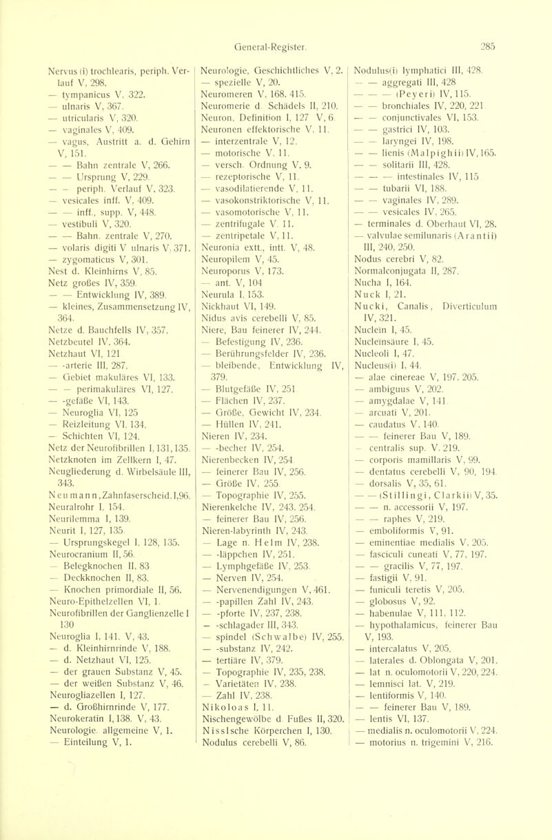 Nervus (i) trochlearis, periph. Ver- lauf V, 298. — tympanicus V, 322. — ulnaris V. 367. — utricularis V, 320. — vaginales Y, 409. — vagus, Austritt a. d. Gehirn V, 151. Bahn zentrale V, 266. Ursprung V, 229. periph. Verlauf V, 323. — vesicales inff. V, 409. — — inff., supp. V, 448. — vestibuli V, 320. Bahn, zentrale V, 270. — volaris digiti V ulnaris V:371. — zygomaticus V, 301. Nest d. Kleinhirns V, 85. Netz großes IV, 359. Entwicklung IV, 389. — kleines, Zusammensetzung IV, 364. Netze d. Bauchfells IV, 357. Netzbeutel IV. 364. Netzhaut VI, 121 — -arterie III, 287. — Gebiet makuläres VI, 133. — — perimakuläres VI, 127. — -gefäße VI, 143. — Neuroglia VI, 125 — Reizleitung VI. 134. — Schichten VI, 124. Netz der Neurofibrillen 1,131,135. Netzknoten im Zellkern I, 47. Neugliederung d. Wirbelsäule III, 343. Neu mann,Zahnfaserscheid.I,96. Neurairohr I, 154. Neurilemma I, 139. Neurit I, 127, 135. — Ursprungskegel I, 128, 135. Neurocranium II, 56. — Belegknochen II, 83 — Deckknochen II, 83. — Knochen primordiale II, 56. Neuro-Epithelzellen VI, 1. Neurofibrillen der Ganglienzelle I 130 Neurogha I, 141. V, 43. — d. Kleinhirnrinde V, 188. — d. Netzhaut VI, 125. — der grauen Substanz V, 45. — der weißen Substanz V, 46. Neurogliazellen I, 127. — d. Großhirnrinde V, 177. Neurokeratin 1,138. V, 43. Neurologie, allgemeine V, 1. — Einteilung V, 1. Neurologie, Geschichtliches V, 2. — spezielle V, 20. Neuromeren V, 168,415. Neuromerie d. Schädels II, 210. Neuron, Definition 1, 127 V, 6. Neuronen effektorische V. 11. — interzentrale V, 12. — motorische V. 11. — versch. Ordnung V. 9. — rezeptorische V, 11. — vasodilatierende V. 11. — vasokonstriklorische V, 11. — vasomotorische V, 11. — zentrifugale V. 11. — zentripetale V, 11. Neuronia extt., intt. V, 48. Neuropilem V, 45. Neuroporus V, 173. — ant. V, 104 Neurula I, 153. Nickhaut VI, 149. Nidus avis cerebelli V, 85. Niere, Bau feinerer IV, 244. — Befestigung IV, 236. — Berührungsfcider IV, 236. — bleibende, Entwicklung IV, 379. — Blutgefäße IV, 251 — Flächen IV, 237. — Größe, Gewicht IV, 234. — Hüllen IV, 241. Nieren IV, 234. — -becher IV. 254. Nierenbecken IV, 254. — feinerer Bau IV, 256. — Größe IV, 255. — Topographie IV, 255. Nierenkelche IV, 243, 254. — feinerer Bau IV, 256. Nieren-labyrinth IV, 243. — Lage n. Helm IV, 238. läppchen IV, 251. — Lymphgefäße IV, 253. — Nerven IV, 254. — Nervenendigungen V, 461. — -Papillen Zahl IV, 243. — -pforte IV, 237, 238. — -Schlagader III, 343. — Spindel (Schwalbe) IV, 255. — -Substanz IV, 242. — tertiäre IV, 379. — Topographie IV, 235, 238. — Varietäten IV, 238. — Zahl IV, 238. Nikoloas I, 11. Nischengewölbe d. Fußes 11,320. Nissische Körperchen I, 130. Nodulus cerebelli V, 86. Nodulus(i) lymphatici III, 428. aggregati III, 428 (Peyeri) IV, 115. bronchiales IV, 220, 221 — — conjunctivales VI, 153. gastrici IV, 103. laryngei IV, 198. lienis (Malpighiii IV, 165. solitarii III, 428. intestinales IV, 115 tubarii VI, 188. vaginales IV, 289. vesicales IV, 265. — terminales d. Oberhaut VI, 28. — valvulaesemilunaris (Arantii) III, 240, 250. Nodus cerebri V, 82. Normalconjugata II, 287. Nucha I, 164. Nuck I, 21. Nucki, Canalis, Diverticulum IV, 321. Nuclein I, 45. Nucleinsäure I, 45. Nucleoli I, 47. Nucleus(i) I, 44. — alae cinereae V, 197, 205. — ambiguus V, 202. — amygdalae V, 141. — arcuati V, 201. — caudatus V, 140. feinerer Bau V, 189. — centralis sup. V. 219. — corporis mamillaris V, 99. — dentatus cerebelli V, 90, 194. — dorsalis V, 35, 61. (Stillingi, Clarkiii V, 35. n. accessorii V, 197. raphes V, 219. — emboliformis V, 91. — eminentiae medialis V. 205. — fasciculi cuneati V, 77, 197. gracilis V, 77, 197. — fastigii V. 91. — funiculi teretis V, 205. — globosus V, 92. — habenulae V, III, 112. — hypothalamicus, feinerer Bau V, 193. — intercalatus V, 205. — laterales d. Oblongata V, 201. — lat n. oculomotorii V, 220, 224. — lemnisci lat. V, 219. — lentiformis V, 140. feinerer Bau V, 189. — lentis VI, 137. I — medialis n. oculomotorii V, 224. ! — motorius n. trigemini V, 216.