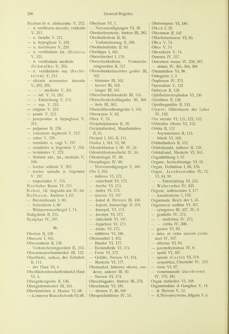 Nucleus (i) n. abducentis V, 212. — n. cochlearis dorsalis, ventralis V,211. — n. facialis V. 211. — n. hypoglossi V, 201. — n. trochlearis V, 220. — n. vestibularis lat. (Deiters) V, 211. — n. vestibularis mediaiis (Schwalbe) V, 205. — n. vestibularis sup. (Becht- terew) V, 211. — olivaris accessorius dorsalis V, 202, 205. mediaiis V, 201. inf. V, 74, 202. Entstehung V, 173. sup. V, 215. — originis V, 223. — pontis V, 212. — praepositus n. hypoglossi V, 211. — pulposus II, 226. — reticularis tegmenti V, 212. — ruber V, 220. — sensibilis n. vagi V, 197. — sensibiles n. trigemini V, 216. — terminales V. 223. — thalami ant., lat., mediaiis V, 108. — tractus solitarii V, 202. — tractus spinalis n. trigemini V. 197. — trapezoides V, 215. Nuelscher Raum VI, 225. Nuhni, Gl. lingualis ant. IV, 64. Nußbaum, Amitose I, 62.. — Bürstenbesatz I, 80. — Nebenl<ern 1, 80. — Wimperwurzelkegel 1, 74. Nußgelenk II, 225. Nymphae IV, 297. O. Obelion II, 128. Oberarm I, 165. Oberarmbein II, 138. — Verknöcherungszeiten II, 213. Oberarmspeichenmuskel III, 122 Oberfläche, äußere, des Schädels II, III. — der Haut VI, 4 Oberflächenbeschaffenheit d. Haut VI, 4. Obergrätengrube II, 136. Obergrätenmuskel III, 101. Oberhäutchen d. Haares VI, 68. — d. inneren Wurzelscheide VI,68. Oberhaut VI, 7. — Nervenendigungen VI, 28. Oberkieferarterie, hintere III, 282 Oberkieferbein II, 92. — Verknöcherung II, 206. Oberkieferhöhle II, 93. Oberlippe I, 165. Oberschenkel I, 170. Oberschenkelbein, Verknöche rungszeiten II, 217. Oberschenkelanzieher großer III 162. — kleinster III, 162. — kurzer III, 162. — langer III, 161 Oberschenkelmuskeln III, 155. Oberschenkelschlagader III, 360 — tiefe III, 362. Oberschlüsselbeingrube I, 164. Oberwurm V, 82. Obex V, 73. Occipitalpfannen II, 28. Occipitalwirbel, Manifestation 11,61. Occiput I, 165. II, III. Oculus I, 164. VI, 98. Odontoblasten I, 96. IV, 34. Odontoblastenschicht IV, 34. Odontologie IV, 48. Oesophagus IV, 88. — Nervenendigungen V, 460. Ohr I, 164. — äußeres VI, 172. einschnitt VI, 172. — -furche VI, 173. — -index VI, 173. — inneres VI, 197 kanal d. Herzens III, 458. kapsei, knorpelige II. 204. — -knorpel, VI. 174. krempe VI, 172. labyrinth VI, 197. läppchen VI, 172. — -leiste, VI, 172. — mittleres VI, 186. Ohrmuschel 1, 165. — Bänder VI, 177. — Bestandteile VI, 174 — Form VI, 172. — Gefäße, Nerven VI, 174. — Muskeln VI, 177. Ohrmuskel, hinterer, oberer, vor- derer, unterer III, 92. — Nerven VI, 174. Ohrschlagader, hintere III, 279. Ohrschmalz VI, 181. drüsen V, 46,180 Ohrspeicheldrüse IV, 53. Ohrtrompete VI, 186. Oken I, 29. Olecranon II, 142. Olfactoriusfasern VI, 85. Oliva V, 74. OHve V, 74. Olivenkern V, 74. Omenta IV, 357. Omentum majus IV, 359, 367. — minus IV, 361, 364, 366 Ommatidien VI, 98. Ontogenie I, 2. Oophoron IV, 273. Operculum V, 122 Ophryon II, 128. Ophthalmencephalon VI, 236. Opisthion II, 128. Opisthognathie II, 133. Oppel, Gitterfasern der Leber IV, 132. Ora serrata VI, 121, 122, 132 Orbiculus ciliaris VI, 112. Orbita II, 112 — Asymmetrien II, 113. — Inhalt VI, 163. Orbitalindices II, 132. Orbitalpunkt, äußerer II, 128. Orbitalrand, Muskeln VI, 163. Organbildung 1, 67. Organe, becherförmige VI, 95. Organ, Definition I, 68, 176. Organ, Jacobsonsches IV, 72, VI, 84,91. Entwicklung VI, 235. — Webersches IV, 325. Organe, rudimentäre I, 177. — transitorische I, 176. Organisata, Reich der I, 35. Organon(a) auditus VI, 167. — cytogenea III, 427. IV, 9. — genitalia IV, 273. muliebria IV. 273. virilia IV, 300. — gustus VI, 92. — intra et extra saccum perito- naei IV, 357. — olfactus VI, 84. — parenchymatosa IV, 6. — spatii VI, 167. — Spirale (Cortii) VI, 208. — uropoetica, Übersicht IV, 233. — Visus VI, 97. — vomeronasale (Jacobsoni) IV, 176, 181. Organ statisches VI, 168. Organstruktur d. Ganglien V, 14. — d. Nerven V, 12. — d. Nervensystems, Allgem.V, 4.