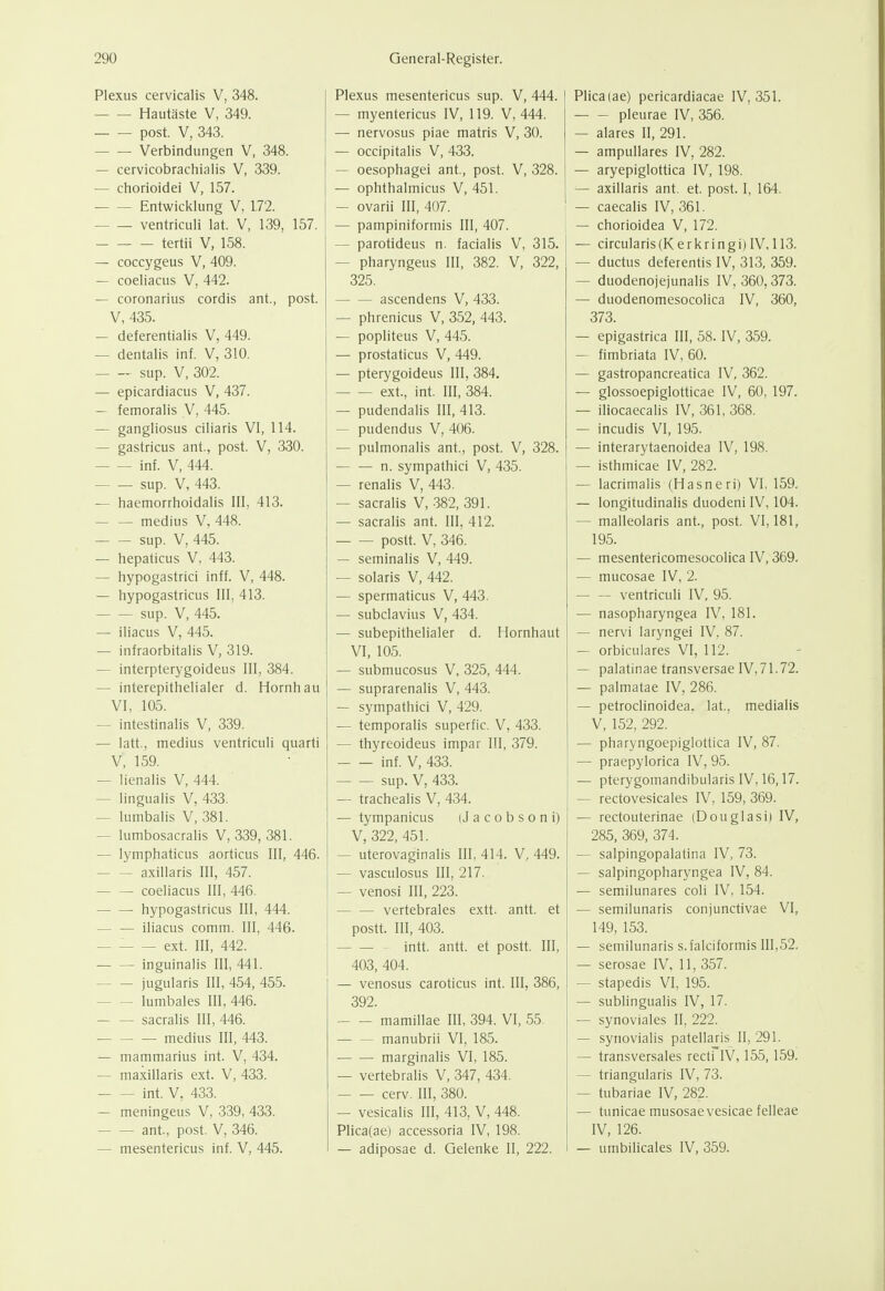 exus cervicalis V, 348. — Hautäste V, 349. — post. V, 343. — Verbindungen V, 348. cervicobrachiaiis V, 339. chorioidei V, 157. — Entwicklung V, 172. — ventriculi lat. V, 139, 157. tertii V, 158. coccygeus V, 409. coeliacus V, 442. coronarius cordis ant., post. V, 435. deferentialis V, 449. dentalis inf. V, 310. — sup. V, 302. epicardiacus V, 437. femoralis V, 445. gangliosus ciliaris VI, 114. gastricus ant., post. V, 330. — inf. V, 444. — sup. V, 443. haemorrhoidalis III, 413. — medius V, 448. — sup. V, 445. hepaticus V, 443. hypogastrici inff. V, 448. hypogastricus III, 413. — sup. V, 445. iliacus V, 445. infraorbitalis V, 319. interpterygoideus III, 384. interepithelialer d. Hornhau VI, 105. intestinalis V, 339. latt., medius ventriculi quarti V, 159. lienalis V, 444. lingualis V, 433. lumbalis V, 381. lumbosacralis V, 339, 381. lymphaticus aorticus III, 446. — axillaris III, 457. — coeliacus III, 446. — hypogastricus III, 444. — iliacus comm. III, 446. ext. III, 442. — inguinalis III, 441. — jugularis III, 454, 455. — lumbales III, 446. — sacralis III, 446. medius III, 443. mammarius int. V, 434. maxillaris ext. V, 433. — int. V, 433. meningeus V, 339, 433. — ant., post. V, 346. mesentericus inf. V, 445. Plexus mesentericus sup. V, 444. — myentericus IV, 119. V, 444. — nervosus piae matris V, 30. — occipitalis V, 433. — oesophagei ant., post. V, 328. — ophthalmicus V, 451. — ovarii III, 407. — pampiniformis III, 407. — parotideus n. facialis V, 315. — pharyngeus III, 382. V, 322, 325. ascendens V, 433. — phrenicus V, 352, 443. — popliteus V, 445. — prostaticus V, 449. — pterygoideus III, 384. ext., int. III, 384. — pudendalis III, 413. — pudendus V, 406. — pulmonalis ant., post. V, 328. — — n. sympathici V, 435. — renalis V, 443. — sacralis V, 382, 391. — sacralis ant. III, 412. poslt. V, 346. — seminalis V, 449. — solaris V, 442. — spermaticus V, 443. — subclavius V, 434. — subepithelialer d. Hornhaut VI, 105. — submucosus V, 325, 444. — suprarenalis V, 443. ~ sympathici V, 429. — temporalis superfic. V, 433. — thyreoideus impar III, 379. inf. V, 433. sup. V, 433. — trachealis V, 434. — tympanicus (Jacobson i) V, 322, 451. — uterovaginalis III, 414. V, 449. — vasculosus III, 217. — venosi III, 223. vertebrales extt. antt. et postt. III, 403. intt. antt. et postt. III, 403, 404. — venosus caroticus int. III, 386, 392. mamillae III, 394. VI, 55 — — manubrii VI, 185. marginalis VI, 185. — vertebralis V, 347, 434. cerv. III, 380. — vesicalis III, 413, V, 448. Plica(ae) accessoria IV, 198. — adiposae d. Gelenke II, 222. Plicaiae) pericardiacae IV, 351. — — pleurae IV, 356. — alares II, 291. — ampullares IV, 282. — aryepiglottica IV, 198. — axillaris ant. et. post. 1, 164. — caecalis IV, 361. — chorioidea V, 172. — circularis(Kerkringi)IV, 113. — ductus deferentis IV, 313, 359. — duodenojejunalis IV, 360,373. — duodenomesocolica IV, 360, 373. — epigastrica III, 58. IV, 359. — fimbriata IV, 60. — gastropancreatica IV, 362. — glossoepiglotticae IV, 60, 197. — iliocaecalis IV, 361, 368. — incudis VI, 195. — interarytaenoidea IV, 198. — isthmicae IV, 282. — lacrimalis (Hasneri) VI, 159. — longitudinalis duodeni IV, 104. — malleolaris ant., post. VI, 181, 195. — mesentericomesocolica IV, 369. — mucosae IV, 2. ventriculi IV, 95. — nasopharyngea IV, 181. — nervi laryngei IV, 87. — orbiculares VI, 112. — palatinae transversae IV,71,72. — palmatae IV, 286. — petroclinoidea, lat., medialis V, 152, 292. — pharyngoepiglottica IV, 87. — praepylorica IV, 95. — pterygoniandibularis IV, 16,17. — rectovesicales IV, 159, 369. — rectouterinae (Douglasi) IV, 285, 369, 374. — salpingopalatina IV, 73. — salpingopharyngea IV, 84. — semilunares coli IV, 154. — semilunaris conjunctivae VI, 149, 153. — semilunaris s.falciformis 111,52. — serosae IV, 11, 357. — stapedis VI, 195. — subungualis IV, 17. — synoviales II, 222. — synovialis patellaris II, 291. — transversales rectflV, 155, 159. — triangularis IV, 73. — tubariae IV, 282. — tunicae musosaevesicae felleae IV, 126. — umbilicales IV, 359.