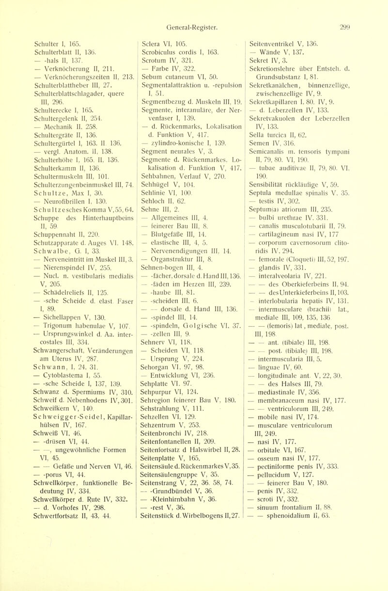 Schulter 1, 165. Schulterblatt II, 136. — -hals II, 137. — Verknöciierung II, 211. — Verknöcherungszeiten II, 213. Schulterblattheber III, 27. Schulterblattschlagader, quere III, 296. Schulterecke I, 165. Schultergelenk II, 254. — Mechanik II, 258. Schultergräte II, 136. Schultergürtel 1, 163. II 136. — vergl. Anatom. II, 138. Schulterhöhe I, 165. II, 136. Schulterkamm II, 136. Schultermuskeln III, 101. Schulterzungenbeinmuskel III, 74. Schnitze. Max I, 30. — Neurofibrillen I, 130. Schultzesches Komma V,55,64. Schuppe des Hinterhauptbeins II, 59 Schuppennaht II. 220. Schutzapparate d. Auges VI, 148. Schwalbe, G. I, 33. — Nerveneintritt im Muskel III, 3. — Nierenspindel IV, 255. — Nucl. n. vestibularis medialis V, 205. — Schädelreliefs II, 125. sehe Scheide d. elast Faser I, 89. — Sichellappen V, 130. — Trigonum habenulae V, 107. — Ursprungswinkel d. Aa. inter- costales III, 334. Schwangerschaft, Veränderungen am Uterus IV, 287. Schwann, I, 24, 31. — Cytoblastema I, .55. sehe Scheide I, 137, 139. Schwanz d. Spermiums IV, 310. Schweif d. Nebenhodens IV, 301. Schweifkern V, 140. Schweigger-Seidei, Kapillar- hülsen IV, 167. Schweiß VI, 46. — -drüsen VI, 44. ■ , ungewöhnliche Formen VI, 45. — — Gefäße und Nerven VI, 46. porus VI, 44. Schwellkörper, funktionelle Be- deutung IV, 334. Schwellkörper d. Rute IV, 332. d. Vorhofes IV, 298. Schwertfortsatz II, 43, 44. Sclera VI, 105. Scrobiculus cordis I, 163. Scrotum IV, 321. — Farbe IV, 322. Sebum cutaneum VI, 50. Segmentalattraktion u. -repulsion 1, 51. Segmentbezug d. Muskeln III, 19. Segmente, interanuläre, der Ner- venfaser I, 139. — d. Rückenmarks, Lokalisation d. Funktion V, 417. — zylindro-konische I. 139. Segment neurales V, 3. Segmente d. Rückenmarkes. Lo- kalisation d. Funktion V, 417. Sehbahnen, Verlauf V, 270. Sehhügel V, 104. Sehlinie VI, 100. Sehloch II, 62. Sehne III, 2. — Allgemeines III, 4. — feinerer Bau III, 8. — Blutgefäße III, 14. — elastische III, 4, 5. — Nervenendigungen III. 14. — Organstruktur III, 8. Sehnen-bogen III, 4. fächer, dorsale d. Hand III, 136. fäden im Herzen III, 239. — -haube III, 81. scheiden III, 6. dorsale d. Hand III, 136. Spindel III, 14. spindein, Golgische VI. 37. — -Zellen III, 9. Sehnerv VI, 118. — Scheiden VI, 118. — Ursprung V, 224. Sehorgan VI, 97, 98. — Entwicklung VI, 236. Sehplatte VI. 97. Sehpurpur VI, 124. Sehregion feinerer Bau V, 180. Sehstrahlung V, III. Sehzellen VI, 129. Sehzentrum V, 253. Seitenbronchi IV, 218. Seitenfontanellen II, 209. Seitenfortsatz d Halswirbel II, 28. Seitenplatte V, 165. Seitensäule d. Rückenmarkes V, 35. Seitensäulengruppe V, 35. Seitenstrang V, 22, 36. 58, 74. Grundbündel V, 36. Kleinhirnbahn V, 36. rest V, 36. Seitenstück d. Wirbelbogens 11,27. Seitenventrikel V, 136. — Wände V, 137. Sekret IV, 3. Sekretionslehre über Entsteh, d. Grundsubstanz I, 81. Sekretkanälchen, binnenzellige, zwischenzellige IV, 9. Sekretkapillaren I, 80. IV, 9. — d. Leberzellen IV, 133. Sekretvakuolen der Leberzellen IV, 133. Sella turcica II, 62. Semen IV, 316. Semicanalis m. tensoris tympani II, 79, SO. VI, 190. — tubae auditivae II, 79. 80. VI, 190. Sensibilität rückläufige V, 59. Septula meduUae spinalis V, 35. — testis IV, 302. Septumial atriorum III, 235. — bulbi urethrae IV. 331. — canalis musculotubarii II, 79. — cartilagineum nasi IV, 177 — corporum cavernosorum clito- ridis IV, 294. — femorale (Cloquetii 111,52, 197. — glandis IV, 331. — interalveolaria IV, 221. des Oberkieferbeins II, 94. des Unterkieferbeins II, 103. — interlobularia hepatis IV, 131. — intermusculare (brachiii lat., mediale III, 109, 135, 136 (femoris) lat, mediale, post. III, 198. ant. (tibiale) III, 198. post. (tibiale) III, 198. — intermuscularia III, 5. — linguae IV, 60. — longitudinale ant. V, 22, 30. des Halses III, 79. — mediastinale IV, 356. — membranaceum nasi IV, 177. ventriculorum III, 249. — mobile nasi IV, 174. — musculare ventriculorum III, 249. — nasi IV, 177. — orbitale VI, 167. — osseum nasi IV, 177. — pectiniforme penis IV, 333. — pellucidum V, 127. ~ — feinerer Bau V, 180. — penis IV, 332. — scroti IV, 332. — sinuum frontalium II, 88. sphenoidalium II, 63.