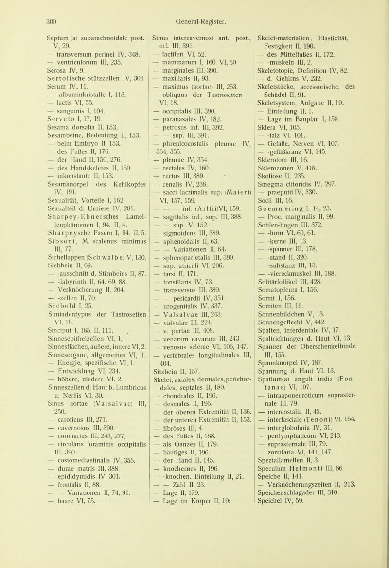 Septum (a) subarachnoidale post. I V, 29. — transversum perinei IV, 348. — ventriculorum III, 235. Serosa IV, 9. Sertolische Stützzellen IV, 306 Serum IV, 11. albuminkristalle I, 113. — lactis VI, 55. — sanguinis I, 104. Serveto I, 17, 19. Sesama dorsalia II, 153. Sesambeine, Bedeutung II, 153. — beim Embryo II, 153. — des Fußes II, 176. — der Hand II, 150, 276. — des Handskeletes II, 150. — inkonstante II, 153. Sesamknorpel des Kehlkopfes IV, 191. Sexualität, Vorteile I, 162. Sexualteil d. Urniere IV, 281. Sharpey-Ebnersches Lamel- lenphänomen 1, 94. II, 4. Sharpeysche Fasern I, 94. 11,5. i Sibsoni, M. scalenus minimus 1 III, 77. Sichellappen (S ch walb e) V, 130. Siebbein II, 69. — -ausschnitt d. Stirnbeins II, 87. labyrinth II, 64. 69, 88. — Verknöcherung II, 204. — -Zellen II, 70. Siebold I, 25. Simiadentypus der Tastrosetten VI, 18. Sinciput I, 165. II, III. Sinnesepithelzellen VI, 1. Sinnesflächen, äußere, innere VI, 2. Sinnesorgane, allgemeines VI, 1. — Energie, spezifische VI, 1. — Entwicklung VI, 234. — höhere, niedere VI, 2. j Sinneszellen d. Haut b. Lumbricus I u. Nereis VI, 30. Sinus aortae (Valsalvae) III, 250. — caroticus III, 271. — cavernosus III, 390. — coronarius III, 243, 277. — circularis foraminis occipitalis III, 390. — costomediastinalis IV, 355. — durae matris III, 388. — epididymidis IV, 301. — frontalis II, 88. — - Variationen II, 74, 91. — haare VI, 75. Sinus intercavernosi ant., post., inf. III, 391. — lactiferi VI, 52. — mammarum I, 160 VI, 50 — marginales III, 390. — maxillaris II, 93. — maximus (aortae) III, 263. — obliquus der Tastrosetten VI, 18. — occipitalis III, 390. — paranasales IV, 182. — petrosus inf. III, 392. sup. III, 391. — phrenicocostalis pleurae IV, 354, 355. — pleurae IV, 354 — rectales IV, 160. — rectus III, 389. — renalis IV, 238. — saeci lacrimalis sup. iMaieri) VI, 157, 159. inf. (Arltii)VI, 159. — sagittalis inf., sup. III, 388 sup. V, 152. — sigmoideus III, 389. — sphenoidalis II, 63. Variationen II, 64. — sphenoparietalis III, 390. — sup. utriculi VI, 206. — tarsi II, 171. — tonsillaris IV, 73. — transversus III, 389. pericardii IV, 351. — urogenitalis IV, 337. — Valsalvae 111,243. — valvulae III, 224. — v. portae III, 408. — venarum cavarum III, 243 — venosus sclerae VI, 106, 147. — vertebrales longitudinales III, 404. Sitzbein II, 157. Skelet, axiales, dermales, perichor- dales, septales II, 180. — chondrales II, 196. — desmales II, 196. — der oberen Extremität II, 136. — der unteren Extremität II, 153. — fibröses III, 4. — des Fußes II, 168. — als Ganzes II, 179. — häutiges II, 196. — der Hand II, 145. — knöchernes II, 196. knochen, Einteilung II, 21. Zahl II, 23. — Lage II, 179. — Lage im Körper II, 19: Skelet-materialien, Elastizität. Festigkeit II, 190. — des Mittelfußes II, 172. muskeln III, 2. Skeletotopie, Definition IV, 82. — d. Gehirns V, 232. Skeletstücke, accessorische, des Schädel II, 91. Skeletsystem, Aufgabe II, 19. — Einteilung II, 1. — Lage im Bauplan I, 158 Sklera VI, 105. — -falz VI, 101. — Gefäße, Nerven VI, 107. — -gefäßkranz VI, 145. Skierotom III, 16. Skierozonen V, 418. Skoliose II, 235. Smegma clitoridis IV, 297. — praeputii IV, 330. Socii III, 16. Soemmering I, 14, 23. — Proc. marginalis II, 99. Sohlen-bogen III, 372. — -horn VI, 60, 61. kerne III, 13. Spanner III, 178. — -stand II, 320. Substanz III, 13. Viereckmuskel III, 188. Solitärfollikel III, 428. Somatopleura I, 156. Somit I, 156. Somiten III, 16. Sonnenbildchen V, 13. Sonnengeflecht V, 442. Spähen, interdentale IV, 17. Spaltrichtungen d. Haut VI, 13. Spanner der Oberschenkelbinde III, 155. Spannknorpel IV, 187. Spannung d. Haut VI, 13. Spatium(a) anguli iridis (Fon- tanae) VI, 107. — intraaponeuroticum supraster- nale III, 79. — intercostalia II, 45. — interfasciale (Tenoni) VI. 164. — interglobularia IV, 31. — perilymphaticum VI, 213. — suprasternale III, 79. — zonularia VI, 141, 147. Speziallamellen II, 3. Speculum Helmonti III, 66 Speiche II, 141. — Verknöcherungszeiten II, 213. Speichenschlagader III, 310. Speichel IV, 59.