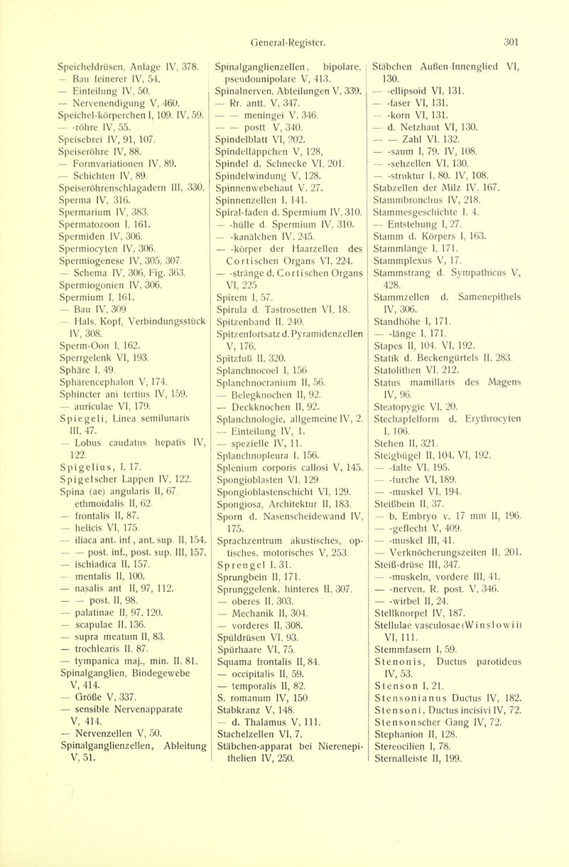 Speicheldrüsen, Anlage IV, 378. — Bau feinerer IV, 54. — Einteilung IV, 50. — Nervenendigung V, 460. Speichel-körperchen I, 109. IV, 59. röhre IV, 55. Speisebrei IV, 91, 107. Speiseröhre IV, 88. — Formvariationen IV, 89. — Schichten IV, 89. Speiseröhrenschlagadern III, 330. Sperma IV, 316. Spermarium IV, 383. Spermatozoon I, 161. Spermiden IV, 306. Spermiocyten IV, 306. Spermiogenese IV, 305, 307. — Schema IV, 306, Fig. 363. Spermiogonien IV, 306. Spermium I, 161. — Bau IV,309 — Hals, Kopf, Verbindungsstück IV, 308. Sperm-Oon I, 162. Sperrgelenk VI, 193. Sphäre I, 49. Sphärencephalon V, 174. Sphincter ani tertius IV. 159. — auriculae VI, 179. Spiegeli, Linea semilunaris III, 47. — Lobus caudatus hepatis IV, 122. Spigelius, I. 17. Spigelscher Lappen IV, 122. Spina (ae) angularis II, 67. ethmoidalis II, 62. — frontalis II, 87. — helicis VI. 175. — iliaca ant. inf, ant. sup. II, 154. — — post. inf., post. sup. III, 157. — ischiadica II, 157. — mentalis II, 100. — nasalis ant II, 97, 112. post. II, 98. — palatinae II, 97. 120. — scapulae II, 136. — supra meatum II, 83. — trochlearis 11, 87. — tympanica maj., min. II, 81. Spinalganglien. Bindegewebe V, 414. — Größe V, 337. — sensible Nervenapparate V, 414. — Nervenzellen V, 50. Spinalganglienzellen, Ableitung V, 51. Spinalganglienzellen, bipolare, pseudounipolare V, 413. Spinalnerven, Abteilungen V. 339. — Rr. antt. V, 347. meningei V, 346. postt V, 340. Spindelblatt VI, 202. Spindelläppchen V, 128, Spindel d. Schnecke VI, 201. Spindelwindung V, 128. Spinnenwebehaut V, 27. Spinnenzellen I, 141. Spiral-faden d. Spermium IV, 310. hülle d. Spermium IV, 310. kanälchen IV, 245. — -körper der Haarzellen des Cortischen Organs VI, 224. stränge d. Cortischen Organs VI, 225 Spirem I, 57. Spirula d. Tastrosetten VI. 18. Spitzenband 11, 240. Spitzenfortsatz d. Pyramidenzellen V, 176. Spitzfuß 11, 320. Splanchnocoel I, 156. Splanchnocranium II, 56. — Belegknochen II, 92. — Deckknochen II, 92. Splanchnologie, allgemeine IV, 2. — Einteilung IV, 1. — spezielle IV, 11. Splanchnopleura I, 156. Splenium corporis callosi V, 145. Spongioblasten VI, 129 Spongioblastenschicht VI, 129. Spongiosa, Architektur II, 183. Sporn d. Nasenscheidewand IV, 175. Sprachzentrum akustisches, op- tisches, motorisches V, 253. Sp ren gel 1, 31. Sprungbein II, 171. Sprunggelenk, hinteres II, 307. — oberes II, 303. — Mechanik II, 304. — vorderes 11,308. Spüldrüsen VI, 93. Spürhaare VI, 75. Squama frontalis II, 84. — occipitalis II, 59. — temporalis II, 82. S. romanum IV, 150 Stabkranz V, 148. — d. Thalamus V, III. Stachelzellen VI, 7. Stäbchen-apparat bei Nierenepi- thelien IV, 250. Stäbchen Außen Innenglied VI, 130. — -ellipsoid VI, 131. — -faser VI, 131. — -korn VI, 131. — d. Netzhaut VI, 130. Zahl VI. 132. — -saum I, 79. IV, 108. — -sehzellen VI, 130. — -struktur 1, 80. IV, 108. Stabzellen der Milz IV, 167. Stammbronclius IV, 218. Stammesgeschichte I, 4. — Entstehung I, 27. Stamm d. Körpers I, 163. Stammlänge I, 171. Stammplexus V, 17. Stammstrang d. Sympathicus V, 428. Stammzellen d. Samenepithels IV, 306. Standhöhe I, 171. länge I, 171. Stapes II, 104. VI, 192. Statik d. Beckengürtels II. 283. Statolithen VI, 212. Status mamillaris des Magens IV, 96. Steatopygie VI, 20. Stechapfelform d. Erythrocyten I, 106. Stehen II. 321. Steigbügel II, 104. VI, 192. — -falte VI, 195. — -furche VI, 189. — -muskel VI, 194. Steißbein II, 37. ~ b. Embryo v. 17 mm II, 196. — -geflecht V, 409. muskel III, 41. — Verknöcherungszeiten II, 201. Steiß-drüse III, 347. — -muskeln, vordere III, 41. nerven, R. post. V, 346. — -Wirbel II, 24. Stellknorpel IV, 187. Stellulae vasculosae(Winslowii) VI, III. Stemmfasern I, 59. Stenonis, Ductus parotideus IV, 53. Stenson I, 21. Stensonianus Ductus IV, 182. Stensoni, Ductus incisivi IV, 72. Stensonscher Gang IV, 72. Stephanion II, 128. Stereocilien I, 78. Sternalleiste II, 199.