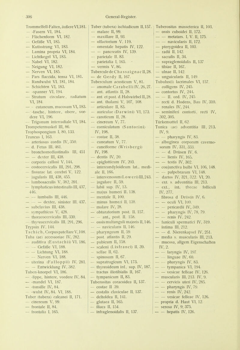 Trommelfell-Falten, äußere VI,181. — -Fasern VI, 184. — Flächenform VI, 182. — Gefäße VI, 185. — Kutisstrang VI, 183. — Lamina propria VI, 184. — Lichtkegel VI, 183. — Nabel VI, 182. — Neigung VI, 182. — Nerven VI, 185. — Pars flaccida, tensa Vi, 181. — Randwulst VI, 181, 184. — Schichten VI, 183. — -Spanner VI, 194. — Stratum circulare, radiatum VI, 184. cutaneum, mucosum VI, 183. tasche, hintere, obere, vor- dere VI, 196. — Trigonum interradiale VI, 184. Trompetermuskel III, 86. Trophospongium I. 80, 133. Truncus I, 163. — arteriosus cordis IV, 350. — d. Fetus III, 461. — bronchomediastinalis III, 451 dexter III, 438. — corporis callosi V, 144. — costocervicalis 111,291,298. — fissurae lat. cerebri V, 122. — jugularis III, 438, 455. — lumbosacralis V, 382, 391. — lymphaticus intestinalis III, 437, 446. lumbalis III, 446. — — — dexter, sinister III. 437. — subclavius III, 438. — sym-pathicus V, 428. — thoracocervicalis III, 330. — thyreocervicalis 111,291,296. Trypsin IV. 144. Tschich, CorpuspatellareV, 108. Tuba (ae) accessoriae IV, 282. — auditiva (Eustachii) VI, 186. Gefäße VI, 188. Lichtung VI, 188. Nerven VI, 188. — uterina (Falloppii) IV, 281. Entwicklung IV, 382. Tuben-knorpel VI, 186. — -lippe, hintere, vordere IV, 84. — -mandel VI, 187. — -tonsille IV, 84. — -wulst IV, 84. VI, 188. Tuber (tubera) calcanei II, 171. — cinereum V. 99. — frontale II, 84. — frontalia I. 165. Tuber (tubera) ischiadicum 11,157. — malare II, 99. — maxillare II, 93. — olfactorium V, 119. — omentale hepatis IV. 122. — — pancreatis IV, 139. — parietale II, 83. — parietalia I, 165. - — vermis V, 86. Tubercule de C h a s s a i g n a c II, 28. — de Gerdy II, 167. Tuberculum acusticum V, 81. — anomale Carabelli IV, 26,27. — ant. atlantis II, 28. — ant. et post.d. Halswirbel 11,28. — ant. thalami V, 107, 108. — articulare II, 83. — auriculae iDarwini) VI, 173. — caroticum II, 28. — cinereum V. 77. — corniculatum (Santorini) IV, 198. — costae II, 38. — cuneatum V, 77. — cuneiforme (Wrisbergi) IV, 198. — dentis IV, 20. — epiglotticum IV, 203, — intercondyloideum lat., medi- ale II, 166. — intervenosum(Loweri)III,243. — jugulare II, 59. — labii sup. IV, 13. — majus humeri II, 138. — mentale II, 100. — minus humeri II, 138. — molare IV, 28. — obturatorium post. II. 157. — — ant., post. II, 158. — ossismultanguli majoris II, 146. — — navicularis II, 146. — pharyngeum II, 59. — post. atlantis II, 29. — pubicum II, 158. — scaleni (Lisfranci) 11,39. — sellae II, 62. — spinosum II, 67. — supratragicum VI, 173. — thyreoideum inf.. sup. IV, 187. — tractus iliotibialis II, 167. — tympanicum II, 83. Tuberositas coracoidea II, 137. — costae II 39. — costalis claviculae II, 137. — deltoidea II, 141. — glutaea II, 165. — iliaca II, 154. — infraglenoidalis II, 137. Tuberositas masseterica II, 103. — ossis cuboidei II, 172. metatars. I, V. II, 175. navicularis II, 172. — pterygoidea II, 103. — radii II, 142. — sacralis II, 34. — supraglenoidalis II, 137 — tibiae II, 167. — ulnae II, 142. — unguicularis II, 149. Tubulus(i) lacrimales VI, 1.57. — colligens IV, 245. — contortus IV, 244. II. ord. IV, 245. — recti d. Hodens, Bau IV, 310. — renales IV, 244. — seminiferi contorti. recti IV, 302, 305. Türkensattel II, 62. Tunica lae) adventitia III, 213. IV, 9. pharyngis IV, 83. — albuginea corporum caverno- sorum IV, 331, 333. d. Drüsen IV, 6. lienis IV, 165. testis IV, 302. — coujunctiva bulbi VI, 106, 148. palpebrarum VI, 148. — dartos IV, 321, 322, VI, 20. — ext, s. adventitia III, 213. — ext., int. thccae folliculi IV, 277. — fibrosa d Drüsen IV, 6. oculi VI, lUO. — — pericardii IV, 349. pharyngis IV, 78. 79. renis IV, 242. — funiculi spermatici IV, 319. — intima III, 212. d. Nierenkapsel IV, 251. — media s. muscularis III, 213. — mucosa, allgem. Eigenschaften IV, 2. laryngis IV, 197. linguae IV, 60. pharyngis IV, 83. tympanica VI, 194. vesicae felleae IV, 126. — muscularis III, 213. IV, 9. cervicis uteri IV, 285. pharyngis IV, 79. renis IV, 242. vesicae felleae IV, 126. — propria d. Haut VI. 12. — serosa IV, 9, 375. hepatis IV, 126.