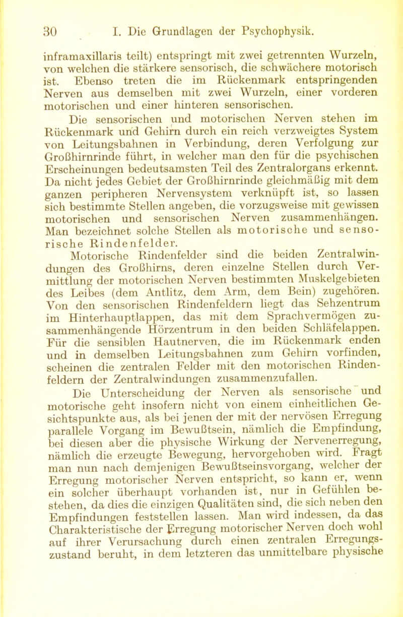 inframaxillaris teilt) entspringt mit zwei getrennten Wurzeln, von welchen die stärkere sensorisch, die schwächere motorisch ist. Ebenso treten die im Rückenmark entspringenden Nerven aus demselben mit zwei Wurzeln, einer vorderen motorischen und einer lünteren sensorischen. Die sensorischen und motorischen Nerven stehen im Rückenmark und Gehirn durch ein reich verzweigtes System von Leitungsbahnen in Verbindung, deren Verfolgung zur Großhirnrinde führt, in welcher man den für die psychischen Erscheinungen bedeutsamsten Teil des Zentralorgans erkennt. Da nicht jedes Gebiet der Großhirnrinde gleichmäßig mit dem ganzen peripheren Nervensystem verknüpft ist, so lassen sich bestimmte Stellen angeben, die vorzugsweise mit gewissen motorischen und sensorischen Nerven zusammenhängen. Man bezeichnet solche Stellen als motorische und senso- rische Rindenfelder. Motorische Rindenfelder sind die beiden Zentralwin- dungen des Großhirns, deren einzelne Stellen durch Ver- mittlung der motorischen Nerven bestimmten Muskelgebieten des Leibes (dem Antlitz, dem Arm, dem Bein) zugehören. Von den sensorischen Rindenfeldern hegt das Sehzentrum im Hinterhauptlappen, das mit dem Sprachvermögen zu- sammenhängende Hörzentrum in den beiden Schläfelappen. Für die sensiblen Hautnerven, die im Rückenmark enden und in demselben Leitungsbahnen zum Gehirn vorfinden, scheinen die zentralen Felder mit den motorischen Rinden- feldern der Zentralwindungen zusammenzufallen. Die Unterscheidung der Nerven als sensorische und motorische geht insofern nicht von einem einheitlichen Ge- sichtspunkte aus, als bei jenen der mit der nervösen Erregung parallele Vorgang im Bewußtsein, nämlich die Empfindung, bei diesen aber die physische Wirkung der Nervenerregung, nämhch die erzeugte Bewegung, hervorgehoben wird. Fragt man nun nach demjenigen Bewußtseinsvorgang, welcher der Erregung motorischer Nerven entspricht, so kann er, wenn ein solcher überhaupt vorhanden ist, nur in Gefühlen be- stehen, da dies die einzigen Qualitäten sind, die sich neben den Empfindungen feststellen lassen. Man wird indessen, da das Charakteristische der Erregung motorischer Nerven doch wohl auf ihrer Verursachung durch einen zentralen Erregungs- zustand beruht, in dem letzteren das unmittelbare physische