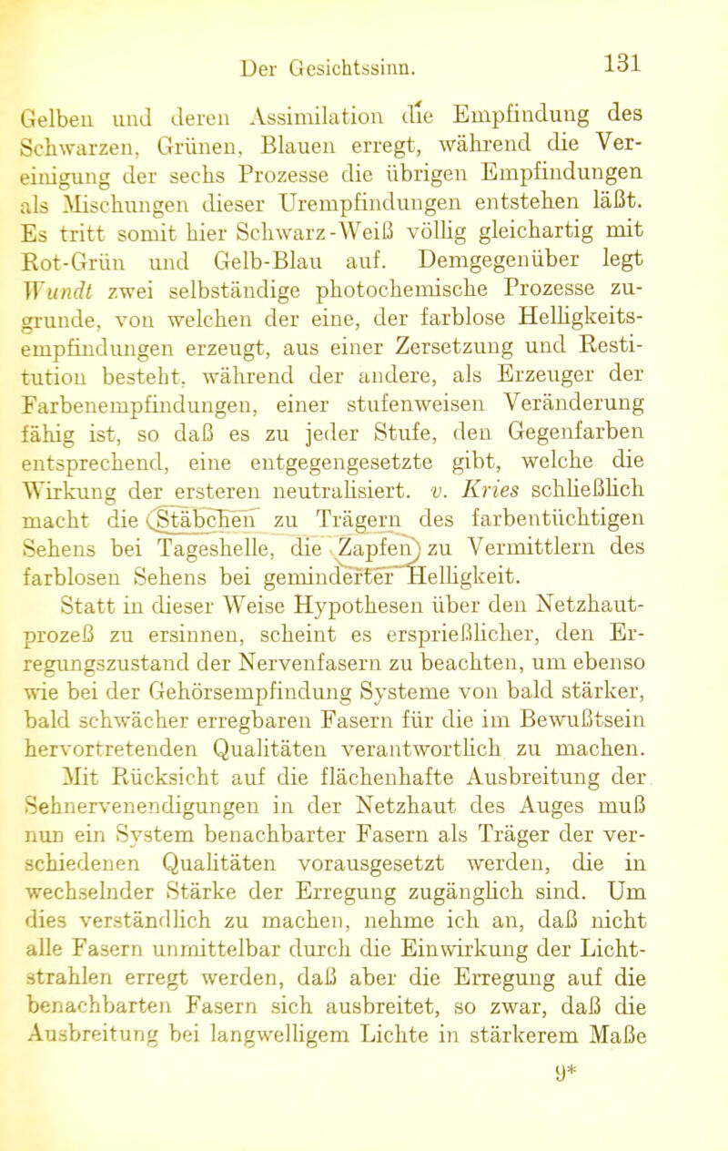 Gelben und deren Assimilation die Empfindung des Schwarzen, Grünen, Blauen erregt, während die Ver- einigung der sechs Prozesse die übrigen Empfindungen als Mischungen dieser Urempfindungen entstehen läßt. Es tritt somit hier Schwarz-Weiß völlig gleichartig mit Rot-Grün und Gelb-Blau auf. Demgegenüber legt Wandt zwei selbständige photochemische Prozesse zu- grunde, von welchen der eine, der farblose Helhgkeits- empfindimgen erzeugt, aus einer Zersetzung und Resti- tution besteht, während der andere, als Erzeuger der Farbenempfindungen, einer stufenweisen Veränderung fähig ist, so daß es zu jeder Stufe, den Gegenfarben entsprechend, eine entgegengesetzte gibt, welche die Wirkung der ersteren neutralisiert, v. Kries schließlich macht die (Stäbchen zu Trägern des farbentüchtigen Sehens bei Tageshelle, die Zapfen) zu Vermittlern des farblosen Sehens bei geminderterHelügkeit. Statt in dieser Weise Hypothesen über den Netzhaut- prozeß zu ersinnen, scheint es ersprießlicher, den Er- regungszustand der Nervenfasern zu beachten, um ebenso wie bei der Gehörsempfindung Systeme von bald stärker, bald schwächer erregbaren Fasern für die im Bewußtsein hervortretenden Qualitäten verantwortlich zu machen. Mit Rücksicht auf die flächenhafte Ausbreitung der Sehnervenendigungen in der Netzhaut des Auges muß nun ein System benachbarter Fasern als Träger der ver- schiedenen Qualitäten vorausgesetzt werden, die in wechselnder Stärke der Erregung zugänglich sind. Um dies verständlich zu machen, nehme ich an, daß nicht alle Fasern unmittelbar durch die Einwirkung der Licht- strahlen erregt werden, daß aber die Erregung auf die benachbarten Fasern sich ausbreitet, so zwar, daß die Ausbreitung bei langwelligem Lichte in stärkerem Maße y*