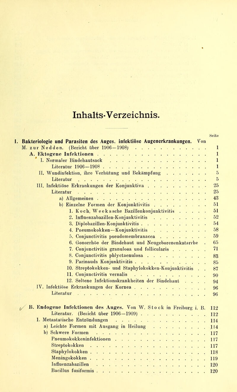 Inhalts-Verzeichnis. Seite 1. Bakteriologie und Parasiten des Auges, infektiöse Augenerkrankungen. Von M. zur Nedden. (Bericht über 1906-1908) 1 A. Ektogene Infektionen 1 I. Normaler Bindehautsack 1 Literatur 1906—1908 1 II. Wundinfektion, ihre Verhütung und Bekämpfung 5 Literatur 5 III. Infektiöse Erkrankungen der Konjunktiva 25 Literatur 25 a) Allgemeines 43 b) Einzelne Formen der Konjunktivitis 51 1. Koch, Weekssche Bazillenkonjunktivitis 51 2. Influenzabazillen-Konjunktivitis 52 3. Diplobazillen-Konjunktivitis 54 4. Pneumokokken—Konjunktivitis 58 5. Conjunctivitis pseudomembranacea 59 6. Gonorrhöe der Bindehaut und Neugeborenenkatarrhe . 65 7. Conjunctivitis granulosa und follicularis 71 8. Conjunctivitis phlyctaenulosa 83 9. Parinauds Konjunktivitis 85 10. Streptokokken- und Staphylokokken-Konjunktivitis . . 87 11. Conjunctivitis vernalis 90 12. Seltene Infektionskrankheiten der Bindehaut .... 94 IV. Infektiöse Erkrankungen der Kornea 96 Literatur 96 (/ ß. Endogene Infektionen des Auges. Von W. Stock in Freiburg i. ß. 112 Literatur. (Beiicht über 1906—1909) 112 1. Metastatische Entzündungen 114 a) Leichte Formen mit Ausgang in Heilung 114 b) Schwere Formen 117 Pneumokokkeninfektionen 117 Streptokokken 117 Staphylokokken 118 Meningokokken 119 Influenzabazillen 120 Bacillus fusiformis 120