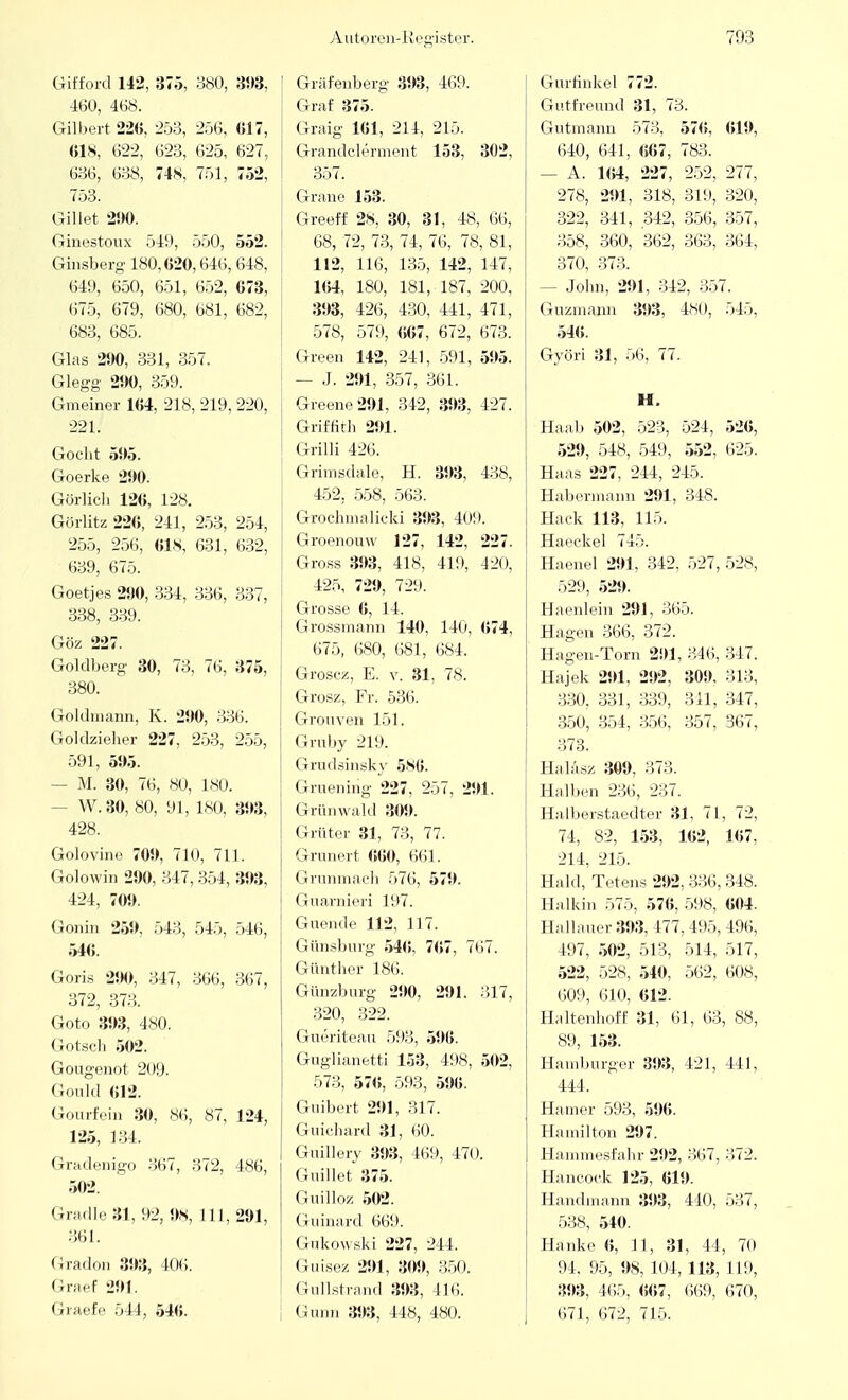 Gifford 142, 375, 380, 393. 460, 468. Gilbert 226, 253, 256, 617, 618, 622, 623, 625, 627, 636, 638, 748, 751, 752, 753. Gillet 290. Ginestoux 541', 550, 552. Ginsberg 180,620,646, 648, 649, 650, 651, 652, 673, 675, 679, 680, 681, 682, 683, 685. Glas 290, 331, 357. Glegg 290, 359. Gineiner 164, 218, 219, 220, 221. Goclit 595. Goerke 290. Görlich 126, 128. Görlitz 226, 241, 253, 254, 255, 256, 618, 631, 632, 639, 675. Goetjes 290, 334, 336, 337, 338, 339. Göz 227. Goldberg 30, 73, 76, 375, 380. Goldmann, K. 290, 336. Goldzieher 227, 253, 255, 591, 595. - M. 30, 76, 80, 180. - W. 30, 80, 91, 180, 393, 428. Golovine 709, 710, 711. Golowin 290, 347,354, 393, 424, 709. Gonin 259, 543, 545, 546, 546. Goris 290, 347, 366, 367, 372, 373. Goto 393, 480. Gotsch 502. Gougenot 209. Gonld 612. Gourfein 30, 86, 87, 124, 125, 134. Gradenigo 367, 372, 486, 502. Gradle 31, 92, 9S, 111, 291, 361. Gradon 393, 406. Graef 291. Graefe 544, 546. I Gräfenberg 393, 469. Graf 375. Graig 161, 214, 215. Grandclerment 153, 302, 357. Grane 153. Greeff 28, 30, 31, 48, 66, 68, 72, 73, 74, 76, 78, 81, 112, 116, 135, 142, 147, 104, 180, 181, 187, 200, 393, 426, 430, 441, 471, 578, 579, 667, 672, 673. Green 142, 241, 591, 595. — J. 291, 357, 361. Greene 291, 342, 393, 427. Griffirh 291. Grilli 426. Grimsdale, H. 393, 438, 452, 558, 563. Grocbmalicki 393, 409. Groenouw 127, 142, 227. Gross 393, 418, 419, 420, 425, 729, 729. Grosse 6, 14. Grossinann 140, 140, 674, 675, 680, 681, 684. Groscz, E. v. 31, 78. Grosz, Fr. 536. Grouven 151. Gruby 219. Grudsinsky 586. Gruening 227, 257, 291. Grünwald 309. Griiter 31, 73, 77. Grunert 660, 661. Grunmach 576, 579. Guarnieri 197. Guende 112, 117. Günsburg 546, 767, 767. Günther 186. Günzburg 290, 291. 317, 320, 322. Gueriteau 593, 596. Guglianetti 153, 498, 502, 573, 576, 593, 596. Guibert 291, 317. Guichard 31, 60. Guillery 393, 469, 470. Guillet 375. Guilloz 502. Guinard 669. Gnkowski 227, 244. Guisez 291, 309, 350. <:nlIstrand 393, 416. Gunn 393, 448, 480. Gurrinkel 772. Gutfreund 31, 73. Gutmann 573, 576, 619, 640, 641, 667, 783. - A. 164, 227, 252, 277, 278, 291, 318, 319, 320, 322, 341, 342, 356, 357, 358, 360, 362, 363, 364, 370, 373. — John, 291, 342, 357. Guzmann 393, 480, 545, 546. Györi 31, 56, 77. H, Haab 502, 523, 524, 526, 529, 548, 549, 552, 625. Haas 227, 244, 245. Haberinann 291, 348. Hack 113, 115. Haeckel 745. Haenel 291, 342, 527, 528, 529, 529. Haenlein 291, 365. Hagen 366, 372. Hagen-Torn 291, 346, 347. Hajek 291, 292, 309, 313, 330, 331, 339, 311, 347, 350, 354, 356, 357, 367, 373. Haläsz 309, 373. Halben 236, 237. Halberstaedter 31, 71, 72, 74, 82, 153, 162, 1(57, 214, 215. Haid, Tetens 292, 336,348. Halkin 575, 576, 598, 604. Hallauer 393, 477,495,496, 497, 502, 513, 514, 517, 522, 528, 540, 562, 608, 609, 610, 612. Haltenhoff 31, 61, 63, 88, 89, 153. Hamburger 393, 421, 441, 444. Hamer 593, 596. Hamilton 297. Hainmesfahr 292, 367, 372. Hancock 125, 619. Handmann 393, 440, 537, 538, 540. Hanke 6, 11, 31, 44, 70 94. 95, 98, 104, 113, 119, 393, 465, 667, 669, 670, 671, 672, 715.