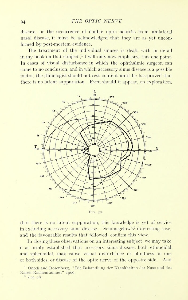 disease, or the occurrence of double optic neuritis from unilateral nasal disease, it must be acknowledged that they are as yet uncon- firmed by post-mortem evidence. The treatment of the individual sinuses is dealt with in detail in my book on that subject ;^ I will onJy now emphasize this one point. In cases of visual disturbance in which the ophthalmic surgeon can come to no conclusion, and in which accessory sinus disease is a possible factor, the rhinologist should not rest content until he has proved that there is no latent suppuration. Even should it appear, on exploration, L Fig. 50. that there is no latent suppuration, this knowledge is yet of service in excluding accessory sinus disease. Schmiegelow's- interesting case, and the favourable results that followed, confirm this view. In closing these observations on an interesting subject, we may take it as firmly established that accessory sinus disease, both ethmoidal and sphenoidal, may cause visual disturbance or blindness on one or both sides, or disease of the optic nerve of the opposite side. And ^ Onodi and Rosenberg,  Die Behandlung dcr Krankheiten der Nase und des Nasen-Rachenraumes, 1906. ^ Loc. cit.