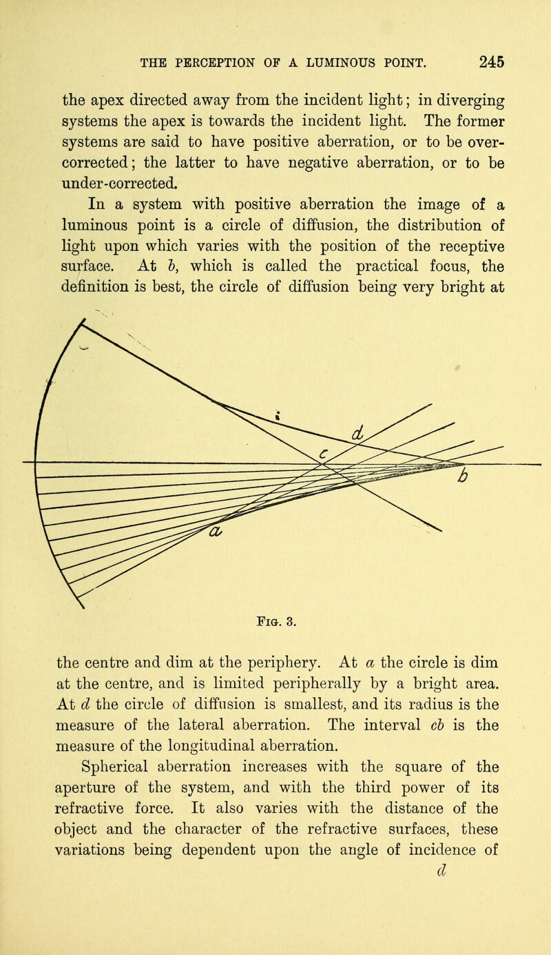 the apex directed away from the incident light; in diverging systems the apex is towards the incident light. The former systems are said to have positive aberration, or to be over- corrected; the latter to have negative aberration, or to be under-corrected. In a system with positive aberration the image of a luminous point is a circle of diffusion, the distribution of light upon which varies with the position of the receptive surface. At b, which is called the practical focus, the definition is best, the circle of diffusion being very bright at Pig. 3. the centre and dim at the periphery. At a the circle is dim at the centre, and is limited peripherally by a bright area. At d the circle of diffusion is smallest, and its radius is the measure of the lateral aberration. The interval cb is the measure of the longitudinal aberration. Spherical aberration increases with the square of the aperture of the system, and with the third power of its refractive force. It also varies with the distance of the object and the character of the refractive surfaces, these variations being dependent upon the angle of incidence of d