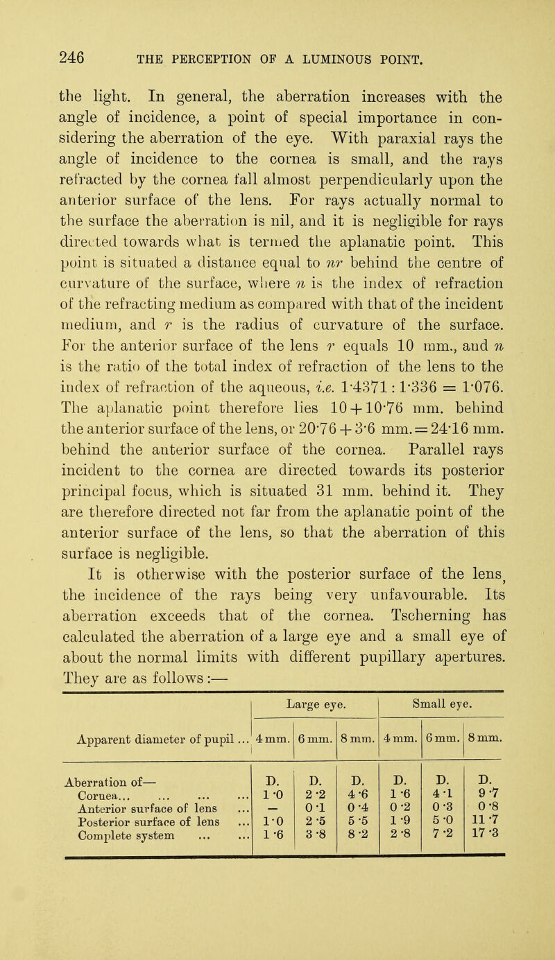 the light. In general, the aberration increases with the angle of incidence, a point of special importance in con- sidering the aberration of the eye. With paraxial rays the angle of incidence to the cornea is small, and the rays refracted by the cornea fall almost perpendicularly upon the anterior surface of the lens. For rays actually normal to the surface the aberration is nil, and it is negligible for rays directed towards what is termed the aplanatic point. This point is situated a distance equal to nr behind the centre of curvature of the surface, where n is the index of refraction of the refracting medium as compared with that of the incident medium, and r is the radius of curvature of the surface. For the anterior surface of the lens r equals 10 mm., and n is the ratio of the total index of refraction of the lens to the index of refraction of the aqueous, i.e. 1/4371:1'336 = 1*076. The aplanatic point therefore lies 10 + 10*76 mm. behind the anterior surface of the lens, or 20'76 + 3'6 mm. = 24*16 mm. behind the anterior surface of the cornea. Parallel rays incident to the cornea are directed towards its posterior principal focus, which is situated 31 mm. behind it. They are therefore directed not far from the aplanatic point of the anterior surface of the lens, so that the aberration of this surface is negligible. It is otherwise with the posterior surface of the lens? the incidence of the rays being very unfavourable. Its aberration exceeds that of the cornea. Tscherning has calculated the aberration of a large eye and a small eye of about the normal limits with different pupillary apertures. They are as follows :— Apparent diameter of pupil... Large eye. Small eye. 4 mm. 6 mm. 8 mm. 4 mm. 6 mm. 8 mm. Aberration of— D. D. D. D. D. D. Cornea... 1-0 2-2 4-6 1 -6 4-1 9-7 Anterior surface of lens o-i 0*4 0-2 0*3 0-8 Posterior surface of lens 1-0 2 5 5 -5 1 -9 5-0 11-7 Complete system 1 -6 3-8 8-2 2-8 7-2 17 '3