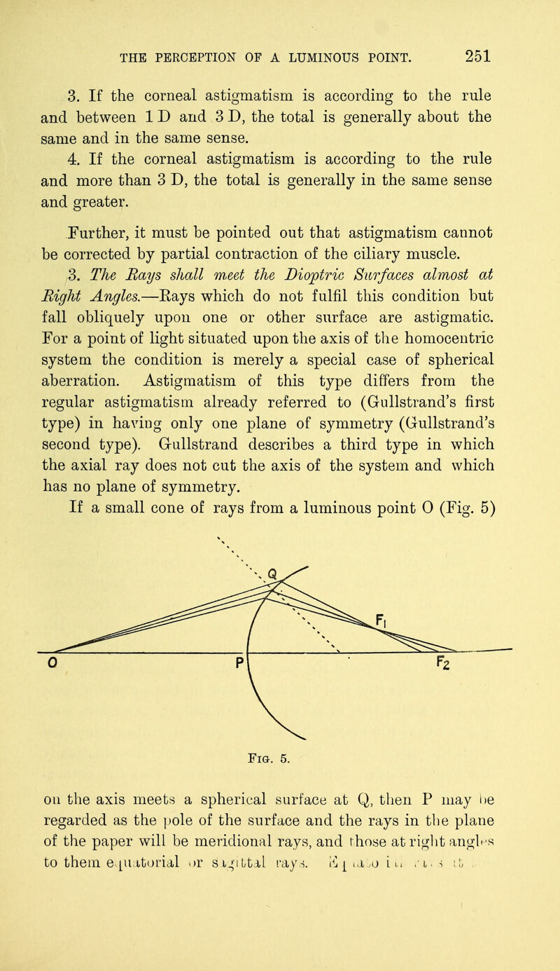 3. If the corneal astigmatism is according to the rule and between 1 D and 3 D, the total is generally about the same and in the same sense. 4. If the corneal astigmatism is according to the rule and more than 3 D, the total is generally in the same sense and greater. Further, it must be pointed out that astigmatism cannot be corrected by partial contraction of the ciliary muscle. 3. The Hays shall meet the Dioptric Surfaces almost at Bight Angles.—Eays which do not fulfil this condition but fall obliquely upon one or other surface are astigmatic. For a point of light situated upon the axis of the homocentric system the condition is merely a special case of spherical aberration. Astigmatism of this type differs from the regular astigmatism already referred to (Gullstrand's first type) in having only one plane of symmetry (Gullstrand's second type). Gullstrand describes a third type in which the axial ray does not cut the axis of the system and which has no plane of symmetry. If a small cone of rays from a luminous point 0 (Fig. 5) ou the axis meets a spherical surface at Q, then P may he regarded as the pole of the surface and the rays in the plane of the paper will be meridional rays, and those at right angles to them equatorial <>r sigittal ray s, i^.j^o L u . i s it .